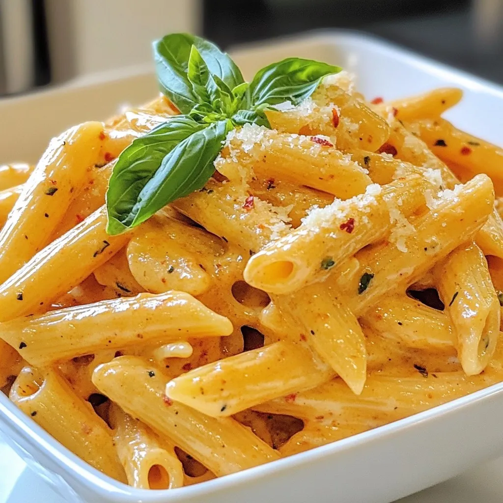To make creamy roasted red pepper pasta, gather these items: - 12 oz (340g) pasta (penne or fettuccine works well) - 2 large red bell peppers, roasted - 1 cup heavy cream or coconut cream for a dairy-free option - 2 cloves garlic, minced - 1 tablespoon olive oil - 1 teaspoon Italian seasoning - 1/2 cup grated Parmesan cheese (or nutritional yeast for a vegan option) - Salt and pepper to taste - Fresh basil leaves for garnish - Crushed red pepper flakes (optional, for added heat) You can change some ingredients to suit your taste or needs: - Use whole wheat or gluten-free pasta for a different base. - Swap heavy cream with cashew cream for a creamy vegan option. - Add spinach or kale for extra greens in the sauce. - Try adding cooked chicken or shrimp for a protein boost. - Use different herbs like thyme or oregano for a unique flavor twist. This pasta dish serves about four people. Here’s a rough idea of its nutritional value per serving: - Calories: 550 - Protein: 15g - Carbohydrates: 65g - Fat: 25g - Fiber: 3g - Sugar: 4g These values can change based on your substitutions. Always check the labels for exact amounts. Enjoy this tasty meal while keeping an eye on nutrition! {{ingredient_image_1}} Start by preheating your oven to 450°F (230°C). Grab two large red bell peppers and place them on a baking sheet. Roast them for about 20 to 25 minutes. Turn them every so often. You want the skins to blister and char. This adds great flavor! Once done, take them out and place them in a bowl. Cover it with plastic wrap for around 10 minutes. This helps steam off the skins. When they cool, peel off the skins and remove the seeds. While the peppers cool, fill a large pot with water. Add a good amount of salt and bring it to a boil. Once boiling, add 12 ounces of your choice of pasta, like penne or fettuccine. Cook the pasta according to the package instructions until it's al dente. This usually takes about 8 to 10 minutes. After it's ready, drain the pasta and set it aside. Now, let’s make the sauce! In a blender, combine the roasted red peppers, 1 cup of heavy cream, the minced garlic, and 1 teaspoon of Italian seasoning. Add a pinch of salt and pepper. Blend everything until it's smooth and creamy. This sauce is the heart of the dish! Next, take the pot you used for the pasta and heat 1 tablespoon of olive oil over medium heat. Pour in the creamy red pepper sauce and warm it for about 2 to 3 minutes. Stir constantly to keep it smooth. Once warmed, add your cooked pasta and 1/2 cup of grated Parmesan cheese. Toss everything together. Make sure the pasta is well coated. If the sauce seems too thick, add a tablespoon of pasta water to thin it out. Taste your pasta. Adjust salt, pepper, or add crushed red pepper flakes for some heat. Now, serve your creamy roasted red pepper pasta hot. Garnish with fresh basil leaves or more Parmesan if you like. Enjoy! To get great roasted red peppers, start with fresh bell peppers. Look for ones that are firm and shiny. Preheat your oven to 450°F (230°C). Place the peppers on a baking sheet. Roast them for about 20-25 minutes. Turn them often, so they cook evenly. When they blister and char, they are ready. After roasting, cover them in a bowl with plastic wrap. Let them steam for 10 minutes. This makes peeling easier. Once cool, peel off the skins and remove the seeds. You will have sweet, smoky peppers for your sauce. For the creamy sauce, you can use different ingredients. Heavy cream gives a rich taste, but coconut cream is a great dairy-free option. If you want a lighter sauce, try using Greek yogurt. For a vegan twist, use nutritional yeast instead of Parmesan cheese. This adds a nice cheesy flavor. You can also blend in some spinach or kale for extra nutrition. Experiment with what you have and find your favorite mix! If you like a bit of heat, add crushed red pepper flakes. Start with a small pinch and taste. You can always add more if you want it spicier. If you prefer milder flavors, skip the red pepper flakes completely. Make sure to taste the sauce before serving. This way, you can adjust salt and pepper too. Balancing these flavors is key to a delicious dish. Pro Tips Use Fresh Ingredients: Always opt for fresh bell peppers and herbs for the best flavor in your dish. Adjust Creaminess: If you prefer a lighter sauce, feel free to reduce the amount of cream or substitute with a plant-based alternative. Perfect Pasta Cooking: Ensure your pasta is al dente for the best texture; it will continue to cook slightly when mixed with the sauce. Customize Seasoning: Don't hesitate to tweak the seasoning to your taste; add more Italian seasoning or spices for extra depth. {{image_2}} To make this dish vegan, swap heavy cream for coconut cream. Use nutritional yeast instead of Parmesan cheese. The taste stays rich and creamy. This option works well for those avoiding animal products. You still get the same delicious flavor. Just blend the roasted peppers, garlic, and coconut cream. For extra protein, you can add grilled chicken or shrimp. Tofu also makes a great choice for a plant-based option. Cook it until golden and mix it in with the pasta. You can also use beans, like chickpeas or white beans. They add protein and fiber without changing the taste much. If you need gluten-free pasta, use rice or corn pasta. These options cook well and hold the sauce nicely. Cook them according to the package instructions. The flavor of the roasted peppers shines through, even with gluten-free pasta. You won’t miss traditional pasta at all. After cooking, let the creamy roasted red pepper pasta cool down. Place it in an airtight container. Store it in the fridge for up to three days. When you want to eat it, check for any signs of spoilage. You can freeze this pasta for later use. First, let it cool completely. Then, transfer it to a freezer-safe container. It can last up to three months in the freezer. When you're ready to enjoy it, just thaw it overnight in the fridge. To reheat the pasta, use a saucepan. Add a splash of water or cream to keep it moist. Heat on low, stirring often until warm. You can also use a microwave. Cover the dish and heat in short bursts, stirring in between. This keeps the pasta creamy and delicious. Yes, you can use jarred roasted red peppers. They save time and are handy. Just rinse them to remove excess oil and salt. This will make your dish lighter. The flavor will still be great, but fresh peppers add a nice touch. To make this dish dairy-free, swap heavy cream for coconut cream. Use nutritional yeast instead of Parmesan cheese for a cheesy taste. This keeps it creamy and delicious without dairy. You won’t miss the cream at all! You can serve this pasta with a simple green salad. Garlic bread pairs well, too. For protein, grilled chicken or shrimp works great. You could also add roasted vegetables for extra flavor. Creamy roasted red pepper pasta lasts about 3 to 5 days in the fridge. Store it in an airtight container to keep it fresh. When reheating, add a splash of water or cream for moisture. This helps the sauce stay creamy and tasty. This blog covered how to make creamy roasted red pepper pasta. We discussed ingredients, cooking steps, and storage tips. You can make simple swaps to fit your diet. Remember, roasting peppers adds flavor. You can choose vegan or gluten-free options too. With these tips, you can enjoy this dish your way. Keep experimenting, and make this recipe yours! Enjoy your cooking journey!