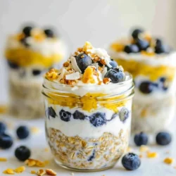 - 1 cup rolled oats - 1 cup almond milk (or coconut milk) - 1 cup Greek yogurt (or dairy-free yogurt) - 1/2 cup shredded unsweetened coconut - 1 cup fresh blueberries (plus extra for topping) - 2 tablespoons honey or maple syrup (adjust to taste) - 1 teaspoon vanilla extract - A pinch of salt - Optional toppings (chopped nuts) For this Blueberry Coconut Overnight Oats recipe, you need simple and tasty ingredients. Start with rolled oats. They are the base of your dish. Next, choose between almond milk or coconut milk. Both add creaminess to your oats. Greek yogurt is next. It adds protein and a rich taste. If you want a dairy-free option, use dairy-free yogurt. Shredded unsweetened coconut brings a nice texture and flavor. Fresh blueberries are key for sweetness and color. You can sweeten your oats with honey or maple syrup. Adjust the amount based on your taste. Add a splash of vanilla extract for extra flavor. A pinch of salt enhances all the flavors in the dish. Finally, if you like, top with chopped nuts like almonds or walnuts for crunch. Using these ingredients, you will make a delightful and healthy breakfast. {{ingredient_image_1}} - Step 1: Combine base ingredients In a mixing bowl, add 1 cup of rolled oats. Pour in 1 cup of almond milk or coconut milk. Add 1 cup of Greek yogurt or dairy-free yogurt. Then, mix in 2 tablespoons of honey or maple syrup, a teaspoon of vanilla extract, and a pinch of salt. Stir well until everything is blended. - Step 2: Fold in coconut and blueberries Gently fold in 1/2 cup of shredded unsweetened coconut and 1 cup of fresh blueberries. Be careful not to mash the blueberries too much. This step keeps them whole and juicy. - Step 3: Portion into jars Divide the mixture evenly between two jars or containers. Make sure to use jars with lids to keep them fresh. This makes it easy to grab and go in the morning. - Step 4: Refrigerate overnight Seal the jars tightly. Place them in the fridge and let them chill overnight. If you're short on time, let them soak for at least 4 hours. This helps the oats soften and absorb the flavors. - Step 5: Final touches before serving In the morning, give the oats a good stir. If you like, add a splash of almond milk to reach your desired consistency. Top with extra blueberries, a sprinkle of shredded coconut, and chopped nuts if you want some crunch. Enjoy your tasty breakfast! - Best soaking times for optimal texture: Soak your oats for at least four hours. Overnight is best. This gives the oats time to absorb the liquid and become soft. - How to adjust sweetness to preference: Start with two tablespoons of honey or maple syrup. Taste and add more if you like it sweeter. Everyone has different tastes, so make it yours! - Tips for achieving a creamy consistency: Use Greek yogurt for creaminess. You can also add more almond milk in the morning if needed. Stir it well to mix everything. - Avoiding mushy oats: Do not over-soak your oats. They can turn mushy if left too long. Stick to four hours or overnight for the best texture. - Tips on handling blueberries: Gently fold in the blueberries. Do not mash them too much. You want whole berries for that burst of flavor. Add extra berries on top for a pretty finish! Pro Tips Customize Your Sweetness: Adjust the amount of honey or maple syrup to your taste. You can also use ripe bananas or applesauce for natural sweetness. Make it a Meal Prep: This recipe can easily be doubled or tripled for meal prep. Store in the fridge for up to 5 days for a quick breakfast! Experiment with Toppings: Feel free to mix in your favorite nuts, seeds, or even a dollop of nut butter for added protein and flavor. Use Frozen Blueberries: If fresh blueberries are out of season, you can substitute them with frozen blueberries. Just fold them in gently while still frozen. {{image_2}} You can easily change this recipe to fit your needs. - Dairy-free and vegan options: Use coconut milk instead of almond milk. Swap Greek yogurt for your favorite dairy-free yogurt. This keeps it creamy without dairy. - Gluten-free substitutions: Make sure to choose gluten-free rolled oats. They are widely available and just as tasty. - Nut-free alternatives: If you need to avoid nuts, simply skip the chopped nuts on top. You can still enjoy a great flavor and texture without them. You can get creative with flavors in your oats. - Other fruit options: Try adding strawberries, bananas, or raspberries. Each of these fruits will add a fresh twist to your oats. - Spice variations: Adding a pinch of cinnamon or nutmeg can make your oats extra tasty. These spices bring warmth and depth to the dish. Experimenting with these variations can keep your breakfast exciting and fun! To store overnight oats, always use airtight containers. Glass jars work great. They keep the oats fresh and prevent spills. You can also use plastic containers, but make sure they close tightly. When you put the oats in the fridge, keep them away from strong-smelling foods. This helps to maintain their taste. How long do these oats last in the fridge? If stored properly, the oats stay good for up to five days. This makes them perfect for meal prep. You can enjoy a tasty breakfast all week long. Can you freeze them? Yes, you can freeze overnight oats! They can last up to three months in the freezer. Just remember to use freezer-safe containers. When you're ready to eat, thaw them in the fridge overnight. Enjoy your delicious blueberry coconut oats any day! Yes, you can make these oats ahead of time! They store well in the fridge. I recommend making them the night before. This gives the flavors time to blend. You can enjoy them for breakfast or a snack. If you want a substitute for Greek yogurt, try dairy-free yogurt. You can also use regular yogurt. It will still give you a creamy texture. Some people like to use silken tofu for a vegan option too. Soaking overnight is not just a choice; it is key! This step softens the oats and makes them easier to digest. If you are short on time, soak them for at least four hours. The longer you soak, the creamier the oats will be. In this post, we explored making overnight oats. We covered the key ingredients, from oats to blueberries. You learned the steps for perfect preparation and some tips to avoid mistakes. We also discussed variations and storage practices to keep your oats fresh. Remember, overnight oats are not just easy to make; they’re also fun to customize. Enjoy experimenting and personalizing your meals. Happy cooking!