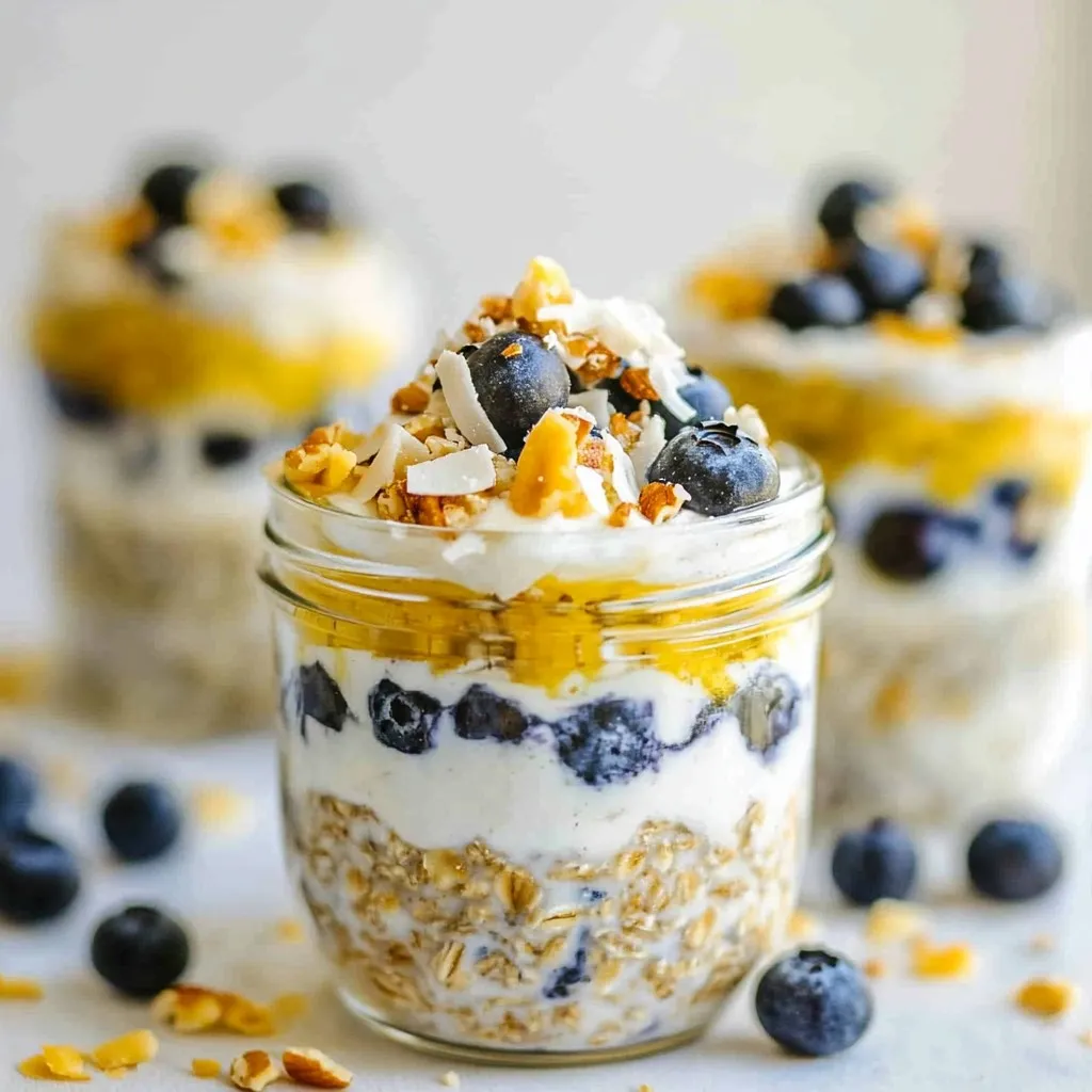 - 1 cup rolled oats - 1 cup almond milk (or coconut milk) - 1 cup Greek yogurt (or dairy-free yogurt) - 1/2 cup shredded unsweetened coconut - 1 cup fresh blueberries (plus extra for topping) - 2 tablespoons honey or maple syrup (adjust to taste) - 1 teaspoon vanilla extract - A pinch of salt - Optional toppings (chopped nuts) For this Blueberry Coconut Overnight Oats recipe, you need simple and tasty ingredients. Start with rolled oats. They are the base of your dish. Next, choose between almond milk or coconut milk. Both add creaminess to your oats. Greek yogurt is next. It adds protein and a rich taste. If you want a dairy-free option, use dairy-free yogurt. Shredded unsweetened coconut brings a nice texture and flavor. Fresh blueberries are key for sweetness and color. You can sweeten your oats with honey or maple syrup. Adjust the amount based on your taste. Add a splash of vanilla extract for extra flavor. A pinch of salt enhances all the flavors in the dish. Finally, if you like, top with chopped nuts like almonds or walnuts for crunch. Using these ingredients, you will make a delightful and healthy breakfast. {{ingredient_image_1}} - Step 1: Combine base ingredients In a mixing bowl, add 1 cup of rolled oats. Pour in 1 cup of almond milk or coconut milk. Add 1 cup of Greek yogurt or dairy-free yogurt. Then, mix in 2 tablespoons of honey or maple syrup, a teaspoon of vanilla extract, and a pinch of salt. Stir well until everything is blended. - Step 2: Fold in coconut and blueberries Gently fold in 1/2 cup of shredded unsweetened coconut and 1 cup of fresh blueberries. Be careful not to mash the blueberries too much. This step keeps them whole and juicy. - Step 3: Portion into jars Divide the mixture evenly between two jars or containers. Make sure to use jars with lids to keep them fresh. This makes it easy to grab and go in the morning. - Step 4: Refrigerate overnight Seal the jars tightly. Place them in the fridge and let them chill overnight. If you're short on time, let them soak for at least 4 hours. This helps the oats soften and absorb the flavors. - Step 5: Final touches before serving In the morning, give the oats a good stir. If you like, add a splash of almond milk to reach your desired consistency. Top with extra blueberries, a sprinkle of shredded coconut, and chopped nuts if you want some crunch. Enjoy your tasty breakfast! - Best soaking times for optimal texture: Soak your oats for at least four hours. Overnight is best. This gives the oats time to absorb the liquid and become soft. - How to adjust sweetness to preference: Start with two tablespoons of honey or maple syrup. Taste and add more if you like it sweeter. Everyone has different tastes, so make it yours! - Tips for achieving a creamy consistency: Use Greek yogurt for creaminess. You can also add more almond milk in the morning if needed. Stir it well to mix everything. - Avoiding mushy oats: Do not over-soak your oats. They can turn mushy if left too long. Stick to four hours or overnight for the best texture. - Tips on handling blueberries: Gently fold in the blueberries. Do not mash them too much. You want whole berries for that burst of flavor. Add extra berries on top for a pretty finish! Pro Tips Customize Your Sweetness: Adjust the amount of honey or maple syrup to your taste. You can also use ripe bananas or applesauce for natural sweetness. Make it a Meal Prep: This recipe can easily be doubled or tripled for meal prep. Store in the fridge for up to 5 days for a quick breakfast! Experiment with Toppings: Feel free to mix in your favorite nuts, seeds, or even a dollop of nut butter for added protein and flavor. Use Frozen Blueberries: If fresh blueberries are out of season, you can substitute them with frozen blueberries. Just fold them in gently while still frozen. {{image_2}} You can easily change this recipe to fit your needs. - Dairy-free and vegan options: Use coconut milk instead of almond milk. Swap Greek yogurt for your favorite dairy-free yogurt. This keeps it creamy without dairy. - Gluten-free substitutions: Make sure to choose gluten-free rolled oats. They are widely available and just as tasty. - Nut-free alternatives: If you need to avoid nuts, simply skip the chopped nuts on top. You can still enjoy a great flavor and texture without them. You can get creative with flavors in your oats. - Other fruit options: Try adding strawberries, bananas, or raspberries. Each of these fruits will add a fresh twist to your oats. - Spice variations: Adding a pinch of cinnamon or nutmeg can make your oats extra tasty. These spices bring warmth and depth to the dish. Experimenting with these variations can keep your breakfast exciting and fun! To store overnight oats, always use airtight containers. Glass jars work great. They keep the oats fresh and prevent spills. You can also use plastic containers, but make sure they close tightly. When you put the oats in the fridge, keep them away from strong-smelling foods. This helps to maintain their taste. How long do these oats last in the fridge? If stored properly, the oats stay good for up to five days. This makes them perfect for meal prep. You can enjoy a tasty breakfast all week long. Can you freeze them? Yes, you can freeze overnight oats! They can last up to three months in the freezer. Just remember to use freezer-safe containers. When you're ready to eat, thaw them in the fridge overnight. Enjoy your delicious blueberry coconut oats any day! Yes, you can make these oats ahead of time! They store well in the fridge. I recommend making them the night before. This gives the flavors time to blend. You can enjoy them for breakfast or a snack. If you want a substitute for Greek yogurt, try dairy-free yogurt. You can also use regular yogurt. It will still give you a creamy texture. Some people like to use silken tofu for a vegan option too. Soaking overnight is not just a choice; it is key! This step softens the oats and makes them easier to digest. If you are short on time, soak them for at least four hours. The longer you soak, the creamier the oats will be. In this post, we explored making overnight oats. We covered the key ingredients, from oats to blueberries. You learned the steps for perfect preparation and some tips to avoid mistakes. We also discussed variations and storage practices to keep your oats fresh. Remember, overnight oats are not just easy to make; they’re also fun to customize. Enjoy experimenting and personalizing your meals. Happy cooking!