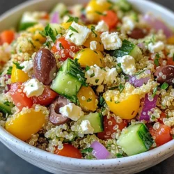 To make a tasty Mediterranean quinoa salad, you need these main ingredients: - 1 cup quinoa, rinsed - 2 cups water - 1 cucumber, diced - 1 cup cherry tomatoes, halved - 1 red bell pepper, diced - 1/2 red onion, finely chopped - 1/2 cup Kalamata olives, pitted and sliced - 1/4 cup feta cheese, crumbled - 1/4 cup fresh parsley, chopped - 1/4 cup olive oil - 2 tablespoons lemon juice - 1 teaspoon dried oregano - Salt and pepper to taste These ingredients blend together to create a colorful and fresh salad. Quinoa is a great base. It adds protein and fiber. The veggies add crunch and taste. Feta cheese brings creaminess. The olives give a salty kick. If you want to add more flavor or variety, consider these optional add-ins: - Avocado, diced - Sun-dried tomatoes, chopped - Artichoke hearts, quartered - Chickpeas or black beans for more protein - Fresh mint or basil for an extra herb punch These add-ins can change the taste. They can make the salad more filling. Feel free to mix and match based on what you like. When picking ingredients, keep these tips in mind: - Choose quinoa that looks clean and dry. - Look for cucumbers that are firm and shiny. - Select tomatoes that are bright and smell sweet. - Pick bell peppers that feel heavy and have smooth skin. - Use olives that are firm but not bruised. - Choose feta that is creamy and not too crumbly. Fresh ingredients make a big difference. They enhance the taste and look of your salad. Always shop for the freshest options available. {{ingredient_image_1}} To cook quinoa, start with 1 cup of quinoa and rinse it well. Rinsing removes a bitter coating. In a medium saucepan, bring 2 cups of water to a boil. Add the rinsed quinoa to the boiling water. Reduce the heat to low and cover the pot. Let it simmer for about 15 minutes. You'll know it's done when all the water is gone. Remove the pot from heat and let it sit for 5 minutes. This resting time helps the quinoa fluff up nicely. When it's ready, use a fork to fluff it. Let it cool while you prepare the other ingredients. While the quinoa cools, it's time to chop the veggies. Start with 1 cucumber. Dice it into small pieces. Next, take 1 cup of cherry tomatoes and cut them in half. For color, use 1 red bell pepper and dice it as well. Then, finely chop 1/2 of a red onion. Slice 1/2 cup of Kalamata olives. Lastly, crumble 1/4 cup of feta cheese. In a large mixing bowl, combine all these fresh ingredients. This will make your salad colorful and full of flavor. Now it's time to make the dressing. In a small bowl, whisk together 1/4 cup of olive oil and 2 tablespoons of lemon juice. Add 1 teaspoon of dried oregano, plus salt and pepper to taste. This dressing adds a zesty touch. Pour the cooled quinoa into the bowl with the veggies. Drizzle the dressing over the salad. Toss everything together gently. Make sure all the ingredients mix well. Finally, stir in 1/4 cup of chopped parsley for a fresh taste. Taste your salad and adjust the seasoning if needed. Enjoy your vibrant Mediterranean quinoa salad! When making Mediterranean quinoa salad, avoid using unwashed quinoa. Rinsing it removes a bitter coating. Also, do not overcook the quinoa. It should be fluffy, not mushy. Lastly, don’t skip the dressing. It brings all the flavors together. Use fresh herbs like parsley for a burst of flavor. You can also add more lemon juice for tang. A pinch of chili flakes can add heat if you like spice. Taste as you go. Adjust salt and pepper to make it just right. Serve the salad in a large glass bowl to show off the colors. Garnish with extra parsley and a sprinkle of feta cheese on top. You can add lemon wedges on the side for a bright look. This makes it fun and fresh for your guests. Pro Tips Rinse the Quinoa: Always rinse quinoa thoroughly before cooking to remove its natural coating, called saponin, which can give it a bitter taste. Use Vegetable Broth: For extra flavor, cook the quinoa in vegetable broth instead of water. This adds depth to the overall taste of the salad. Chill Before Serving: Allow the salad to chill in the refrigerator for at least 30 minutes before serving. This helps the flavors meld together beautifully. Add Protein: For a heartier meal, consider adding grilled chicken, chickpeas, or shrimp to the salad. This makes it a complete dish. {{image_2}} You can easily change this salad to fit your diet. If you are gluten-free, quinoa is a great choice. However, if you need a nut-free option, skip the olives. You can use diced avocado instead for healthy fats. For a vegan meal, leave out the feta cheese. Instead, try using nutritional yeast for a cheesy flavor without dairy. If you want more protein, there are many options. For meat lovers, grilled chicken or shrimp adds a tasty touch. Simply cook it separately, then mix it in. If you prefer plant-based protein, add chickpeas or black beans. These beans are filling and full of nutrients. You can also sprinkle some seeds, like pumpkin or sunflower, for extra crunch. The dressing makes a big difference in flavor. If you like tangy tastes, add more lemon juice. For a creamier dressing, mix in some yogurt or tahini. You can also add a splash of balsamic vinegar for a sweet twist. Feel free to play with herbs too. Basil or mint can change the salad's taste and make it fresh. Mix and match to find your favorite! To keep your Mediterranean quinoa salad fresh, place any leftovers in a bowl. Cover it tightly with plastic wrap or a lid. This helps keep moisture in and air out. If you have extra dressing, store it in a separate container. This keeps the salad from getting soggy. Use airtight containers for the best results. Glass containers work well since they don’t stain and are easy to clean. You can also use BPA-free plastic containers if you prefer. Just make sure they close tightly. Your salad can last up to three days in the fridge. After that, it may lose its taste and texture. Check for any signs of spoilage before eating. If it smells off or looks slimy, it’s best to throw it out. Always give it a good stir before serving to refresh the flavors. Yes, you can make this salad ahead of time. It tastes even better after sitting. The flavors mix well when chilled. Prepare it a day prior and keep it in the fridge. Just remember to add fresh parsley right before serving. If you don't have quinoa, you can use couscous or bulgur wheat. Both grains cook fast and have a nice texture. You can also try brown rice for a different flavor. Each option brings a unique taste to the salad. The Mediterranean Quinoa Salad stays fresh for about 3 to 5 days. Store it in an airtight container to keep it crisp. Check the salad before eating to ensure it still looks and smells good. If you see any changes, it’s best to toss it out. This blog covered how to make a delicious Mediterranean Quinoa Salad. We explored key ingredients, step-by-step cooking, and tips for great flavor. I shared tricks to avoid common mistakes and variations to fit any taste or diet. Remember to store leftovers properly to keep your salad fresh. By following this guide, you can create a healthy, tasty dish any time. Enjoy experimenting with flavors and making it your own! Your meal will shine with just a little effort.