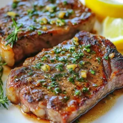 - 2 ribeye steaks (about 1 inch thick) - 3 tablespoons olive oil - Fresh herbs: 1 tablespoon rosemary, 1 tablespoon thyme, 1 tablespoon parsley - Salt - Freshly ground black pepper - 4 cloves garlic, minced - Lemon wedges for serving When you make Garlic Herb Butter Steak Skillet, start with ribeye steaks. They are rich and juicy. You need two steaks that are about one inch thick. This cut gives great flavor and tenderness. Olive oil is your cooking fat; it helps sear the steaks and adds flavor. Fresh herbs add zest. I love using rosemary, thyme, and parsley. Each herb brings its unique taste to the dish. Minced garlic is key for that bold kick. It will make the kitchen smell amazing as it cooks. Don’t forget salt and black pepper. They are vital for seasoning. You can adjust these to your taste. If you want a bright touch, serve with lemon wedges. They add a refreshing twist to the rich steak. Gather these ingredients, and you are ready to create a delicious meal! {{ingredient_image_1}} Start by patting the ribeye steaks dry with paper towels. This helps the steak get a nice crust. Next, season both sides generously with salt and freshly ground black pepper. The seasoning is key for flavor. Make sure to cover all areas well. In a large skillet, heat 3 tablespoons of olive oil over medium-high heat. Wait until the oil shimmers. This means it's ready. Carefully place the seasoned steaks in the skillet. Sear them for about 4 to 5 minutes on each side for medium-rare. If you want a different doneness, adjust the time. Use a meat thermometer for best results. When the steaks are close to your desired doneness, add 4 cloves of minced garlic to the skillet. Cook for about 30 seconds until it smells great. Then, lower the heat to medium and add 4 tablespoons of unsalted butter, along with 1 tablespoon each of chopped rosemary, thyme, and parsley. Once the butter melts, tilt the skillet slightly. Use a spoon to baste the steaks with this garlic herb butter sauce for about a minute. This adds rich flavor and keeps the steak juicy. After that, remove the steaks from the skillet and let them rest for 5 to 10 minutes. This step helps the juices stay inside the steak. Finally, slice against the grain and serve with the garlic herb butter drizzled on top. Optionally, add lemon wedges for a fresh touch. To get your steak just right, follow these tips: - Temperature Guidelines: - For rare, aim for 125°F. - Medium-rare should reach 135°F. - Medium is around 145°F. - Well-done steaks hit 160°F. - Tools for Checking Doneness: A meat thermometer is your best friend. Insert it into the thickest part of the steak. This gives the most accurate reading. You can always add a twist to your steak: - Alternative Herbs and Add-ins: Try using fresh basil or oregano for a new taste. You can also mix in some red pepper flakes for heat. - Using Flavored Butters: You can make compound butters by mixing in blue cheese or sun-dried tomatoes. This adds depth to your dish. Pair your steak with the right sides: - Best Side Dishes to Complement the Steak: Roasted veggies or creamy mashed potatoes work well. A fresh salad adds a nice crunch. - Presentation Tips for Plating: Slice the steak against the grain for tender bites. Arrange it on a plate with colorful sides. Drizzle some garlic herb butter on top for a beautiful finish. Pro Tips Let the Steaks Come to Room Temperature: Allow your steaks to sit out for about 30 minutes before cooking. This ensures they cook evenly and helps achieve that perfect sear. Use a Meat Thermometer: To achieve your desired doneness, use a meat thermometer. Aim for 130°F for medium-rare, and 140°F for medium. This takes the guesswork out of cooking. Rest the Steaks: Always let the steaks rest for 5-10 minutes after cooking. This allows the juices to redistribute, resulting in a more flavorful and juicy steak. Experiment with Herbs: Feel free to mix and match herbs according to your preference. Fresh oregano or basil can add a unique twist to the garlic herb butter. {{image_2}} You can use many cuts for this dish. While ribeye is rich and tender, other cuts work well too. Consider using filet mignon for a buttery taste or sirloin for a leaner option. - Filet Mignon: This cut is very tender. Cook it for about 3-4 minutes per side. - Sirloin: A bit firmer but full of flavor. Sear for 5-6 minutes per side. When cooking different cuts, always check your doneness. Use a meat thermometer. Aim for 130°F for medium-rare. Adding a twist to your garlic herb butter can elevate your dish. Try different spice blends for unique tastes. - Smoky Paprika: Adds warmth and depth. Just mix it with your salt and pepper. - Cajun Seasoning: This brings a spicy kick. Use it for a bold flavor boost. You can also add sauces or toppings. A splash of balsamic glaze adds sweetness. Or try a dollop of blue cheese for a rich finish. You don’t have to stick to the skillet. You can finish your steak in the oven for a different texture. 1. Sear your steak in the skillet for 2-3 minutes. 2. Move it to a preheated oven at 400°F. Bake for 5-7 minutes. Grilling is another option. It gives a nice char and smoky flavor. Just make sure to keep an eye on the heat. Cook over medium heat for equal results. To keep your leftover garlic herb butter steak fresh, follow these tips: - Refrigeration: Place the steak in an airtight container. This helps maintain flavor and moisture. Use within 3 to 4 days for the best taste. - Freezing: If you want to save steak longer, freeze it. Wrap each steak tightly in plastic wrap, then in foil. This prevents freezer burn. You can freeze it for up to 3 months. When it's time to enjoy your leftovers, reheating is key: - Best methods: Use a skillet on low heat. This warms the steak evenly. You can also use an oven set to 250°F for gentle reheating. - Avoiding dryness: To keep the steak juicy, add a bit of broth or water to the skillet. Cover it with a lid. This helps trap steam and moisture. Don't waste any delicious steak! Here are some fun ideas for using it: - Repurposing ideas: Chop the steak for tacos or salads. You can also slice it for sandwiches. It adds great flavor! - Recipes with garlic herb sauce: Use the leftover garlic herb sauce as a dressing for veggies. It can also be drizzled over pasta or grilled chicken for extra flavor. For skillet cooking, ribeye steaks work best. They are juicy and flavorful. You can also use sirloin or filet mignon. Each cut has its own taste. Ribeye is my top choice for its rich flavor and fat content. To make your steak tender, start by using a meat mallet. Gently pound the steak to break down fibers. You can also marinate it in vinegar or citrus juice. This helps to soften the meat. Another method is to salt the steak and let it sit. This draws out moisture but keeps it juicy. Yes, you can use dried herbs instead of fresh ones. Dried herbs are more concentrated, so use less. For this recipe, a teaspoon of dried rosemary, thyme, and parsley works well. Just remember to add them earlier in the cooking process for better flavor release. In this blog post, we covered how to make delicious ribeye steaks. We discussed essential ingredients, seasonings, and optional items like lemon. I provided step-by-step cooking instructions, tips for doneness, and ways to enhance flavor. We explored variations with different cuts and methods, plus storage advice for leftovers. With these insights, you can now enjoy a perfectly cooked steak every time. Happy cooking!