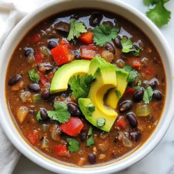 - 2 cups cooked black beans (or 1 can, rinsed and drained) - 1 medium onion, diced - 2 cloves garlic, minced - 1 jalapeño, minced (seeded for less heat) - 1 red bell pepper, diced - 1 tablespoon olive oil - 2 teaspoons ground cumin - 1 teaspoon smoked paprika - 1-2 chipotle peppers in adobo sauce, chopped (adjust to taste) - 4 cups vegetable broth - 1 can (14 oz) diced tomatoes - 1 tablespoon lime juice - Salt and black pepper to taste - Fresh cilantro, chopped (for garnish) - Avocado slices (for garnish) You can swap the canned black beans for dried beans. Just soak them overnight and cook until soft. If you don't have a jalapeño, use a green bell pepper for a milder taste. For a smoky flavor, smoked paprika is key, but you can use regular paprika too. If chipotle peppers are too spicy, use less or skip them entirely. You can add extra lime juice for more zest or use lemon as a substitute. When choosing your vegetables, look for firm onions with smooth skin. The garlic should feel heavy with no soft spots. For the bell peppers, pick ones that are bright and firm. A fresh jalapeño should be shiny, with no wrinkles. Check your canned goods; they should be free from dents or bulges. This ensures you have the best flavors for your spicy chipotle black bean soup. {{ingredient_image_1}} Making Spicy Chipotle Black Bean Soup is easy. You start by cooking onions, peppers, and garlic. Then, you add spices and let everything simmer. Finally, you can blend it for creaminess or leave it chunky. 1. Heat oil: Pour olive oil into a large pot. Set the heat to medium. 2. Sauté veggies: Add diced onion, bell pepper, and jalapeño. Cook for 5-7 minutes until the onion is clear. 3. Add garlic: Mix in minced garlic and cook for 1 more minute. 4. Stir in spices: Add cumin, smoked paprika, and chipotle peppers. Cook for 2 minutes to bring out the flavors. 5. Combine ingredients: Toss in black beans, diced tomatoes, and vegetable broth. Stir well. 6. Simmer: Bring the soup to a boil, then lower the heat. Let it simmer for 20-25 minutes. 7. Blend (optional): If you want a smooth soup, use an immersion blender. If not, keep it chunky. 8. Finish: Add lime juice, and season with salt and black pepper. Adjust thickness with more broth if needed. 9. Serve: Ladle into bowls and top with cilantro and avocado slices for a fresh touch. Blending the soup gives it a creamy texture. You can use an immersion blender right in the pot. If you want a very smooth soup, blend it in batches in a regular blender. Just be careful when handling hot soup! If you prefer a chunkier soup, skip blending and enjoy the textures. To boost the flavor of your spicy chipotle black bean soup, try adding a splash of lime juice. Lime adds a bright taste that lifts the rich flavors. Fresh herbs like cilantro can also make a big difference. Sprinkle chopped cilantro on top before serving. You can also add a swirl of sour cream for creaminess. If you want more heat, add extra chipotle peppers. Start with one and taste before adding more. If the soup is too spicy, add a bit of sugar or honey. This will balance the heat. You can also add dairy, like yogurt, to mellow the spice. Remember, you control the heat! Serve your soup hot in deep bowls. Garnish with avocado slices and cilantro for color. A lime wedge on the side adds a zesty touch. This soup pairs well with crusty bread or corn tortillas. You can also serve it with a simple salad for a complete meal. Enjoy your cozy, flavorful dish! Pro Tips Adjust the Heat: If you prefer a milder soup, remove the seeds from the jalapeño and use only one chipotle pepper. You can always add more heat later if desired! Make it Creamy: For a creamier texture, blend the soup with an immersion blender for a few seconds. If you like it chunky, skip this step and enjoy the whole ingredients. Fresh Garnishes: Enhance the flavor with fresh toppings like crumbled queso fresco or a dollop of sour cream. These will add a nice creaminess and contrast to the spiciness. Storage Tips: Store leftovers in an airtight container in the fridge for up to 5 days. This soup also freezes well, making it a great make-ahead meal! {{image_2}} This soup is perfect for vegetarians and vegans. It already uses black beans and vegetable broth, making it plant-based. You can add more veggies, like corn or zucchini, for extra flavor. For a creamier texture, use coconut milk instead of broth. Both options keep it hearty and delicious. You can easily boost the protein in this soup. If you like chicken, add cooked, shredded chicken. Just stir it in before serving. For a plant-based option, try tofu. Use firm tofu, cube it, and pan-fry until golden before adding it. Both options make the soup even more filling. Feel free to switch up the spices! If you want more heat, add cayenne pepper or red pepper flakes. For a different flavor, try adding oregano or cilantro. You can also use fresh herbs instead of dried for a brighter taste. Each change will give your soup a new twist! After you enjoy your spicy chipotle black bean soup, let it cool. Place leftovers in an airtight container. Store in the fridge for up to four days. This helps keep the flavors fresh and tasty. Want to save some for later? You can freeze this soup! Use freezer-safe containers. Leave some space at the top, as soup expands when frozen. It lasts up to three months in the freezer. When you’re ready to eat, just thaw it in the fridge overnight. To reheat, pour the soup into a pot. Heat on low to medium heat. Stir often to prevent sticking. If it seems thick, add a splash of broth or water. You can also use a microwave. Heat in short intervals, stirring in between. Enjoy every delicious bite! Chipotle peppers are smoked jalapeños. They add a deep, spicy flavor to dishes. You find them in adobo sauce, which blends spices and tomatoes. This sauce adds warmth and richness to your soup. I love using them to give a kick to the meal. Adjust the number you use based on your heat preference. Yes, you can use dried beans. They require more time to cook. First, soak them overnight in water. The next day, cook them in boiling water until soft. This can take one to two hours, so plan ahead. Canned beans save time and are just as tasty. Rinse and drain them before adding to your soup. This soup is naturally gluten-free. All the ingredients are safe for gluten-free diets. Just check labels on canned goods. Some brands add fillers that may contain gluten. Use vegetable broth that is certified gluten-free to ensure safety. Your soup will be flavorful and safe for everyone. We covered key ingredients for your dish, including options for substitutions and tips for choosing fresh items. I shared a clear, step-by-step cooking guide and helpful blending techniques. You learned ways to enhance flavor, adjust spice levels, and saw various serving ideas. I also highlighted options for vegetarians and offered ways to store and freeze leftovers. In closing, these tips can help you create a delicious meal, no matter your skill level. Enjoy your cooking!