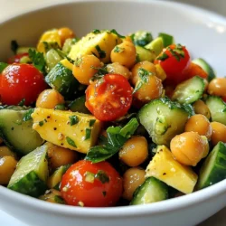 - 1 can (15 oz) chickpeas, rinsed and drained - 2 ripe avocados, diced - 1 cup cherry tomatoes, halved - ½ red onion, finely chopped - 1 cucumber, diced - ¼ cup fresh parsley, chopped - 2 tablespoons olive oil - 3 tablespoons fresh lemon juice - 1 teaspoon lemon zest - Salt and pepper to taste The main ingredients in this salad make it colorful and fresh. Chickpeas provide protein and fiber. Avocados add creaminess and healthy fats. Cherry tomatoes burst with sweetness. The red onion gives a nice crunch. Cucumber adds a refreshing touch. Fresh parsley brightens the dish. The dressing is simple yet zesty. Olive oil brings richness. Fresh lemon juice gives tang. Lemon zest enhances the lemon flavor. Salt and pepper balance everything out. Together, they create a lively taste that makes each bite exciting. {{ingredient_image_1}} - Step 1: Mixing the Chickpeas Start with a large mixing bowl. Add one can of rinsed chickpeas. Make sure they are drained well. This keeps the salad from getting soggy. The chickpeas add protein and texture. - Step 2: Adding Avocado and Veggies Next, gently fold in two ripe avocados, diced into chunks. Keep some pieces whole for texture. Then, add one cup of halved cherry tomatoes, half a finely chopped red onion, and one diced cucumber. This mix adds color and freshness. - Step 3: Preparing the Dressing In a small bowl, whisk together two tablespoons of olive oil, three tablespoons of fresh lemon juice, and one teaspoon of lemon zest. Add salt and pepper to taste. This dressing brings all the flavors together and adds zing. - Step 4: Tossing the Salad with Dressing Pour the dressing over the salad mixture. Gently toss everything together. Make sure the avocados get coated well. This step is key for flavor. - Step 5: Final Touch with Parsley Finally, sprinkle a quarter cup of chopped fresh parsley on top. Give it one last gentle toss. This adds a bright, fresh note. - Step 6: Serving Suggestions Serve the salad right away or chill for 15 to 30 minutes. Chilling helps the flavors meld together. Enjoy it as a light meal or a side dish. How to Pick Ripe Avocados To choose ripe avocados, look for ones that feel slightly soft when you press them. The skin should be dark, but not too wrinkled. If the avocado feels hard, it needs more time to ripen. An easy way to check ripeness is to remove the small stem at the top. If it comes off easily and you see green underneath, it’s ready to eat. Storing Avocados for Maximum Freshness To keep avocados fresh, store them at room temperature until they ripen. Once ripe, move them to the fridge. If you have cut an avocado, sprinkle lemon juice on the flesh to slow browning. Wrap it tightly in plastic wrap and store it in the fridge for up to two days. Adding More Lemon Zest For a brighter taste, add more lemon zest to your salad. The zest gives a fresh kick without making it too sour. Start with an extra half teaspoon and taste. You can always add more! Experimenting with Herbs for Unique Taste Try different herbs to change the flavor of your salad. Fresh basil or mint can add a sweet touch. Cilantro brings a zesty flavor that pairs well with the lemon. Just chop a few leaves and mix them in before serving. It's a fun way to make the dish your own! Pro Tips Choose Ripe Avocados: Make sure your avocados are perfectly ripe for the best creamy texture. They should yield slightly to gentle pressure when squeezed. Fresh Ingredients Matter: Using fresh produce enhances the flavor of your salad. Try to select organic ingredients whenever possible. Customize Your Dressing: Feel free to adjust the lemon juice and olive oil ratios to your taste. Adding a pinch of garlic powder can also give a nice kick. Chill for Flavor: Allowing the salad to chill in the refrigerator for 15-30 minutes helps the flavors meld together beautifully. {{image_2}} You can make this salad even better with a few swaps. Try adding quinoa or bulgur for more texture. These grains give a nice bite and extra nutrition. If you want a creamy touch, add feta cheese. It melts nicely with the fresh flavors. Both options make the dish more filling and fun. Switching the dressing can change the whole salad. Instead of lemon juice, use balsamic vinegar for a sweet twist. It pairs well with the other ingredients. If you love garlic, add some minced garlic to the dressing. It gives the salad a strong punch of flavor. These changes keep the recipe fresh and exciting! To keep your Lemony Chickpea Avocado Salad fresh, store it in an airtight container. This helps keep moisture in and air out. You can place the salad in the fridge right after serving. It will stay good for about 1 to 2 days. After that, the avocados may brown and lose their flavor. Can you freeze the salad? While you can freeze some salads, this one is not the best choice. The avocado and tomatoes could become mushy when thawed. If you must freeze it, try only freezing the chickpeas and veggies. For best results, defrost the salad in the fridge overnight. Avoid using a microwave, as it can change the texture. Enjoy your meal fresh for the best taste! What can I add to fit more protein? You can add several items to boost protein. Consider adding cooked chicken, tuna, or diced hard-boiled eggs. You can also use feta cheese for a creamy touch. Another great option is to mix in some cooked quinoa. These additions enhance the flavor and make the salad more filling. How long can I store the salad in the fridge? This salad is best eaten fresh. However, you can store it in the fridge for up to two days. The key is to keep the dressing separate until you're ready to eat. This helps maintain the texture of the avocado and keeps everything fresh. What are the calories per serving? This Lemony Chickpea Avocado Salad has about 300 calories per serving. This number can vary based on the exact ingredients you use. The healthy fats from avocados and olive oil offer great nutrition. Is this salad suitable for meal prep? Yes, this salad is perfect for meal prep! Just prepare the ingredients ahead of time. Store the salad and dressing separately. When you are ready to eat, combine them for a fresh meal. It's a quick and easy option for busy days. This salad combines chickpeas, avocados, and vibrant veggies for a tasty meal. You learned how to prepare the salad, create a delicious dressing, and toss it all together. I shared tips on picking ripe avocados and ways to add flavor. You can even switch ingredients to make it your own. Remember, the fresh salad lasts in your fridge for a few days but not forever. Enjoy this healthy dish that’s easy to prepare and fun to share!