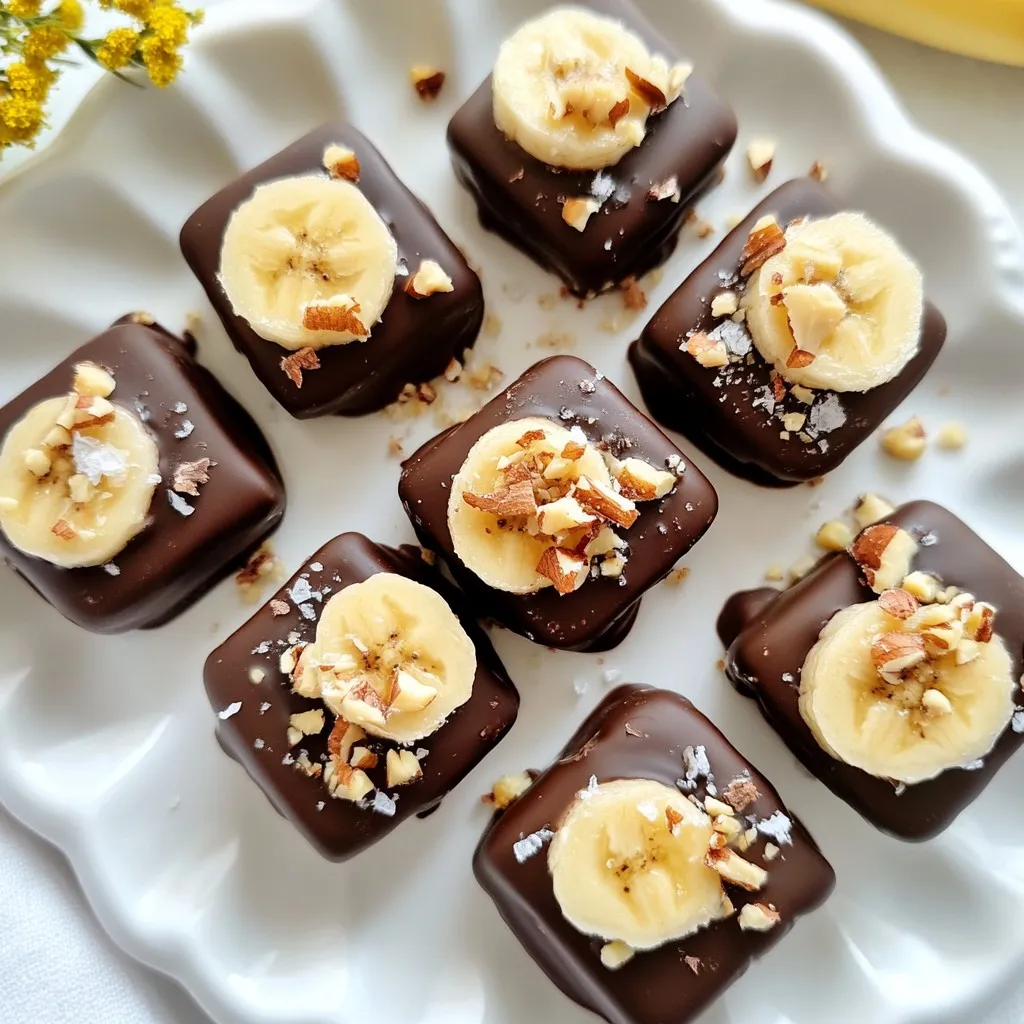 To make these chocolate covered banana bites, gather these items: - 2 ripe bananas - 1 cup dark chocolate chips - 1 tablespoon coconut oil - ¼ cup chopped nuts (like almonds or walnuts) These are the main ingredients you will need. The bananas must be ripe for the best flavor. Choose dark chocolate chips because they give a rich taste. Coconut oil helps the chocolate melt smoothly. If you need alternatives, here are some options: - Use milk chocolate chips instead of dark chocolate for a sweeter taste. - Swap coconut oil with butter for a different texture. - Try using any nut butter for a creamy center. These swaps can change the flavor and texture. It is fun to experiment with what you have at home. You can add extra touches to make your bites even better: - A sprinkle of sea salt enhances the sweetness. - Use shredded coconut for a tropical twist. - Add colorful sprinkles for a festive look. These garnishes can give your banana bites a unique flair. Feel free to mix and match to suit your taste! {{ingredient_image_1}} First, gather your ingredients. You need two ripe bananas, dark chocolate chips, coconut oil, chopped nuts, and sea salt. 1. Line a baking sheet with parchment paper. This helps prevent sticking later. 2. Peel the bananas and slice them into ½-inch thick rounds. This size is perfect for dipping. Now it’s time to melt the chocolate. 1. In a microwave-safe bowl, combine one cup of dark chocolate chips and one tablespoon of coconut oil. 2. Microwave this mix in 30-second intervals. Stir after each interval until it is smooth. 3. Take a banana slice and dip it into the melted chocolate using a fork. Make sure to coat it evenly. 4. Place the coated banana bites on your lined baking sheet. Before the chocolate sets, add extra flavor. 1. Sprinkle chopped nuts on top of each bite. You can also add a pinch of sea salt for taste. 2. Place the baking sheet in the freezer for about 30 minutes. This helps the chocolate harden. 3. Once set, enjoy them right away or store them in an airtight container. They stay fresh in the freezer for up to a week. To make the best chocolate covered banana bites, follow these tips: - Use ripe bananas. They should feel soft but not mushy. - Melt the chocolate slowly. Microwave in short bursts. Stir well after each burst. - Dip the banana slices fully. Make sure the chocolate covers all sides. - Use a fork to help with dipping. It keeps your fingers clean and makes it easy. Here are some common pitfalls when making banana bites: - Don’t use cold bananas. They can cause the chocolate to harden too quickly. - Avoid too much chocolate. If the layer is thick, it won’t set well. - Don’t skip the parchment paper. It helps with easy removal after freezing. - Let chocolate set properly. Freeze for at least 30 minutes before enjoying. You can add fun flavors to your banana bites: - Chopped nuts like almonds or walnuts add crunch and taste. - For a tropical twist, sprinkle shredded coconut on top. - Try a drizzle of peanut butter for a creamy layer. - A pinch of sea salt balances the sweetness of the chocolate. Pro Tips Use ripe bananas: The riper the bananas, the sweeter and creamier they will be, enhancing the overall flavor of your chocolate-covered bites. Choose high-quality chocolate: Opt for good quality dark chocolate for a richer taste and better melting consistency. Experiment with toppings: Feel free to try different toppings like shredded coconut, chia seeds, or mini chocolate chips for added texture and flavor. Serve chilled: For the best experience, serve the chocolate-covered banana bites straight from the freezer for a refreshing treat. {{image_2}} You can switch up the chocolate in this recipe. Dark chocolate gives a rich taste. If you prefer sweeter bites, try milk chocolate. It melts easily and tastes great. White chocolate adds a creamy touch. It pairs well with bananas. Each type of chocolate brings its own flavor. Experiment to find your favorite! Toppings can make your banana bites even better. Shredded coconut adds a tropical twist. You can use sweet or unsweetened coconut. Colorful sprinkles make it fun for kids. Try crushed cookies for a crunchy bite. Chopped nuts add texture and flavor. Get creative with your toppings and mix them up! You can mix flavors for a tasty treat. Spread a little peanut butter on the banana before dipping. This adds protein and richness. Almond butter is another great choice. You can also drizzle honey over the top for extra sweetness. Try adding a dash of cinnamon for warmth. These combos turn simple bites into special treats! Store your chocolate covered banana bites in an airtight container. This keeps them fresh and tasty. If you use parchment paper, place a layer between the bites. This prevents them from sticking to each other. Make sure to keep them in a cool place, away from sunlight. Freezing is a great option for chocolate covered banana bites. Once they are set, move them to your freezer. They stay good for about a week. When you want to enjoy them, take out only what you need. Let them thaw for a few minutes at room temperature. This way, they will taste fresh and delicious. Chocolate covered banana bites taste best when fresh. If you store them correctly, they can last up to one week in the fridge. However, the texture may change over time. If you notice any browning on the bananas, it’s best to eat them soon. For the best flavor and texture, enjoy them within a few days. You can skip the coconut oil if you want. Simply melt the dark chocolate chips alone. The chocolate will still coat the banana slices well. It may be a bit thicker, but it will taste great. Just make sure to stir the chocolate often as it melts. Yes, you can! Many fruits work well. Try strawberries, apple slices, or even pineapple chunks. Each fruit adds a unique taste and texture. Just remember to adjust the dip time to match the fruit size. Chocolate covered banana bites can be healthy. Bananas offer fiber, vitamins, and natural sugar. Dark chocolate has antioxidants and lower sugar than milk chocolate. Keep in mind, moderation is key. Enjoy them as a treat, and they can fit into a balanced diet. In this blog post, we explored how to make delicious chocolate-covered banana bites. We covered ingredients, step-by-step instructions, and tips for success. You learned about variations to try and how to store them for freshness. Remember, these treats are easy and fun to make. Enjoy experimenting with different flavors and toppings. You'll impress your friends and family. Keep practicing, and soon you'll master the art of these tasty bites!