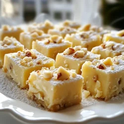 To make the best white chocolate macadamia fudge, gather these ingredients: - 2 cups white chocolate chips - 1 (14 oz) can sweetened condensed milk - 1 teaspoon vanilla extract - 1 cup macadamia nuts, chopped - 1/2 cup dried cranberries (optional for a tart twist) - Pinch of salt These simple items come together for a sweet and creamy treat. You can make swaps if needed. Here are some ideas: - Use dark chocolate chips instead of white for a richer taste. - Try almond milk for a dairy-free option, but it may change the texture. - If you don’t have macadamia nuts, use walnuts or pecans. - You can skip the cranberries if you want a pure fudge flavor. These substitutes keep the fudge tasty and fun to make. When picking your ingredients, focus on quality. Here are some tips: - Choose high-quality white chocolate chips. Check for a smooth texture and a rich flavor. - Look for sweetened condensed milk with a creamy consistency. - Select fresh macadamia nuts for the best crunch and taste. - If using cranberries, opt for unsweetened ones for a balanced flavor. Using great ingredients makes your fudge stand out. {{ingredient_image_1}} To start, line an 8x8 inch baking dish with parchment paper. Let the paper hang over the sides. This helps with easy removal later. Next, gather your ingredients. You will need white chocolate chips, sweetened condensed milk, vanilla extract, macadamia nuts, and a pinch of salt. If you want a tart twist, add dried cranberries. Now, take a medium saucepan and add the white chocolate chips. Heat them on low. Stir constantly to avoid burning the chocolate. If you burn the chocolate, it will not melt well. When the chocolate is smooth, add the sweetened condensed milk and vanilla extract. Stir until everything mixes well. Remove the saucepan from the heat. Now, fold in the chopped macadamia nuts gently. If you chose to use cranberries, add them in as well. Make sure the nuts and cranberries are spread evenly throughout the mixture. Once combined, pour the fudge mixture into your prepared baking dish. Spread it into an even layer. Let it cool at room temperature for a while. Then, place it in the fridge for at least 2 hours. After it sets, lift the fudge out using the parchment paper. Cut it into squares for serving. Enjoy your sweet treat! To get the right texture in your fudge, follow these steps. Use low heat when melting the white chocolate chips. Stir constantly to keep the chocolate smooth. Once melted, add the sweetened condensed milk slowly. This helps blend the ingredients well. After mixing, fold in the macadamia nuts gently. Do not overmix, or the fudge may become grainy. Let it cool at room temperature before refrigerating. This cooling period helps set the fudge just right. Many people face issues when making fudge. One common mistake is using high heat. This can burn the chocolate and ruin the fudge. Another mistake is not measuring ingredients properly. Always measure your ingredients for the best results. If you skip the salt, you may miss out on flavor depth. Lastly, avoid cutting the fudge too soon. Let it set fully, or it will crumble when sliced. You can boost flavor and looks with simple tweaks. Adding a pinch of sea salt on top can enhance sweetness. You can also mix in dried cranberries for a fun twist. This adds a tart flavor that pairs well with the sweet fudge. For a beautiful finish, dust the fudge with powdered sugar. Arrange the squares on a pretty plate, or wrap them in paper for gifts. These small touches make your fudge look as good as it tastes. Pro Tips Use Quality White Chocolate: The flavor and texture of your fudge will greatly depend on the quality of white chocolate chips you use. Opt for high-quality chocolate for a richer taste. Chop Nuts Evenly: Make sure to chop the macadamia nuts into evenly sized pieces to ensure they distribute well throughout the fudge and provide consistent texture in each bite. Cool Gradually: Allow the fudge to cool at room temperature before refrigerating. This helps prevent cracking and ensures a smooth texture as it sets. Experiment with Add-Ins: Feel free to get creative with additional mix-ins like crushed cookies, dried fruits, or even different nuts to personalize your fudge and enhance its flavor. {{image_2}} You can change the flavor of your fudge by adding different nuts or fruits. Try using pecans, walnuts, or almonds instead of macadamia nuts. Each nut brings its own taste and crunch. For a fruity touch, add dried cherries or apricots. These additions can make each bite unique and exciting. If you need gluten-free options, this fudge is already safe! Ensure all your ingredients are gluten-free. For dairy-free fudge, choose dairy-free white chocolate chips. They melt well and keep the fudge creamy. Use coconut milk instead of sweetened condensed milk for a dairy-free twist. You can swap white chocolate for dark or milk chocolate to change the taste. Dark chocolate gives a rich and bold flavor. Milk chocolate makes the fudge sweeter and creamier. Adjust the other ingredients to match your chocolate choice. You may need less sweetened condensed milk with darker chocolate since it is sweeter. Store your white chocolate macadamia fudge in an airtight container. This keeps it fresh and moist. Place layers of parchment paper between the fudge squares. This helps avoid sticking. Keep it in a cool, dark place or the fridge. If you store it at room temperature, avoid direct sunlight. When stored properly, this fudge lasts about two weeks. In the fridge, it stays fresh for three weeks. Always check for any signs of spoilage. If it looks or smells off, throw it away. You can freeze white chocolate macadamia fudge for longer storage. Wrap the squares tightly in plastic wrap. Place them in a freezer-safe bag or container. This helps keep out air and moisture. When ready to enjoy, thaw the fudge in the fridge overnight. Avoid thawing at room temperature to keep the texture nice. Yes, you can use white chocolate bars. Just chop them into small pieces. This works well, but chips melt easier. Bars may need more stirring to melt fully. To make your fudge firmer, add more white chocolate. You can also chill it longer in the fridge. A longer cooling time gives it a better texture. If it's still soft, try adding a bit more chopped nuts. Yes, you can add more sweetness. Use a little more sweetened condensed milk. You could also mix in some powdered sugar. Just remember, too much can change the texture. The best way to cut fudge is with a sharp knife. First, let it cool completely. Lift it out of the dish using the parchment paper. Then, slice it into squares while it's still cold for clean cuts. This blog post covered everything you need to make white chocolate macadamia fudge. We looked at essential ingredients, helpful tips, and easy steps. You can explore tasty variations and proper storage methods too. Remember, the right ingredients and techniques create perfect fudge every time. Enjoy making this treat for yourself or to share. Your fudge-making skills will impress everyone!