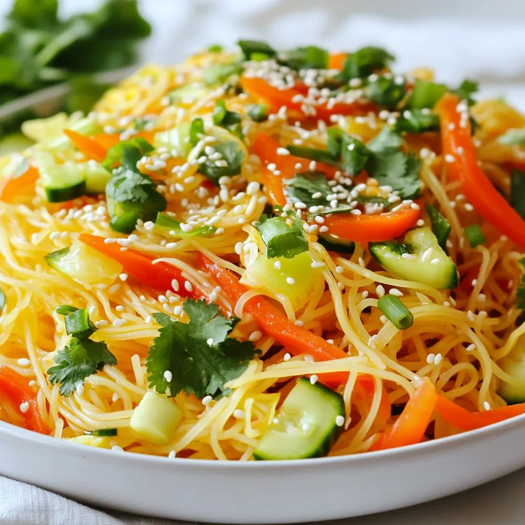 - 8 oz rice noodles - 1 cup shredded carrots - 1 bell pepper (any color), thinly sliced - 1 cup edamame (shelled) - 1 small cucumber, julienned - 2 green onions, chopped - ½ cup chopped fresh cilantro - ½ cup sweet chili sauce - 2 tablespoons soy sauce - 1 tablespoon rice vinegar - 1 tablespoon sesame oil - Salt and pepper to taste The main part of this salad is the rice noodles. They cook fast and soak up flavors well. Fresh vegetables add crunch and color. Carrots, bell peppers, edamame, and cucumbers bring brightness to the dish. You can choose any bell pepper color, so feel free to mix it up! - ¼ cup sesame seeds - Fresh cilantro I love to add sesame seeds for a nutty touch. They also add a nice crunch. Fresh cilantro brightens the salad and gives it a fresh taste. You can add more or less based on your liking. {{ingredient_image_1}} Start by boiling water in a large pot. Use enough water to fully cover the noodles. Once the water boils, add the rice noodles. Cook them for about 4-6 minutes. Stir them often to avoid sticking. When they are soft, drain the noodles. Rinse them under cold water to stop the cooking. This step keeps the noodles from getting mushy. Set the noodles aside for later. While the noodles cook, prepare your vegetables. Shred the carrots into thin strips. Slice the bell pepper into thin pieces as well. Julienne the cucumber into long, thin strips. Chop the green onions and cilantro finely. Using fresh ingredients makes a big difference. They add crunch and flavor to your salad. In a small bowl, gather your dressing ingredients. Combine sweet chili sauce, soy sauce, rice vinegar, and sesame oil. Use a whisk to mix them well. Make sure everything blends together nicely. This dressing will bring the salad to life. In a large mixing bowl, add the cooled noodles. Then, add the shredded carrots, sliced bell pepper, edamame, julienned cucumber, green onions, and chopped cilantro. Pour the dressing over the noodle mixture. Toss everything gently to coat all the ingredients. This ensures every bite is tasty. Season with salt and pepper to your liking. Finally, sprinkle sesame seeds on top and toss again. Chilling the salad can enhance the flavors. I recommend letting it sit in the fridge for about 20-30 minutes. This time allows the ingredients to meld together. If you are in a hurry, you can skip this step. However, chilled salad tastes even better! - Alternate noodles: If you can't find rice noodles, try soba or whole wheat noodles. They offer a nice texture and blend well with the sauce. - Vegetable swaps: You can use any vegetables you like. Try bell peppers, snap peas, or even shredded cabbage for crunch. - Adding spice: Want more heat? Add chili flakes or sriracha to your dressing. Start with a small amount and adjust to your taste. - Balancing flavors: If the salad is too sweet, add a bit more soy sauce or rice vinegar. This helps balance the sweetness and brings out all the flavors. - Presentation ideas: Serve in a big bowl or on individual plates. Add extra sesame seeds and cilantro on top for color. - Pairing with other dishes: This salad pairs well with grilled chicken or shrimp. The fresh flavors complement savory proteins nicely. Pro Tips Use Fresh Veggies: For the best flavor and crunch, opt for fresh, in-season vegetables. They will enhance the taste and texture of your salad. Adjust the Spice Level: If you prefer a spicier salad, add some chopped fresh chili or a dash of sriracha to the dressing for an extra kick. Customize Your Proteins: Feel free to add protein like grilled chicken, shrimp, or tofu to make this salad a complete meal. Prep Ahead: You can prepare the dressing and chop the vegetables ahead of time. Just combine everything right before serving for maximum freshness. {{image_2}} You can make Sweet Chili Sesame Noodle Salad even better by adding protein. - Chicken: Grilled or shredded chicken works great. Cook it simply with salt and pepper. Then, mix it in with the salad for a hearty touch. - Tofu: For a plant-based option, use tofu. Press and cube the tofu, then pan-fry it until golden. Toss it in with the noodles for a tasty twist. If you need a gluten-free dish, you have some easy swaps. - Rice Noodles: These noodles are naturally gluten-free. They are perfect for this salad. - Soy Sauce: Use tamari instead of regular soy sauce. Tamari is gluten-free and has a rich flavor. To make this dish vegan, small changes will work. - Dairy-Free Modifications: This salad is already dairy-free! Just ensure that all sauces, like sweet chili sauce, are vegan. Check the labels to confirm. These variations let you customize your Sweet Chili Sesame Noodle Salad. Enjoy making it your own! To keep your Sweet Chili Sesame Noodle Salad fresh, store it in the fridge. Use an airtight container to prevent moisture loss and keep flavors intact. Make sure the salad cools to room temperature before sealing. This keeps the veggies crisp and the noodles tasty. For best results, enjoy the salad within three days. After that, the ingredients may lose their crunch and flavor. If you have extra dressing, store it separately. This helps keep the salad from getting soggy. While this salad is great cold, you can warm it up if you prefer. Place the salad in a microwave-safe dish. Heat it for about 30 seconds to 1 minute. Stir halfway through to ensure even warming. If you want to avoid losing the crispness of the veggies, consider a quick sauté in a pan. Just add a splash of water and toss over medium heat for a few minutes. This way, you get a warm, flavorful dish without sacrificing texture. Yes, you can make this salad ahead of time. I suggest making it a few hours before you serve it. This gives the flavors time to blend. Just keep it in the fridge until you are ready to eat. Absolutely! This salad is great for meal prep. You can store it in airtight containers. Just leave out the sesame seeds until you're ready to eat. This keeps them crunchy. There are many ways to personalize this salad. You can add cooked chicken, tofu, or shrimp for protein. Want more crunch? Try adding chopped nuts or seeds. If you like spice, add some sliced jalapeños or chili flakes. Adjust the veggies to your taste, too! In this blog post, I shared how to make a Sweet Chili Sesame Noodle Salad. We covered main ingredients like rice noodles and fresh veggies, plus sauce recipes. You learned step-by-step cooking tips, garnish ideas, and variations to suit different diets. Remember, fresh ingredients make the biggest difference. Feel free to tweak flavors and try new protein options. Your salad can be a fun project, easy to prepare, and a tasty way to please anyone at your table. Enjoy making it your own!