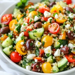 - Quinoa and Broth - 1 cup quinoa, rinsed and drained - 2 cups vegetable broth or water - Vegetables and Olives - 1 large cucumber, diced - 1 cup cherry tomatoes, halved - 1/2 red onion, finely chopped - 1 cup bell peppers (mixed colors), diced - 1/2 cup Kalamata olives, pitted and halved - Cheese and Herbs - 1/2 cup feta cheese, crumbled - 1/4 cup fresh parsley, chopped - 1/4 cup fresh mint, chopped - Lemon Dressing Components - Juice of 2 lemons - 3 tablespoons olive oil - Salt and pepper to taste This salad has a bright and fresh flavor. The quinoa adds a nice base. Each vegetable brings its own taste. The feta cheese adds creaminess. The olives give a salty bite. Fresh herbs like parsley and mint add a punch. The lemon dressing ties it all together. It’s simple yet full of flavor. You can use vegetable broth for a richer taste. This salad works well for lunch or dinner. You can also serve it at parties. The colors and textures make it a feast for the eyes. {{ingredient_image_1}} Boiling the Broth or Water Start by bringing 2 cups of vegetable broth or water to a boil in a medium pot. This liquid will give the quinoa great flavor. Simmering the Quinoa Once the broth boils, add 1 cup of rinsed quinoa. Lower the heat to a gentle simmer. Cover the pot and let it cook for about 15 minutes. The quinoa will absorb all the liquid. Fluffing the Quinoa After 15 minutes, remove the pot from heat. Let it sit for a few minutes. Then, use a fork to fluff the quinoa. This makes it light and airy. Chopping Techniques While the quinoa cooks, chop your veggies. Dice 1 large cucumber and 1 cup of bell peppers. Halve 1 cup of cherry tomatoes and finely chop 1/2 of a red onion. Mixing the Vegetables In a large bowl, combine all the chopped vegetables. Add 1/2 cup of Kalamata olives too. This mix adds color and flavor to your salad. Timing for Best Flavor Chop the veggies while the quinoa cooks. This way, everything is ready to mix together when the quinoa cools. Incorporating Quinoa and Vegetables Once the quinoa cools to room temperature, add it to the bowl of veggies. This helps blend the flavors nicely. Preparing the Dressing In a small bowl, whisk together the juice of 2 lemons, 3 tablespoons of olive oil, and salt and pepper. This dressing adds zest to the salad. Tossing and Seasoning Pour the dressing over the quinoa and veggies. Toss gently to mix everything well. Add 1/2 cup of crumbled feta cheese and 1/4 cup each of chopped parsley and mint. Toss lightly again. Taste your salad and adjust salt, pepper, or lemon juice if needed. Let it sit for 15 minutes to let flavors blend. Adjusting Seasoning To make this salad pop, taste it often. Start with salt and pepper. Add more lemon juice if you want it tangy. You can use garlic powder or onion powder for extra flavor. Remember, balance is key. Adding Extra Freshness To boost freshness, add more herbs. Chopped dill or basil works well. You can even mix in arugula for a peppery kick. A handful of spinach adds color and nutrients, too. Presentation Ideas Serve the salad in a large bowl for family-style sharing. For individual servings, use small plates. Garnish with lemon wedges and extra herbs. This makes the dish look fresh and inviting. Pairing with Other Dishes This salad pairs great with grilled chicken or fish. It’s also tasty with pita bread and hummus. For a full meal, consider adding a light soup. The flavors blend well together. Storing for Later Use To store the salad, keep it in an airtight container. It stays fresh for up to three days in the fridge. If possible, store the dressing separately. This keeps the salad crisp. Best Practices for Freshness Always use fresh ingredients when you prep. Rinse your veggies right before use. This helps keep their taste bright. If you make it ahead, add herbs just before serving for the best flavor. Pro Tips Use Fresh Herbs: Fresh parsley and mint enhance the flavor profile of the salad, making it more vibrant and aromatic. Always opt for fresh herbs when possible. Chill Before Serving: Allow the salad to sit in the refrigerator for at least an hour before serving. This resting time helps the flavors meld beautifully. Customize Your Veggies: Feel free to add or substitute other vegetables like zucchini or artichoke hearts based on your preference or seasonal availability. Perfect Quinoa Texture: Rinse the quinoa thoroughly before cooking to remove any bitterness. This step ensures a fluffier and more enjoyable texture. {{image_2}} You can easily swap out grains in this salad. Try using brown rice or farro instead of quinoa. These grains add their own unique flavor and texture. You could also opt for barley for a chewier bite. For vegetables, get creative! Instead of cucumber, use zucchini. Replace cherry tomatoes with diced radishes for a peppery kick. Add artichoke hearts or roasted red peppers for more color and taste. If you want a vegan version, leave out the feta cheese. You can use a vegan cheese alternative or add more olives for creaminess. For gluten-free options, quinoa is already safe! Just confirm your broth is gluten-free too. For lower fat, use less olive oil. You can also skip the feta without losing much flavor. The lemon and herbs offer plenty of zest. Want to boost the flavor? Add fresh dill or oregano to enhance the herb profile. You can also sprinkle in some crushed red pepper for heat. If you're looking for protein, add chickpeas or grilled chicken. Both options make the salad more filling. You could even toss in some shrimp for a seafood twist! To keep your Lemon Herb Mediterranean Salad fresh, store it in an airtight container. This helps keep out air, which can spoil your food. You can also use glass containers or bowls with tight lids. Before sealing, make sure the salad is cool. Warm foods can create moisture, which leads to sogginess. Expected Shelf Life When stored properly, the salad lasts about 3 days in the fridge. After that, the veggies may turn mushy. The quinoa can dry out, and the flavors will fade. Always check for any off smells or changes in texture before eating leftovers. How to Freeze the Salad You can freeze this salad, but it may change in texture. To freeze, place the salad in a freezer-safe container, leaving some space at the top for expansion. Avoid freezing the feta cheese and fresh herbs, as they do not thaw well. Thawing and Reusing Tips When you're ready to eat, take the salad out of the freezer. Let it thaw in the fridge overnight. You can also run it under cold water if you're in a hurry. After thawing, add fresh herbs and feta cheese for the best taste. Enjoy your salad within a week for the best quality. You can make this salad gluten-free easily. Use gluten-free quinoa instead of regular quinoa. Most brands of quinoa are gluten-free, but always check the label. You can also swap the feta cheese for a dairy-free option if needed. This way, you keep the flavors while making it safe for those with gluten issues. Yes, you can prepare this salad in advance. I recommend making it a few hours before serving. This allows the flavors to mix well. Store it in the fridge in a sealed container. It stays fresh for up to two days. Just remember to give it a good stir before serving. You can add several nutritious items to this salad. Consider these options: - Chickpeas: These add protein and fiber. - Avocado: This brings healthy fats and creaminess. - Spinach: This boosts vitamins and adds color. - Nuts or seeds: These provide crunch and extra nutrients. These additions can make your salad even tastier and healthier! This blog post covered how to make a flavorful Lemon Herb Mediterranean Salad. We explored the key ingredients, cooking steps, and tips for best results. Remember to choose fresh ingredients for great taste. Feel free to adjust the recipe to suit your needs, with alternative grains or toppings. Store leftovers well to keep them fresh for another meal. With these steps, you can enjoy a healthy, tasty dish anytime. Happy cooking!