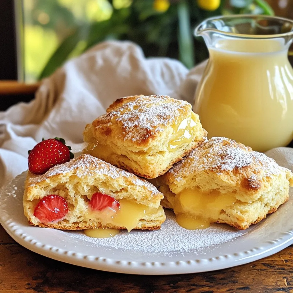 To make these delightful scones, gather these key ingredients: - 2 cups all-purpose flour - 1/4 cup granulated sugar - 1 tablespoon baking powder - 1/2 teaspoon salt - 1/2 cup unsalted butter, cold and cubed - 3/4 cup heavy cream - 1/4 cup freshly squeezed lemon juice - Zest of 1 lemon - 1 cup fresh strawberries, hulled and chopped - 1 tablespoon milk for brushing Each ingredient plays a role in the taste and texture. The flour forms the base. Sugar adds sweetness, while baking powder helps the scones rise. Butter gives a rich flavor, and the cream makes them tender. Lemon juice and zest add that fresh, zesty kick, perfectly pairing with strawberries. For a sweet finish, you can make a glaze using: - 1 cup powdered sugar - 2 tablespoons lemon juice This glaze adds a glossy, sweet touch that enhances the scones' flavor. It’s easy to mix and fun to drizzle. You can swap some ingredients if needed. For flour, use gluten-free flour for a gluten-free option. Instead of heavy cream, you can use buttermilk or milk. If you want less sugar, reduce the granulated sugar by half. Fresh strawberries can be replaced with other berries like blueberries or raspberries. These swaps will still create tasty scones while fitting your needs. {{ingredient_image_1}} To start, preheat your oven to 400°F (200°C). Line a baking sheet with parchment paper. In a large bowl, mix together 2 cups of all-purpose flour, 1/4 cup of granulated sugar, 1 tablespoon of baking powder, and 1/2 teaspoon of salt. Stir until everything is well combined. Next, add in 1/2 cup of cold, cubed unsalted butter. Use a pastry cutter or your fingers to mix the butter into the flour until it looks like coarse crumbs. In another bowl, combine 3/4 cup of heavy cream, 1/4 cup of freshly squeezed lemon juice, and the zest of 1 lemon. Pour this mixture into the dry ingredients. Stir gently until just combined. Now, fold in 1 cup of hulled and chopped fresh strawberries. Be careful not to overmix. Turn the dough onto a floured surface. Knead it a few times until it comes together. Pat the dough into a circle about 1-inch thick. You can cut it into wedges like a pizza or use a biscuit cutter for rounds. Place the scones on the prepared baking sheet, leaving about 2 inches between them. Brush the tops of the scones with 1 tablespoon of milk for a nice golden finish. Bake in your preheated oven for 15-18 minutes. Watch for a light golden color on the tops. Once they look good, remove them from the oven and let them cool on a wire rack. While the scones cool, you can make the glaze if you want. In a small bowl, mix 1 cup of powdered sugar with 2 tablespoons of lemon juice. Stir until smooth. Once your scones are cool, drizzle the glaze over them for an extra sweet touch. Enjoy your fresh and tasty Strawberry Lemonade Scones! To get soft and flaky scones, use very cold butter. Cut it into small cubes before adding it to the flour. This keeps the butter from melting too fast. Mix the butter into the flour until it looks like crumbs. Don’t overwork the dough; mix just until it comes together. This step is key for light scones. Store your scones in an airtight container. This keeps them fresh for about 2 days. If you want to keep them longer, freeze them right after baking. Just place cooled scones in a freezer bag. They can last up to 3 months in the freezer. To enjoy, let them thaw on the counter or warm them in the oven. Serve these scones fresh from the oven for the best taste. Pair them with butter or clotted cream. Adding fresh strawberries on the side makes it even better. For a fun twist, drizzle the optional glaze over the top. This adds a sweet and tangy flavor that everyone loves. Consider serving with a tall glass of iced tea or lemonade for a refreshing treat. Pro Tips Use Cold Ingredients: Ensure your butter and cream are cold for flakier scones. This helps create steam during baking, resulting in a tender texture. Don’t Overmix: When combining the wet and dry ingredients, mix just until combined. Overmixing can lead to tough scones. Chill the Dough: If time permits, chill the dough for about 30 minutes before baking. This can enhance the flavor and texture of your scones. Try Different Fruits: Feel free to experiment with other fruits like blueberries or raspberries for a different flavor profile in your scones! {{image_2}} You can swap strawberries for other fruits in these scones. Blueberries add a nice burst of flavor. Raspberries work well too, giving a tart taste. Cherries also make a sweet treat. Just chop the fruit to the same size as strawberries. If you need a gluten-free version, use a gluten-free flour blend. Make sure it has a good binding agent. You can add a tablespoon of xanthan gum to help with texture. The rest of the recipe stays the same. Enjoy scones that everyone can savor! Think outside the box with flavors! Add a splash of vanilla for warmth. A hint of almond extract can give a nutty flavor. You can also mix in some poppy seeds for crunch. Each twist can make your scones unique and delightful! To keep your scones fresh, store them in an airtight container. This helps lock in moisture and flavor. If you have leftover scones, let them cool completely first. Then, place them in the container. They can stay fresh at room temperature for up to two days. If you want to keep them longer, consider other methods. Freezing scones is a great way to enjoy them later. Start by letting the scones cool. Once cool, wrap each scone in plastic wrap. Then, place the wrapped scones in a freezer bag. Squeeze out the air to avoid freezer burn. Frozen scones can last for up to three months. When you’re ready to enjoy them, just thaw them at room temperature. Reheating scones makes them taste fresh again. You can use an oven or microwave. For the oven, preheat to 350°F (175°C). Place the scones on a baking sheet and warm them for about 10 minutes. This makes the outside crisp again. If you use a microwave, heat for about 15-20 seconds. Be careful not to overheat them, or they may become tough. Enjoy your scones warm and tasty! Yes, you can make the scone dough ahead of time. Prepare it and shape the scones. Place them on a baking sheet. Cover with plastic wrap and chill in the fridge. You can do this for up to 24 hours. When ready, take them out and bake. This saves time and gives you fresh scones. Serve scones warm for the best taste. Place them on a pretty plate. You can add fresh strawberries on the side. A small pitcher of lemon glaze makes it special. Dust with powdered sugar for a nice touch. Pair with tea or lemonade for a lovely treat. Check the scones after 15 minutes of baking. They should be lightly golden on top. If the edges are brown, they are done. You can also insert a toothpick into the center. If it comes out clean, the scones are ready. Let them cool slightly before serving. In this post, we explored making strawberry lemonade scones. We covered all the key ingredients and optional glaze details. I shared tips for storage and serving to keep your scones fresh and tasty. You can try different fruit or gluten-free options for fun variations. Enjoy your tasty creations! Baking is all about experimenting and having fun. Now, go ahead and make those scones shine!