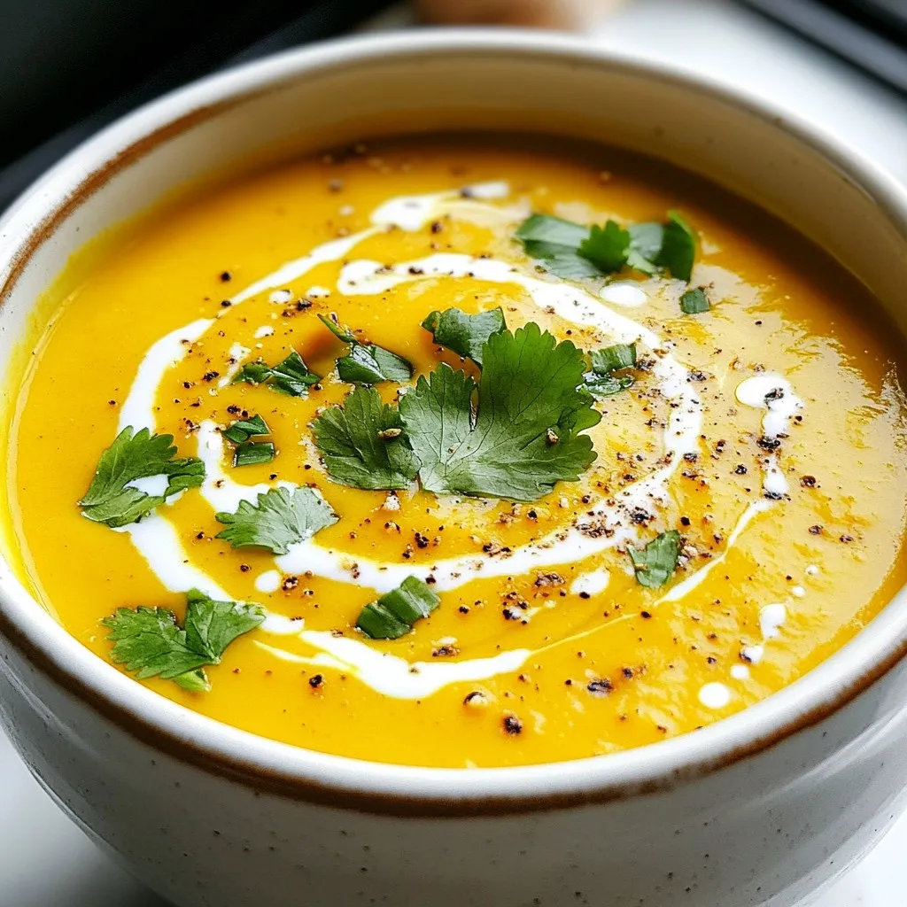 To make creamy roasted pumpkin soup, gather these ingredients: - 1 medium pumpkin (about 3-4 pounds), peeled and diced - 1 medium onion, chopped - 2 cloves garlic, minced - 1 carrot, diced - 1 tablespoon olive oil - 4 cups vegetable broth - 1 teaspoon ground cumin - 1 teaspoon ground ginger - 1 cup coconut milk - Salt and pepper to taste - Fresh cilantro or parsley for garnish If you can't find a medium pumpkin, you can use butternut squash. It has a sweet taste and works well in this soup. Instead of coconut milk, you can use heavy cream or almond milk for a different flavor. You can also swap vegetable broth with chicken broth if you're not vegan. For spices, fresh ginger can replace ground ginger. Just use a bit more since it's less strong. Each serving of this soup has about: - Calories: 200 - Protein: 4g - Carbohydrates: 30g - Fat: 8g - Fiber: 5g - Sugar: 4g This soup is low in calories and high in nutrients. It gives you a warm and comforting feel, perfect for chilly days. Plus, it’s packed with vitamins from the pumpkin and carrots, making it a healthy choice. Enjoy making this creamy roasted pumpkin soup! {{ingredient_image_1}} To start, gather your ingredients. You will need: - 1 medium pumpkin (about 3-4 pounds), peeled and diced - 1 medium onion, chopped - 2 cloves garlic, minced - 1 carrot, diced - 1 tablespoon olive oil - 4 cups vegetable broth - 1 teaspoon ground cumin - 1 teaspoon ground ginger - 1 cup coconut milk - Salt and pepper to taste - Fresh cilantro or parsley for garnish First, preheat your oven to 400°F (200°C). This is important for roasting your veggies. Next, take a large bowl and toss together the diced pumpkin, chopped onion, minced garlic, and diced carrot. Drizzle the olive oil over the mix and season with salt and pepper. Make sure everything is well-coated. Now, spread the vegetable mix evenly on a baking sheet. Keep them in a single layer to ensure they roast well. Place the baking sheet in the preheated oven. Roast for 25-30 minutes. You want the pumpkin to be tender and slightly caramelized. This step adds rich flavor to the soup. Once the veggies are roasted, transfer them to a large pot. Pour in the vegetable broth, and add the ground cumin and ground ginger. Bring this mixture to a simmer over medium heat. Let it cook for 10 minutes. This allows all the flavors to blend nicely. After simmering, take the pot off the heat. Use an immersion blender to puree the soup until it is smooth. If you don’t have an immersion blender, you can use a regular blender. Just work in small batches to avoid spills. Return the pureed soup to low heat. Stir in the coconut milk and taste. Adjust the seasoning with more salt and pepper if needed. Serve hot, and don’t forget to garnish with fresh cilantro or parsley. Enjoy your creamy roasted pumpkin soup! To make your soup creamy, use coconut milk. It adds a rich flavor and smoothness. Blend the soup well until it's totally smooth. If you want it thicker, add less broth. You can also use a regular blender, but do it in small batches to avoid spills. Add ground cumin and ginger to boost flavor. These spices give warmth and depth. You can also experiment with herbs like thyme or sage. A squeeze of lime juice can add a nice zing. If you like a bit of heat, try adding red pepper flakes. Don’t skip the roasting step. Roasting brings out the natural sweetness of the pumpkin. Also, be careful not to over-season. Taste the soup before adding more salt or pepper. Finally, make sure to blend well; no one likes a chunky soup! Pro Tips Choose the Right Pumpkin: Select a sugar pumpkin or pie pumpkin for a sweeter, creamier soup texture. Enhance Flavor with Spices: Feel free to add a pinch of nutmeg or cinnamon for extra warmth and depth of flavor. Blend for Smoothness: For an ultra-smooth texture, blend the soup in batches, and strain it through a fine mesh sieve if desired. Make it Ahead: This soup stores well in the fridge for up to 5 days, and flavors deepen over time, making it perfect for meal prep. {{image_2}} If you want to add protein to your creamy roasted pumpkin soup, consider using cooked chicken, turkey, or even beans. Shredded chicken adds a nice texture. For a heartier dish, use cooked lentils or chickpeas. They blend well and enhance the soup's flavor. Simply stir in the protein before serving. This will warm it through and make your soup even more filling. This soup is easy to adapt for vegetarian and vegan diets. To make it vegetarian, just ensure you use vegetable broth, which is already part of the recipe. For a vegan option, confirm that the coconut milk is unsweetened and pure. You can also add nutritional yeast for a cheesy taste without dairy. This adds depth and richness, making the soup satisfying for everyone. You can change the flavor profile by adding different herbs and spices. Try adding a pinch of nutmeg for warmth. Fresh thyme or rosemary can introduce an earthy note. If you like a kick, a dash of cayenne pepper will spice things up. Remember to taste as you go, adjusting the spices to your liking. These tweaks make the soup unique every time you make it. After you make the soup, let it cool. Pour it into an airtight container. Store it in the fridge. It will stay fresh for about 3 to 5 days. When ready to eat, check for any signs of spoilage, like bad smells or changes in color. You can freeze this soup for longer storage. First, let it cool completely. Then, pour the soup into freezer-safe bags or containers. Remove as much air as possible before sealing. The soup can last up to 3 months in the freezer. Label the bags with the date for easy tracking. To reheat, take the soup out of the fridge or freezer. If frozen, let it thaw overnight in the fridge. You can reheat it on the stovetop over medium heat. Stir often to prevent sticking. If using a microwave, heat it in short bursts, stirring in between. Add a splash of water or extra coconut milk if it seems too thick. Enjoy your warm, creamy soup! To make creamy roasted pumpkin soup from scratch, start by preheating your oven to 400°F (200°C). Peel and dice one medium pumpkin, about 3-4 pounds. In a large bowl, mix the diced pumpkin, one chopped onion, two minced garlic cloves, and one diced carrot. Add one tablespoon of olive oil, then season with salt and pepper. Spread this mix on a baking sheet and roast for 25-30 minutes until tender and caramelized. Next, transfer the roasted veggies to a large pot. Pour in four cups of vegetable broth, one teaspoon of ground cumin, and one teaspoon of ground ginger. Simmer this on medium heat for 10 minutes. Remove from heat, and blend the mixture until smooth with an immersion blender or regular blender. Stir in one cup of coconut milk over low heat, adjusting seasoning as needed. Serve hot. Yes, you can use canned pumpkin instead of fresh. Canned pumpkin is convenient and saves time. Use about 15 ounces of canned pumpkin, which is roughly equivalent to one medium pumpkin. Skip the roasting step, as the canned pumpkin is already cooked. Simply add it to the pot with the vegetable broth and spices. Blend it until smooth, then stir in the coconut milk. Adjust seasoning to taste. The best garnishes for pumpkin soup include fresh cilantro or parsley. They add a pop of color and freshness. You can also use a drizzle of coconut milk for a creamy look. Roasted pumpkin seeds offer a nice crunch. For extra flavor, try adding a sprinkle of paprika or a few croutons. Each garnish brings its own twist, enhancing your soup experience. This blog covers how to make creamy roasted pumpkin soup. You learned about key ingredients, substitutions, and nutritional info. I shared step-by-step instructions, tips for texture and flavor, and common mistakes to avoid. We also explored variations, storage tips, and answered popular questions. Remember, this soup is versatile. You can make it unique with protein, herbs, or spices. Enjoy making your soup, getting creative, and savoring every bowl!