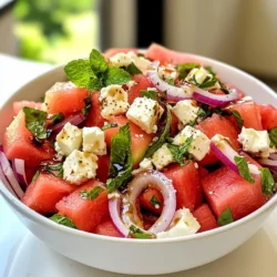 - 4 cups seedless watermelon, cubed - 1 cup feta cheese, crumbled - 1/4 cup fresh mint leaves, chopped - 1/4 cup red onion, thinly sliced The main ingredients make this salad bright and tasty. Watermelon gives a sweet and juicy base. Feta adds a creamy and salty touch. Fresh mint leaves bring a cool flavor. The red onion adds a bit of crunch and spice. Together, they create a delightful mix. - 2 tablespoons olive oil - 2 tablespoons balsamic glaze - Salt and pepper to taste The dressing for this salad is simple yet bold. Olive oil adds richness and smoothness. Balsamic glaze brings a sweet and tangy kick. A pinch of salt and pepper rounds out the flavors. This dressing helps the ingredients shine. - Serving Sizes: This salad serves 4, perfect for a small gathering. - Ingredient Substitutions: If you want, you can swap feta with goat cheese. You can also use fresh basil instead of mint. These changes give a new twist to the salad. {{ingredient_image_1}} Prepping the Watermelon Start by cutting your seedless watermelon into cubes. Aim for bite-sized pieces. Use a sharp knife for clean cuts. This helps keep the texture firm. Crumbling the Feta Cheese Next, take your feta cheese and crumble it. I like to use my fingers for this task. This method gives you better control. Aim for small, even pieces. You want it to mix well with the other ingredients. Chopping the Mint and Slicing the Onion Now, take fresh mint leaves and chop them finely. You want small bits to spread the flavor. Then, slice the red onion thinly. Aim for thin rings or half-moons. This will add a nice crunch to your salad. Mixing Ingredients Carefully In a large mixing bowl, combine the watermelon and feta cheese. Gently toss them together to avoid mashing the feta. Next, add the chopped mint leaves and sliced red onion. Toss lightly again to mix everything without breaking the feta. Drizzling the Dressing Now, drizzle olive oil and balsamic glaze over the mixture. Season with salt and pepper to taste. Make sure to use just a pinch of salt. Too much can overpower the salad's fresh flavors. Allowing to Rest Let your salad sit for about 10 minutes. This resting time helps the flavors blend together. It makes each bite taste even better. Final Tossing Techniques After resting, give the salad one final toss. This ensures an even distribution of flavors. You want every bite to be as delicious as the last! What to Look For When picking a watermelon, look for a firm and heavy fruit. The skin should be smooth and free of dents. A nice yellow spot on the bottom shows it ripened in the sun. Tap the watermelon; a deep sound means it is ripe. Seasonal Considerations Summer is the best time for sweet watermelon. In the U.S., peak season runs from June to August. During this time, watermelons taste their best and are easy to find. Choosing the Right Type Go for creamy, crumbly feta cheese. It adds a nice saltiness to the salad. You can find it in blocks or crumbles. Blocks are great for cutting into small pieces. Crumbled feta is ready to use. Storage Tips Store feta cheese in the fridge. Keep it in its brine for freshness. If you buy a block, wrap it tightly to keep it moist. Use it within a week for the best taste. Ideal Pairings Pair the salad with grilled meats or seafood. It goes well with chicken or shrimp. You can also serve it with flatbreads or pita for a light meal. Presentation Tips Serve the salad in a large bowl or on a platter. Garnish with extra mint leaves for color. Drizzle a bit more balsamic glaze on top for flair. This makes it look delicious and inviting! Pro Tips Choose Ripe Watermelon: Select a watermelon that feels heavy for its size and has a uniform shape. Look for a creamy yellow spot where it rested on the ground, indicating ripeness. Feta Cheese Substitution: If you prefer a creamier texture, consider using goat cheese instead of feta. It offers a similar tangy flavor with a smooth finish. Chill for Extra Refreshment: For an even more refreshing salad, chill the watermelon and feta cheese in the refrigerator for an hour before assembling the salad. Explore Flavor Variations: Feel free to add other ingredients like cucumbers or avocado for added texture and flavor. A squeeze of lime juice can also enhance the freshness. {{image_2}} You can make this salad even better by adding more ingredients. Here are two great ideas: - Nuts or Seeds for Crunch: Adding nuts, like walnuts or almonds, gives a nice crunch. Seeds like pumpkin or sunflower seeds also work well. They add texture and flavor. - Fruits to Complement the Flavor: You can mix in fruits like berries or mango. These fruits add sweetness and a colorful touch. Changing the dressing can change the whole salad. Here are two tasty options: - Citrus Dressings: A simple lemon or lime dressing can brighten the salad. Just mix citrus juice with olive oil for a fresh taste. - Herb-Infused Oils: Using oils infused with herbs gives a unique flavor. Rosemary or thyme oils can add depth and aroma. You can easily adjust this salad to fit your diet. Here are some options: - Vegan Alternatives: To make it vegan, swap feta for avocado or a nut-based cheese. Both options add creaminess without dairy. - Gluten-Free Options: This salad is naturally gluten-free, so no changes are needed. Enjoy it worry-free! For short-term storage, keep your watermelon feta mint salad in the fridge. Use an airtight container to keep it fresh. This salad lasts about three days in the refrigerator. After that, the watermelon may lose its crunch. Can You Freeze Watermelon Feta Mint Salad? No, you cannot freeze this salad. The texture of the watermelon and feta will change when frozen. They will turn mushy once thawed. Ideal Freezing Methods Since freezing is not an option, enjoy your salad fresh. Prepare small servings if you want to save some for later. Make-Ahead Tips You can prep some ingredients in advance. Cut the watermelon and chop the mint ahead of time. Store them separately in the fridge. This keeps them fresh until you're ready to mix. Best Practices for Freshness Mix the salad just before serving. This ensures the flavors stay bright and fresh. If you must add dressing early, do it right before serving to keep it crisp. Yes, you can. Feta cheese adds a salty kick to the salad. If you want to try something different, use goat cheese or ricotta. Both options offer a creamy texture. Goat cheese brings a tangy flavor, while ricotta is milder. Experiment and see what you like best! Absolutely! This salad is gluten-free. It contains no grains or gluten-based ingredients. All the main ingredients, like watermelon and feta, are safe for those with gluten sensitivities. Enjoy this salad without any worries about gluten. To enhance the dressing, try adding fresh herbs like basil or cilantro. A splash of lemon juice can brighten the flavor, too. If you prefer spice, a pinch of red pepper flakes works well. These simple tweaks can make the dressing even more delicious. This salad is best served cold. The coolness of the watermelon is refreshing. Serving it warm may change the texture of the feta. However, if you want a warm dish, consider grilling the watermelon first. This adds a smoky flavor, but keep the other ingredients cold for balance. This blog post provided a detailed guide to making a refreshing watermelon feta mint salad. We discussed ingredient selection, measurements, and preparation steps. You learned tips to enhance flavor and variations to fit dietary needs. Finally, we covered storage tips and answered common questions. Enjoy crafting this salad to share with friends. Experiment with flavors and make it your own. Fresh, simple, and tasty, this salad adds joy to any meal. Dive in and enjoy every bite!