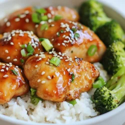 To make honey garlic teriyaki chicken, you will need: - 1 lb boneless chicken thighs or breasts - 1/4 cup soy sauce (low sodium) - 2 tablespoons honey - 3 cloves garlic, minced - 1 tablespoon fresh ginger, grated - 1 tablespoon rice vinegar - 1 tablespoon sesame oil - 1 tablespoon cornstarch - 1/4 cup water - 1 tablespoon sesame seeds for garnish - 2 green onions, chopped for garnish - Cooked rice, for serving - Steamed broccoli or veggies of choice, for serving If you're missing some ingredients, here are some alternatives: - Use chicken drumsticks or wings instead of thighs or breasts. - Substitute honey with maple syrup for a different sweetness. - Try low-sodium tamari instead of soy sauce for a gluten-free option. - Use garlic powder if you don’t have fresh garlic. - Switch rice vinegar for apple cider vinegar if needed. You don’t need much to make this dish. Here’s what you will require: - A medium bowl for the marinade - A resealable plastic bag or flat dish for marinating the chicken - A large skillet or pan for cooking - A small bowl for mixing cornstarch and water - A cutting board and knife for slicing chicken - Measuring cups and spoons for accuracy These ingredients and tools create a simple yet tasty meal that you can enjoy with family and friends. {{ingredient_image_1}} To start, grab a medium bowl. Mix together the soy sauce, honey, minced garlic, grated ginger, rice vinegar, and sesame oil. Stir this well to combine. This mix is your marinade. Take your chicken thighs or breasts and place them in a resealable plastic bag or flat dish. Pour the marinade over the chicken. Make sure it covers the chicken well. Seal the bag or cover the dish. Let it marinate in the fridge for at least 30 minutes. For more flavor, you can let it sit for up to 2 hours. When the chicken finishes marinating, take it out of the marinade. Keep the marinade for later. Heat a little oil in a large skillet over medium-high heat. Add the chicken to the skillet. Cook the chicken for about 5-7 minutes on each side. It should turn golden brown and be cooked through. Once done, take the chicken out and let it rest for a couple of minutes. This keeps it juicy. In the same skillet, pour in the marinade you saved. Bring it to a gentle simmer. In a small bowl, mix cornstarch and water until smooth. Add this mix to the skillet. Stir while it cooks to thicken the sauce. This should take about 2-3 minutes. Slice the cooked chicken and return it to the skillet. Toss it in the sauce to coat it well. Now, your honey garlic teriyaki chicken is ready to serve! To get the best flavor, let the chicken soak in the marinade. Mix the soy sauce, honey, garlic, ginger, rice vinegar, and sesame oil well. The longer you marinate, the more intense the taste. Aim for at least 30 minutes, but two hours is even better. This step makes your chicken juicy and full of flavor. For tender chicken, cook it on medium-high heat. Sear each side for about 5-7 minutes. This gives a nice golden crust. Let the chicken rest for a few minutes after cooking. This helps keep the juices inside. When you slice it, the chicken stays moist and tender. Presentation enhances your meal. Serve the chicken over a bed of fluffy rice. Add steamed broccoli or your favorite veggies on the side. Drizzle the thickened sauce over the chicken for a shiny look. Sprinkle sesame seeds and chopped green onions on top for color. This makes your dish not just tasty, but beautiful, too! Pro Tips Marinate for Maximum Flavor: The longer you marinate the chicken, the more flavorful it will be. Aim for at least 2 hours for the best results. Use High Heat for a Perfect Sear: Cooking the chicken over medium-high heat will give it a nice golden brown crust while keeping it juicy inside. Thicken the Sauce Properly: Make sure to stir the cornstarch slurry into the marinade slowly to avoid lumps and achieve a smooth sauce. Fresh Garnishes Matter: Adding chopped green onions and sesame seeds right before serving enhances the dish's flavor and presentation. {{image_2}} You can add veggies to your honey garlic teriyaki chicken. It's easy and tasty! Just chop up some broccoli, bell peppers, or snap peas. After marinating the chicken, cook the veggies in the same skillet. This adds color and nutrition to your meal. Toss the cooked chicken back into the skillet with the veggies. The sauce will coat everything, making a wholesome dish. Grilling is another great way to enjoy this dish. After marinating, preheat your grill. Place the chicken on the grill for about 6-8 minutes per side. Check that it's fully cooked before serving. Grilling gives the chicken a nice smoky flavor. Serve it with rice and grilled veggies for a summer touch. If you prefer a vegetarian option, tofu works well in this recipe. Use firm tofu and press it to remove extra water. Cut it into cubes and marinate just like the chicken. Cook the tofu in the skillet until golden brown. You can also try tempeh or seitan as substitutes. Both will soak up the marinade flavors nicely. Serve with rice and veggies for a satisfying meal. You can store leftovers in an airtight container. Make sure to let the chicken cool first. Place the chicken and sauce in the container. Store it in the fridge for up to three days. Keeping it sealed helps maintain flavor and moisture. To reheat, use a skillet over medium heat. Add a splash of water or chicken broth. This keeps the chicken moist as it heats. Stir often to avoid burning. You can also microwave the chicken. Place it on a plate and cover it. Heat for one to two minutes, checking often. You can freeze this dish for longer storage. Let the chicken cool completely before freezing. Place it in a freezer-safe bag or container. Remove as much air as possible. It can last up to three months in the freezer. When ready to use, thaw it in the fridge overnight. Reheat it as mentioned above for the best taste. Yes, you can use chicken breast. Chicken breasts are leaner than thighs. They will work well in this recipe. Just remember to adjust the cooking time. Chicken breasts may need a bit longer to cook through. Always ensure the chicken reaches an internal temperature of 165°F. Many veggies complement honey garlic teriyaki chicken. Here are some great choices: - Bell peppers - Snap peas - Carrots - Zucchini - Mushrooms These vegetables add color and nutrition. You can steam or stir-fry them. They will soak up the tasty sauce too! To make this dish gluten-free, swap soy sauce with gluten-free tamari. You can find tamari in most grocery stores. Check the label to ensure it's gluten-free. The rest of the ingredients in the recipe are naturally gluten-free. This way, everyone can enjoy this meal! This blog post covers key ingredients and cooking steps for Honey Garlic Teriyaki Chicken. You learned about marinating chicken, making sauce, and useful kitchen tools. I shared tips to perfect your marinade, ensure tender chicken, and present your dish well. We explored fun variations and storage tips, too. Cooking should be fun and easy. Experiment with flavors and enjoy every bite! Your kitchen can create tasty meals, and this dish is a great start.
