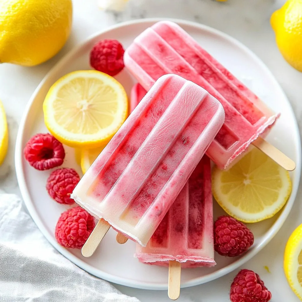 You need 2 cups of fresh raspberries. Look for bright, plump berries. Avoid any that are mushy or moldy. Fresh raspberries bring a sweet and tangy flavor that makes these popsicles great. You will use 1 cup of freshly squeezed lemon juice. This is about 4-5 lemons. Fresh juice adds a bright taste that balances the sweetness. Bottled lemon juice lacks the same fresh flavor. You can choose between ½ cup of honey or agave syrup. Honey gives a floral taste, while agave is milder. Both sweeteners blend well with the tartness of the raspberries and lemons. Add 1 tablespoon of lemon zest. This boosts the lemon flavor. A pinch of salt enhances the sweetness and balances the tangy notes. These two ingredients make your popsicles even more delicious. {{ingredient_image_1}} Start by washing the fresh raspberries well. Use cold water to clean them. Make sure to remove any dirt or bugs. After washing, set aside a few raspberries for later. You will use these as a garnish. They add a nice touch to your popsicles. Next, grab your blender. Add 2 cups of fresh raspberries to it. Then, pour in 1 cup of freshly squeezed lemon juice. This juice comes from about 4 to 5 lemons. Add 1 cup of water and ½ cup of honey or agave syrup. Also, include 1 tablespoon of lemon zest and a pinch of salt. Blend until the mixture is smooth and creamy. Now, you need to strain the mixture. Use a fine mesh sieve and place it over a bowl. Pour the blended mixture into the sieve. Use a spatula to push the liquid through. This step removes the seeds, leaving you with a smooth liquid. It helps make your popsicles extra nice. Once you have your smooth mixture, it’s time to fill the molds. Pour the raspberry lemonade mixture into each popsicle mold. Make sure to leave a little space at the top. This space helps with expansion as the popsicles freeze. If you want, drop in a couple of whole raspberries into each mold. This adds flavor and looks great. Now, insert the sticks into the molds. Place the molds in the freezer. Let them freeze for at least 4 to 6 hours. You want the popsicles to be completely solid. This freezing time is key for a perfect treat. When the popsicles are frozen, it’s time to take them out. Run warm water over the outside of the molds for a few seconds. This helps to loosen the popsicles. Gently pull them out. Enjoy your homemade raspberry lemonade popsicles! They are a perfect summer treat. When you choose raspberries, look for bright color and firm texture. Avoid berries that are mushy or have dark spots. The best raspberries smell sweet and look plump. Fresh raspberries taste great and make your popsicles yummy. If you like your popsicles sweeter, add more honey or agave syrup. Start with a little, then taste the mix. You can always add more, but you can't take it out. If you prefer less sweetness, reduce the amount of sweetener. Blend the raspberries well to get a smooth mixture. If you see any chunks, blend again. Straining the mix through a fine mesh sieve helps remove seeds. This step is key for a nice texture in your popsicles. To unmold your popsicles, run warm water over the outside of the molds. This helps loosen them. Be gentle when pulling them out. If they stick, you can twist the mold slightly to help release them. Enjoy your refreshing treat! Pro Tips Choose Ripe Raspberries: Select fresh, ripe raspberries for the best flavor. Overripe or mushy berries can affect the texture and taste of your popsicles. Adjust Sweetness: Depending on the tartness of your lemons and raspberries, feel free to adjust the amount of honey or agave syrup to suit your taste. Layering Flavors: For a unique twist, consider adding a layer of yogurt or coconut milk between raspberry layers in the popsicle molds for added creaminess. Storing Popsicles: Once fully frozen, store the popsicles in an airtight container to prevent freezer burn and to keep them fresh for longer. {{image_2}} You can easily change the flavors of your popsicles. Try adding strawberries for a sweet twist. Just blend them with the raspberries. You can also add more lemon juice for a tart kick. This will make your popsicles even more refreshing. Mixing fruits gives you a fun way to explore new tastes. Don't be afraid to experiment with your favorite fruits! While honey or agave syrup works well, you can try other sweeteners. Maple syrup can give a rich flavor. You can also use stevia or coconut sugar for a healthier option. Just keep in mind that each sweetener has a different taste. Adjust the amount based on how sweet you want your popsicles. This allows you to tailor them to your own taste! For a fun adult treat, you can add alcohol. A splash of vodka or rum can enhance the flavor. Mix about 1/4 to 1/2 cup of your favorite liquor into the blend. This will create a refreshing cocktail popsicle. Just remember to enjoy them responsibly! These adult popsicles are perfect for summer parties or relaxing by the pool. To store your homemade raspberry lemonade popsicles, keep them in the freezer. Use airtight containers or freezer bags. This helps keep them fresh and tasty. Label the bags with the date you made them. This way, you won’t lose track of how long they've been in there. Homemade popsicles will stay good in the freezer for about 2 to 3 months. They will taste best within the first month. After that, they may lose some flavor or texture. Always check the taste before enjoying. Freezer burn can ruin your popsicles. Look for ice crystals on the surface or a dry texture. These signs mean they have been exposed to air. To prevent this, make sure to seal your popsicles well. Use plastic wrap before putting them in bags. This extra layer helps keep moisture in and air out. Yes, you can use frozen raspberries. They work well in this recipe. Just let them thaw a bit before blending. This way, they will blend smoothly into the lemonade. However, fresh raspberries provide a brighter taste. The popsicles need at least 4 to 6 hours to freeze. I suggest leaving them overnight for the best results. This ensures they are fully solid and easy to unmold later. Yes, you can try other juices like lime or orange. Each juice brings a unique flavor. Keep in mind that lemon juice gives a tart taste that balances the sweetness of the honey. Adjust sugar to suit your taste. Serve these popsicles on a hot day for a refreshing treat. You can also pair them with fresh mint leaves for a nice touch. Another idea is to serve them with a drizzle of chocolate sauce for added flavor. Making Raspberry Lemonade Popsicles is simple and fun. You learned about the best ingredients, like fresh raspberries and lemon juice. I also showed you step-by-step how to prepare, blend, and freeze these tasty treats. Tips help you pick ripe berries and adjust sweetness. You can even switch up flavors with other fruits or alcohol for adults. These popsicles are easy to store and stay fresh longer. Enjoy creating a cool snack that is both delicious and refreshing!
