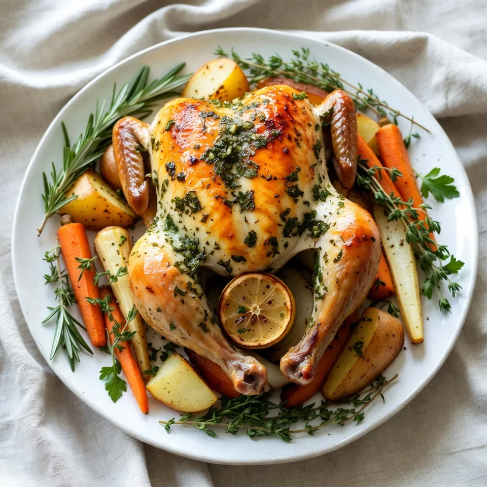 To make herb butter roasted chicken, you need these key ingredients: - 1 whole chicken (about 4-5 lbs) - 1/2 cup unsalted butter, softened - 4 cloves garlic, minced - 2 tablespoons fresh rosemary, chopped - 2 tablespoons fresh thyme, chopped - 1 tablespoon fresh parsley, chopped - Zest of 1 lemon - Salt and pepper, to taste - 1 lemon, quartered - 1 onion, quartered - 2 cups mixed root vegetables (carrots, potatoes, and parsnips), cut into chunks You can swap some ingredients if you need to. Here are a few ideas: - Use olive oil instead of butter for a lighter dish. - If you can’t find fresh herbs, use dried herbs. Just use less. - For vegetables, any root veggie works well. Try sweet potatoes or turnips. Fresh herbs give a brighter flavor, but dried herbs are handy. Use fresh herbs when you can for the best taste. When using dried herbs, remember they are more potent. Use one-third the amount of dried herbs compared to fresh ones. This helps avoid overpowering your dish. {{ingredient_image_1}} First, preheat your oven to 425°F (220°C). This step ensures a nice, crispy skin. Next, grab a bowl and mix the softened butter with minced garlic, rosemary, thyme, parsley, lemon zest, salt, and pepper. Mix until it's all combined well. This herb butter adds great flavor. Now, pat the chicken dry with paper towels. This helps the skin get crispy during roasting. Gently lift the skin on the chicken, especially on the breast. Spread half of the herb butter mixture under the skin. Use the rest to coat the outside of the chicken. This adds flavor all around. Stuff the chicken's cavity with the quartered lemon and onion. This adds moisture and taste. Then, take your mixed root vegetables—carrots, potatoes, and parsnips—cut into chunks. Toss them in a bit of olive oil, salt, and pepper for seasoning. Arrange these veggies around the chicken in a large roasting pan. Place the chicken on a rack above the vegetables in the roasting pan. This allows even cooking. Now, transfer the pan to your preheated oven. Roast the chicken for about 1 hour and 15 minutes. Keep an eye on it as it cooks. To check if the chicken is done, use a meat thermometer. Insert it into the thickest part of the thigh. The internal temperature should reach 165°F (75°C). If the juices run clear, it’s ready. Once cooked, remove the chicken from the oven. Let it rest for at least 15 minutes before carving. This resting time allows the juices to settle, making your chicken juicy and tasty. To get that nice, crispy skin, start with a dry chicken. Pat the chicken dry with paper towels. This helps the skin crisp up in the oven. Next, use a mix of herb butter under the skin and all over the outside. The butter adds flavor and moisture. Roast the chicken at a high heat of 425°F (220°C) to get the skin golden and crispy. If you want extra crunch, broil the chicken for a few minutes at the end. Add more flavor by using fresh herbs like rosemary, thyme, and parsley. You can mix these herbs into the butter. Lemon and garlic also boost the taste. Squeeze some lemon juice over the chicken before serving for a bright finish. You can even try adding spices like paprika or cayenne for a kick. These small tweaks make a big difference in flavor. Resting the chicken is very important. After roasting, let it sit for at least 15 minutes. This helps the juices settle back into the meat. If you skip this step, the juices will run out when you carve it. To carve, start by removing the legs and thighs first. Then, slice the breast meat. Serve the carved chicken on a platter with the roasted vegetables around it. This makes for a beautiful and tasty presentation. Pro Tips Let it Rest: Allow the chicken to rest for at least 15 minutes after roasting. This helps the juices redistribute, ensuring a moist and flavorful bird. Use a Meat Thermometer: To guarantee perfectly cooked chicken, use a meat thermometer. Insert it into the thickest part of the thigh; it should read 165°F (75°C). Customize Your Herbs: Feel free to mix and match herbs based on your preference. Fresh sage, oregano, or tarragon can also complement the flavors beautifully. Roast Vegetables to Perfection: Cut your root vegetables into uniform pieces for even cooking. Drizzle them with olive oil and season well to enhance their natural sweetness. {{image_2}} You can switch up the herbs in this recipe. Try using dill or sage. Mix in some basil for a fresh taste. Each herb brings a unique flavor to the chicken. Feel free to get creative! You can even use a mix of dried herbs if you don't have fresh ones. Just use less, about one-third of the amount. While root vegetables are great, you can use other veggies too. Bell peppers, zucchini, and broccoli roast well. They add color and crunch to your meal. Just remember to cut them into similar sizes. This helps them cook evenly. Toss them in olive oil, salt, and pepper like the root veggies. If you want to try new cooking methods, the air fryer is excellent. It cooks the chicken quickly and makes the skin crispy. Cook at 360°F (182°C) for about 50 minutes. Check the temperature to ensure it’s done. The slow cooker is another option for juicy chicken. Cook on low for 6 to 7 hours. The chicken will be tender and full of flavor. Each method gives you a delicious meal with its own twist! To store leftover chicken, let it cool first. Wrap the chicken tightly in plastic wrap or foil. Place it in an airtight container. Store it in the fridge for up to three days. Keeping it airtight helps maintain moisture and flavor. To reheat, preheat your oven to 350°F (175°C). Place the chicken in a baking dish. Add a splash of broth or water to keep it moist. Cover it with foil to prevent drying out. Heat for about 20 to 30 minutes or until warm. You can also use a microwave for quick reheating. Just cover it, and heat for 2 to 3 minutes. If you want to freeze the chicken, wrap it well in plastic wrap. Then, place it in a freezer bag. Make sure to remove as much air as possible. It can last up to three months in the freezer. When you're ready to eat, thaw it in the fridge overnight before reheating. This method keeps the chicken tasty and safe to eat later. You should roast a whole chicken for about 1 hour and 15 minutes. This timing works for a chicken weighing around 4-5 lbs. Always check the internal temperature. It should reach 165°F (75°C) in the thickest part of the thigh. This ensures the chicken is safe to eat and juicy. Using frozen chicken is not ideal for this recipe. It is best to use fresh or thawed chicken. If you must use frozen chicken, thaw it first. You can leave it in the fridge overnight to thaw safely. This keeps the chicken safe and helps the flavors mix better. The best way to know if your chicken is done is to use a meat thermometer. Insert it into the thickest part of the thigh. The temperature should read 165°F (75°C). You can also check the juices. If they run clear, the chicken is cooked. Always let it rest for about 15 minutes before carving. This helps keep it juicy and flavorful. This blog post covered the key ingredients and steps to roast chicken perfectly. We discussed required ingredients, how to swap them, and the best herbs to use. You learned preparation and roasting tips for crispy skin and great flavor. We explored variations in herbs and cooking methods, plus how to store and reheat leftovers. Roasting chicken can be simple and fun with the right tips. Follow these steps, and you'll impress everyone at your table. Happy cooking!