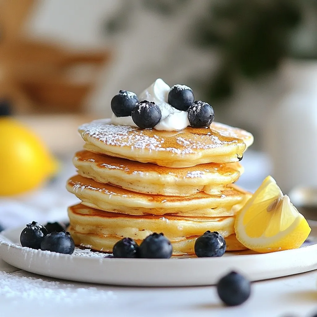 To make Lemon Blueberry Greek Yogurt Pancakes, you need a few key ingredients. Here’s the complete list: - 1 cup all-purpose flour - 1 tablespoon baking powder - 1/2 teaspoon baking soda - 1/4 teaspoon salt - 1 tablespoon sugar - 1 cup Greek yogurt (plain, full-fat or low-fat) - 1 large egg - 1 tablespoon lemon zest (freshly grated) - 2 tablespoons lemon juice (freshly squeezed) - 1/2 cup fresh blueberries (plus extra for serving) - 1 tablespoon melted coconut oil (or butter) - Cooking spray or additional oil for the pan Each ingredient plays a vital role. The flour gives structure, while the baking powder and baking soda help the pancakes rise. Salt and sugar balance the flavors. Greek yogurt adds creaminess and protein. The lemon zest and juice bring a bright, fresh taste. Fresh blueberries add sweetness and color. Lastly, coconut oil or butter creates a rich flavor and a tender texture. Keep these ingredients handy, and you’ll be set to whip up delightful pancakes that are both tasty and fluffy! {{ingredient_image_1}} Start by taking a medium bowl. Add 1 cup of all-purpose flour, 1 tablespoon of baking powder, 1/2 teaspoon of baking soda, 1/4 teaspoon of salt, and 1 tablespoon of sugar. Whisk these ingredients together until they mix well. This step is key for making your pancakes light and fluffy. In a large bowl, add 1 cup of Greek yogurt. Next, crack in 1 large egg. Then, add 1 tablespoon of fresh lemon zest and 2 tablespoons of fresh lemon juice. Pour in 1 tablespoon of melted coconut oil too. Mix everything together until it becomes smooth. This blend adds creaminess and a zesty flavor to your pancakes. Now, it’s time to combine the two mixtures. Gradually add the dry ingredients to the wet mix. Use a spatula to fold them gently together. Be careful not to overmix; a few lumps are okay. Once combined, gently fold in 1/2 cup of fresh blueberries. This adds bursts of sweetness in every bite. Heat a non-stick skillet over medium heat. Lightly grease the surface with cooking spray or a bit of oil. Pour about 1/4 cup of batter for each pancake onto the skillet. Cook for 2-3 minutes. You will see bubbles form on the surface, and the edges should look set. Flip the pancakes and cook for another 2-3 minutes until they turn golden brown. Once cooked, transfer the pancakes to a plate. Keep them warm while you cook the rest. Serve the pancakes warm, topped with more fresh blueberries. A drizzle of honey or maple syrup makes for a sweet finish. You can stack the pancakes high on the plate and sprinkle some powdered sugar on top. A wedge of lemon adds a nice touch too! To keep your pancakes fluffy, avoid overmixing. When you combine the dry and wet ingredients, use a spatula to fold them together. Mix just until you see no dry flour. Small lumps are okay. Overmixing makes the batter tough. Remember, gentle mixing is key to light and airy pancakes. You can add extra flavor with a few optional ingredients. Consider mixing in a pinch of cinnamon or some vanilla extract. A bit of almond extract also works well. If you like a sweeter taste, add more sugar. These options give your pancakes a unique twist. Feel free to experiment and find what you love! For perfect pancakes, set your heat to medium. Too high a heat burns the outside and leaves the inside raw. Use a non-stick skillet and lightly grease it with cooking spray or oil. Pour about 1/4 cup of batter for each pancake. Watch for bubbles on the surface. This shows it's time to flip them. Cook until both sides are golden brown. This method ensures even cooking and a nice texture. Pro Tips Use Room Temperature Ingredients: Ensure your Greek yogurt and egg are at room temperature for a smoother batter and fluffier pancakes. Don’t Overmix: Gently folding the batter helps retain the air bubbles, making your pancakes light and fluffy. Stop mixing as soon as you see no dry flour. Adjust Cooking Temperature: If pancakes are browning too quickly, reduce the heat slightly. Medium-low is often the best setting for even cooking. Experiment with Add-ins: Feel free to customize your pancakes by adding nuts, chocolate chips, or different fruits for varied flavors and textures. {{image_2}} You can swap blueberries for other fruits. Raspberries add a tart flavor. Strawberries bring sweetness and color. Blackberries are also tasty and juicy. Feel free to mix fruits. Adding a variety can make your pancakes fun and unique. If you need gluten-free pancakes, use almond flour or oat flour. Both work well and taste great. For a dairy-free option, try coconut yogurt or almond yogurt. These will keep your pancakes moist and fluffy. Just make sure to read labels if you have allergies. To boost nutrition, add nuts or seeds. Chopped walnuts or flaxseeds can enhance flavor. You can also mix in a scoop of protein powder for extra health benefits. This makes your pancakes not just tasty but also filling. Enjoy creating your own version! You may have leftover pancakes after a great meal. To store them, let them cool first. Place them in an airtight container. You can keep them in the fridge for up to three days. If you want to save them longer, freeze them. Stack the pancakes with parchment paper in between. This keeps them from sticking. Then, wrap the stack in plastic wrap. Place it in a freezer-safe bag. These pancakes can last up to two months in the freezer. When you want to enjoy your pancakes again, reheating is simple. The best way is to use a skillet. Heat it over medium-low heat. Place the pancakes in the skillet for about one to two minutes on each side. This method keeps them fluffy and warm. You can also use the microwave. Place the pancakes on a microwave-safe plate. Cover them with a damp paper towel. Heat them for about 20-30 seconds. This helps keep moisture in. Avoid overheating, or they may dry out. Enjoy your pancakes as if they were just made! Yes, you can make these pancakes ahead. Prepare the batter in advance and store it in the fridge for up to 24 hours. Just stir the batter lightly before cooking. You can also make the pancakes and keep them warm in the oven at 200°F (93°C). This way, they stay fluffy and ready to serve. Yes, you can use other yogurts. Plain yogurt works well, but it may change the texture slightly. If you want a creamier taste, you can use full-fat yogurt. Non-dairy yogurt is also an option. Just check if it has a similar thickness, as it affects the pancake's fluffiness. To make fluffier pancakes, don’t overmix the batter. Mix until just combined, with some lumps remaining. Adding an extra teaspoon of baking powder can help too. Let the batter rest for a few minutes before cooking. This allows the baking powder to activate and creates air bubbles, making your pancakes light and fluffy. You have many tasty options for toppings. Fresh blueberries are a great choice. You can also add sliced bananas or strawberries. For a sweet touch, drizzle honey or maple syrup. Greek yogurt adds creaminess, while a sprinkle of powdered sugar gives a nice look. Mix and match to find your favorite! You learned how to make delicious lemon blueberry pancakes. We covered all the key ingredients and steps needed for perfect pancakes. You can also explore variations for different tastes and even make them gluten-free. Remember to store leftovers properly and reheat them the right way. Enjoy your cooking adventure. These pancakes will surely impress! Get creative with toppings and make them your own. Happy pancake making!