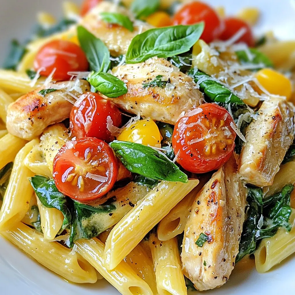 - 2 boneless, skinless chicken breasts, sliced into strips - 8 oz penne pasta - 2 tablespoons olive oil - 4 cloves garlic, minced - 1 cup cherry tomatoes, halved - 2 cups fresh spinach - 1 cup heavy cream - ½ cup grated Parmesan cheese - 1 teaspoon Italian seasoning - Salt and pepper to taste - Fresh basil leaves for garnish - Use 8 ounces of penne pasta for four servings. - Two chicken breasts should be about one pound. - Measure two tablespoons of olive oil for sautéing. - Four cloves of garlic create a strong flavor. - One cup of heavy cream adds a rich touch. - Half a cup of grated Parmesan gives a cheesy taste. - Adjust salt and pepper based on your preference. - If you lack chicken, try using tofu or mushrooms. - Swap penne pasta with fusilli or spaghetti if needed. - Use vegetable oil instead of olive oil. - Greek yogurt can replace heavy cream for a lighter option. - Nutritional yeast can stand in for Parmesan cheese. - Fresh spinach can be swapped with kale or Swiss chard. This recipe is flexible. You can easily make changes to fit your taste. {{ingredient_image_1}} Start by filling a large pot with water. Add a good amount of salt to the water. Bring it to a boil. Once boiling, add 8 oz of penne pasta. Cook it for about 10-12 minutes or until it's al dente. Remember to stir it occasionally. When done, drain the pasta and set it aside. Next, heat 2 tablespoons of olive oil in a large skillet over medium heat. Season 2 sliced chicken breasts with salt, pepper, and 1 teaspoon of Italian seasoning. Add the chicken to the skillet. Cook it for 5-7 minutes. Make sure it turns golden brown and cooks through. Remove the chicken from the skillet and let it rest. In the same skillet, add 4 minced garlic cloves. Sauté them for about 30 seconds until they smell great. Then, add 1 cup of halved cherry tomatoes. Cook them for 2-3 minutes until they soften a bit. Now, pour in 1 cup of heavy cream. Bring it to a gentle simmer. Add 2 cups of fresh spinach and stir until it wilts. Then, return the cooked chicken to the skillet. Add the drained penne pasta too. Stir in ½ cup of grated Parmesan cheese. Mix everything until it's well combined and heated. Serve the pasta hot. Garnish it with fresh basil leaves for extra flavor and a nice look. Enjoy your creamy Tuscan chicken pasta! To make a great sauce, start with fresh ingredients. Use ripe cherry tomatoes for a sweet taste. Sauté the garlic until it smells good but don’t burn it. When you add the cream, stir slowly. This helps mix in all the flavors. Let it simmer gently; this thickens the sauce without making it too heavy. When cooking the chicken, slice it into even strips. This helps it cook evenly. Season it well with salt, pepper, and Italian seasoning. Don’t overcrowd the pan; give it space to brown properly. Cook until it’s no longer pink. If you have leftovers, they also taste great later in salads or wraps. For a beautiful plate, add fresh basil on top. It gives a nice pop of color and flavor. You can also sprinkle more Parmesan cheese on each serving. If you like a bit of heat, add red pepper flakes. Pair this dish with garlic bread or a simple salad for a full meal. Enjoy your creamy Tuscan chicken pasta! Pro Tips Use Fresh Ingredients: Fresh spinach and ripe cherry tomatoes will enhance the flavors of the dish, making it taste more vibrant and delicious. Adjust Creaminess: If you prefer a lighter sauce, you can substitute half of the heavy cream with chicken broth or use a lighter cream alternative. Perfectly Cooked Pasta: Make sure to cook the penne pasta just to al dente. This will ensure it retains a bit of bite and doesn't become mushy when mixed with the sauce. Garnish Wisely: Fresh basil leaves not only add flavor but also make for a beautiful presentation. Consider adding a drizzle of olive oil for an extra touch. {{image_2}} To make a vegetarian version of creamy Tuscan chicken pasta, skip the chicken. Use mushrooms instead. They add a nice, meaty texture. You can also use tofu for protein. Cook it just like the chicken for the best taste. Replace the chicken broth with vegetable broth for added flavor without meat. You can add more veggies to your dish. Bell peppers, zucchini, or broccoli work well. Just sauté them with the garlic. They will add color and nutrition. Try adding artichokes or sun-dried tomatoes for a twist. These will enhance the flavors and make the dish heartier. If you like heat, add red pepper flakes. Start with a pinch and taste. You can always add more if needed. For a milder dish, leave them out. You can also add fresh herbs like oregano or thyme for a fragrant touch. Adjusting spice makes the pasta dish fit your taste. After cooking, let your creamy Tuscan chicken pasta cool down. Store it in an airtight container. It stays fresh in the fridge for up to three days. Make sure to keep it away from strong-smelling foods. This helps keep its great flavor. If you want to freeze the pasta, use a freezer-safe container. Leave a little space at the top to allow for expansion. The pasta can freeze well for up to three months. When you're ready to eat, thaw it in the fridge overnight. This way, it will taste good again. To reheat, add a splash of milk or cream to the pasta. This helps restore its creamy texture. Heat it in a skillet over low heat. Stir it often to avoid sticking. You can also use the microwave. Heat it in short bursts, stirring in between. Enjoy every bite! You can use half-and-half in place of heavy cream. It gives a nice creaminess but less fat. Another option is to use coconut milk for a dairy-free version. Greek yogurt can also work well, but mix it with a bit of milk to thin it out. Each option adds its own flavor, so choose what suits your taste. To make this dish gluten-free, swap the penne pasta for gluten-free pasta. Many brands offer great options now, and they cook just like regular pasta. Check the package instructions for the best results. Also, ensure other ingredients, like broth or sauces, are gluten-free too. Yes! You can use any pasta you like. Fusilli, spaghetti, or even zoodles (zucchini noodles) work well. Just keep an eye on the cooking time, as different shapes may cook faster or slower. Choose what you enjoy most, and it will still be delicious! This blog post shared all you need for a great pasta dish. We covered the right ingredients, measurements, and substitutes for easy cooking. I provided step-by-step instructions for cooking pasta, chicken, and sauce, plus tips to make it perfect. You learned options for vegetarian meals and storage tips too. Remember, cooking is about fun and learning. Enjoy creating your dish!