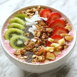 To create a perfect Strawberry Kiwi Smoothie Bowl, you need fresh, tasty ingredients. Here’s what you’ll need: - 1 cup fresh strawberries, hulled and halved - 2 ripe kiwis, peeled and sliced - 1 banana, sliced - 1 cup almond milk (or any preferred milk) - 1 tablespoon chia seeds These main ingredients give the bowl its bright color and flavor. The strawberries add sweetness, while kiwis bring a tangy kick. Bananas add creaminess and a smooth texture. You can adjust the sweetness to your liking. Here are some great options: - 1 tablespoon honey - 1 tablespoon maple syrup These sweeteners are not necessary but can enhance the taste. If you want more nutrition, consider adding: - A scoop of protein powder - A tablespoon of nut butter These add-ins make your smoothie bowl even better. Toppings make your smoothie bowl look and taste amazing. Here are some ideas: - Sliced strawberries - Kiwi slices - Granola - Coconut flakes - A sprinkle of nuts (like almonds or walnuts) These toppings add crunch and extra flavor. You can also drizzle honey on top for a sweet touch. Enjoy your colorful and healthy treat! {{ingredient_image_1}} First, gather your fresh fruits. You need: - 1 cup fresh strawberries, hulled and halved - 2 ripe kiwis, peeled and sliced - 1 banana, sliced - 1 cup almond milk (or any preferred milk) - 1 tablespoon honey or maple syrup (optional) - 1 tablespoon chia seeds Wash the strawberries under cool water. Remove the green tops and cut them in half. Peel the kiwis and slice them into thin rounds. Slice the banana into small pieces for easy blending. Next, take a blender. Add the strawberries, kiwis, banana, almond milk, and chia seeds to the blender. If you like a sweeter taste, add honey or maple syrup. Blend on high until it is smooth and creamy. If the mix is too thick, pour in a bit more almond milk. Blend again until it reaches your desired thickness. Once blended, pour the smoothie into a bowl. Now for the fun part—toppings! Decorate the top with fresh sliced strawberries and kiwis. Add a handful of granola for crunch. Sprinkle coconut flakes and nuts for extra texture. If you want, drizzle some honey on top and add more chia seeds. Grab your spoon and enjoy this refreshing treat! To get a smooth and thick texture, blend your fruits well. Start with the strawberries, kiwis, and banana. Add the almond milk slowly. If it's too thick, add more milk a little at a time. Blend until it’s creamy and smooth. You want it to be thick enough to hold toppings without becoming runny. For the best flavor, use ripe strawberries and kiwis. Look for strawberries that are bright red and firm. They should smell sweet and fruity. For kiwis, choose ones that give slightly when you press them. They should feel soft but not mushy. Ripe fruits make your smoothie bowl taste fresh and delicious. You can prep this smoothie bowl in advance. Chop the fruits and store them in the fridge. You can blend the smoothie mixture the night before. Just keep it in an airtight container. In the morning, pour it into a bowl, add your toppings, and enjoy. This saves time and gives you a healthy breakfast on busy days. Pro Tips Use Frozen Fruits: For a thicker and colder smoothie bowl, consider using frozen strawberries or bananas. They will give your bowl a creamy texture without needing ice. Experiment with Milk Alternatives: While almond milk is delicious, try substituting with oat milk, coconut milk, or even yogurt for a different flavor and creaminess. Add Greens for Nutrition: Boost the nutritional profile of your smoothie bowl by adding a handful of spinach or kale. The flavor will be masked by the fruits, but you'll get extra vitamins! Presentation Matters: Take your time when decorating your smoothie bowl. Arrange the toppings artfully to make it visually appealing—this makes for a more enjoyable eating experience! {{image_2}} You can switch up your milk choice in this smoothie bowl. Almond milk is great, but you can also use coconut milk, soy milk, or oat milk. Each option gives a different taste. Coconut milk adds a creamy texture. Soy milk offers more protein. Oat milk has a mild flavor that blends well. Boost your smoothie bowl with superfoods. Try adding a scoop of protein powder. You can also toss in some spinach or kale for extra nutrients. Chia seeds are a fantastic choice too. They add fiber and omega-3s. Mix in a tablespoon of nut butter for a creamy texture and added protein. Feel free to change up your fruits based on what's in season. In summer, use peaches or berries. In fall, swap in apples or pears. Winter calls for citrus fruits like oranges or grapefruits. These fruits give your bowl a new twist and different flavors. You can store any leftover smoothie bowl in the fridge. Use an airtight container to keep it fresh. It will last for about one day. The longer it sits, the thicker it gets. If this happens, add a splash of almond milk before eating. This will restore its smooth texture. If you want to save some for later, freezing is a great option. Pour the smoothie mixture into ice cube trays or freezer bags. It can last for up to three months in the freezer. When you're ready to enjoy it, just blend the frozen cubes with a little almond milk. This gives you a quick and easy treat. To keep your ingredients fresh, store strawberries and kiwis in the fridge. Place them in a breathable container. Avoid washing them until you are ready to use them. This helps prevent mold. Keep bananas at room temperature away from direct sunlight. They ripen faster in heat. Chia seeds should be kept in a cool, dark place. This ensures they stay fresh longer. Yes, you can make a smoothie bowl without bananas. If you skip the banana, the texture may differ. You can use extra strawberries or another fruit, like mango, to keep it creamy. Avocado is another good option. It adds a rich texture without a strong taste. If you want to swap out almond milk, there are many choices. You can use oat milk, soy milk, or coconut milk. Each type of milk brings its flavor. Choose one that fits your taste or diet. Just make sure it is unsweetened if you want to control the sugar. This recipe is already easy to make vegan. Just skip the honey and use maple syrup instead. Maple syrup is a great plant-based sweetener. Also, make sure any toppings you use, like granola, are vegan-friendly. Always check the labels to be sure. In this blog post, we explored how to make a tasty strawberry kiwi smoothie bowl. We covered main ingredients, optional add-ins, and suggested toppings for the perfect dish. I shared step-by-step instructions, tips for the best results, and ways to customize your bowl. We also discussed smart storage methods to keep your ingredients fresh. Enjoy creating your own smoothie bowl! It’s a fun, healthy way to start your day.