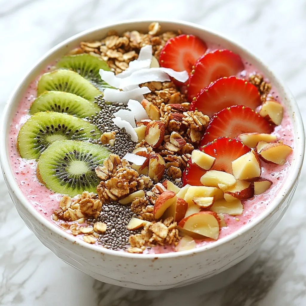 To create a perfect Strawberry Kiwi Smoothie Bowl, you need fresh, tasty ingredients. Here’s what you’ll need: - 1 cup fresh strawberries, hulled and halved - 2 ripe kiwis, peeled and sliced - 1 banana, sliced - 1 cup almond milk (or any preferred milk) - 1 tablespoon chia seeds These main ingredients give the bowl its bright color and flavor. The strawberries add sweetness, while kiwis bring a tangy kick. Bananas add creaminess and a smooth texture. You can adjust the sweetness to your liking. Here are some great options: - 1 tablespoon honey - 1 tablespoon maple syrup These sweeteners are not necessary but can enhance the taste. If you want more nutrition, consider adding: - A scoop of protein powder - A tablespoon of nut butter These add-ins make your smoothie bowl even better. Toppings make your smoothie bowl look and taste amazing. Here are some ideas: - Sliced strawberries - Kiwi slices - Granola - Coconut flakes - A sprinkle of nuts (like almonds or walnuts) These toppings add crunch and extra flavor. You can also drizzle honey on top for a sweet touch. Enjoy your colorful and healthy treat! {{ingredient_image_1}} First, gather your fresh fruits. You need: - 1 cup fresh strawberries, hulled and halved - 2 ripe kiwis, peeled and sliced - 1 banana, sliced - 1 cup almond milk (or any preferred milk) - 1 tablespoon honey or maple syrup (optional) - 1 tablespoon chia seeds Wash the strawberries under cool water. Remove the green tops and cut them in half. Peel the kiwis and slice them into thin rounds. Slice the banana into small pieces for easy blending. Next, take a blender. Add the strawberries, kiwis, banana, almond milk, and chia seeds to the blender. If you like a sweeter taste, add honey or maple syrup. Blend on high until it is smooth and creamy. If the mix is too thick, pour in a bit more almond milk. Blend again until it reaches your desired thickness. Once blended, pour the smoothie into a bowl. Now for the fun part—toppings! Decorate the top with fresh sliced strawberries and kiwis. Add a handful of granola for crunch. Sprinkle coconut flakes and nuts for extra texture. If you want, drizzle some honey on top and add more chia seeds. Grab your spoon and enjoy this refreshing treat! To get a smooth and thick texture, blend your fruits well. Start with the strawberries, kiwis, and banana. Add the almond milk slowly. If it's too thick, add more milk a little at a time. Blend until it’s creamy and smooth. You want it to be thick enough to hold toppings without becoming runny. For the best flavor, use ripe strawberries and kiwis. Look for strawberries that are bright red and firm. They should smell sweet and fruity. For kiwis, choose ones that give slightly when you press them. They should feel soft but not mushy. Ripe fruits make your smoothie bowl taste fresh and delicious. You can prep this smoothie bowl in advance. Chop the fruits and store them in the fridge. You can blend the smoothie mixture the night before. Just keep it in an airtight container. In the morning, pour it into a bowl, add your toppings, and enjoy. This saves time and gives you a healthy breakfast on busy days. Pro Tips Use Frozen Fruits: For a thicker and colder smoothie bowl, consider using frozen strawberries or bananas. They will give your bowl a creamy texture without needing ice. Experiment with Milk Alternatives: While almond milk is delicious, try substituting with oat milk, coconut milk, or even yogurt for a different flavor and creaminess. Add Greens for Nutrition: Boost the nutritional profile of your smoothie bowl by adding a handful of spinach or kale. The flavor will be masked by the fruits, but you'll get extra vitamins! Presentation Matters: Take your time when decorating your smoothie bowl. Arrange the toppings artfully to make it visually appealing—this makes for a more enjoyable eating experience! {{image_2}} You can switch up your milk choice in this smoothie bowl. Almond milk is great, but you can also use coconut milk, soy milk, or oat milk. Each option gives a different taste. Coconut milk adds a creamy texture. Soy milk offers more protein. Oat milk has a mild flavor that blends well. Boost your smoothie bowl with superfoods. Try adding a scoop of protein powder. You can also toss in some spinach or kale for extra nutrients. Chia seeds are a fantastic choice too. They add fiber and omega-3s. Mix in a tablespoon of nut butter for a creamy texture and added protein. Feel free to change up your fruits based on what's in season. In summer, use peaches or berries. In fall, swap in apples or pears. Winter calls for citrus fruits like oranges or grapefruits. These fruits give your bowl a new twist and different flavors. You can store any leftover smoothie bowl in the fridge. Use an airtight container to keep it fresh. It will last for about one day. The longer it sits, the thicker it gets. If this happens, add a splash of almond milk before eating. This will restore its smooth texture. If you want to save some for later, freezing is a great option. Pour the smoothie mixture into ice cube trays or freezer bags. It can last for up to three months in the freezer. When you're ready to enjoy it, just blend the frozen cubes with a little almond milk. This gives you a quick and easy treat. To keep your ingredients fresh, store strawberries and kiwis in the fridge. Place them in a breathable container. Avoid washing them until you are ready to use them. This helps prevent mold. Keep bananas at room temperature away from direct sunlight. They ripen faster in heat. Chia seeds should be kept in a cool, dark place. This ensures they stay fresh longer. Yes, you can make a smoothie bowl without bananas. If you skip the banana, the texture may differ. You can use extra strawberries or another fruit, like mango, to keep it creamy. Avocado is another good option. It adds a rich texture without a strong taste. If you want to swap out almond milk, there are many choices. You can use oat milk, soy milk, or coconut milk. Each type of milk brings its flavor. Choose one that fits your taste or diet. Just make sure it is unsweetened if you want to control the sugar. This recipe is already easy to make vegan. Just skip the honey and use maple syrup instead. Maple syrup is a great plant-based sweetener. Also, make sure any toppings you use, like granola, are vegan-friendly. Always check the labels to be sure. In this blog post, we explored how to make a tasty strawberry kiwi smoothie bowl. We covered main ingredients, optional add-ins, and suggested toppings for the perfect dish. I shared step-by-step instructions, tips for the best results, and ways to customize your bowl. We also discussed smart storage methods to keep your ingredients fresh. Enjoy creating your own smoothie bowl! It’s a fun, healthy way to start your day.