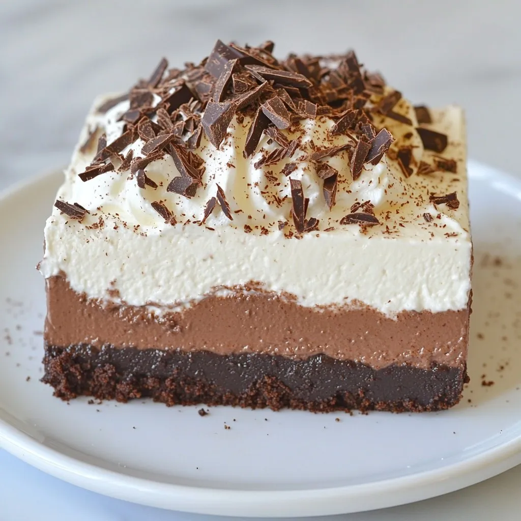 Here’s what you need for the no-bake chocolate cheesecake. These ingredients create a rich and creamy treat. - 1 ½ cups chocolate graham cracker crumbs - ½ cup unsalted butter, melted - 2 cups cream cheese, softened - 1 cup powdered sugar - 1 cup heavy cream - 8 oz bittersweet chocolate, melted and slightly cooled - 1 tablespoon vanilla extract - A pinch of salt - Chocolate shavings or cocoa powder for garnish Each ingredient plays a key role. The chocolate graham cracker crumbs form a tasty base. The melted butter helps bind the crust. Cream cheese gives that smooth texture. Powdered sugar adds sweetness. Heavy cream makes it fluffy. Bittersweet chocolate brings deep flavor. Vanilla extract enhances the taste. Lastly, a pinch of salt balances the sweetness. Garnishes like chocolate shavings or cocoa powder make it look stunning. They add a nice touch to your dessert. You can find all these ingredients at your local store, making this recipe easy to prepare. {{ingredient_image_1}} Start with a medium bowl. Mix 1 ½ cups chocolate graham cracker crumbs with ½ cup melted unsalted butter. Combine well until it looks like wet sand. Next, take a 9-inch springform pan. Press this crumb mixture firmly into the bottom of the pan. Make it even and smooth. Place the pan in the fridge while you make the filling. This helps the crust set up nicely. Grab a large mixing bowl. Beat 2 cups of softened cream cheese with an electric mixer. Mix until it is smooth and creamy. Now, add 1 cup of powdered sugar slowly. Keep mixing until it is fully combined and fluffy. In another clean bowl, whip 1 cup of heavy cream until stiff peaks form. This takes a few minutes. Once ready, gently fold the whipped cream into the cream cheese mixture. Do this carefully, so it stays light and airy. Next, stir in 8 oz of melted bittersweet chocolate and 1 tablespoon of vanilla extract. Add a pinch of salt. Mix until everything is smooth and blended well. Now, pour the chocolate cheesecake filling over the prepared crust. Use a spatula to smooth out the top. Cover the springform pan with plastic wrap. Chill the cheesecake in the refrigerator for at least 4 hours. This helps it set properly. After chilling, carefully release the sides of the springform pan. Transfer the cheesecake to a serving plate. Enjoy your delicious treat! To get a smooth cheesecake, use cream cheese at room temperature. Cold cream cheese will not mix well. It can leave lumps in your cheesecake. Leave the cream cheese out for about 30 minutes before using it. This small step will help create a creamy filling. When you whip the cream, it's important to fold it gently into the cream cheese mix. Use a spatula to lift and fold the whipped cream. This keeps the air in the whipped cream and makes your cheesecake light. If you mix too hard, you will lose that airy texture. Garnishing can make your dessert stand out. Use chocolate shavings on top for a rich look. Dust a little cocoa powder for a classic touch. You can also add fresh berries for color and flavor. When serving, consider adding a dollop of whipped cream. It adds creaminess and a nice contrast to the chocolate. Slice the cheesecake into wedges for easy serving. This makes it perfect for parties or family gatherings. Pro Tips Use Room Temperature Cream Cheese: This ensures a smooth and lump-free filling. Take the cream cheese out of the fridge at least 30 minutes before starting your recipe. Chill for Longer: For the best texture, consider chilling the cheesecake overnight. This allows the flavors to meld beautifully and the cheesecake to set perfectly. Experiment with Toppings: While chocolate shavings are classic, try adding fresh berries, a drizzle of caramel, or a sprinkle of sea salt for a unique twist. Double the Recipe: This cheesecake is a crowd-pleaser! If you're hosting a party, consider doubling the ingredients and using a larger springform pan. {{image_2}} You can make this no-bake chocolate cheesecake even more fun by adding flavors. One great option is to add espresso. This gives a nice mocha taste. Just mix in about one or two tablespoons of espresso powder with the melted chocolate. It adds depth and richness. Another fun idea is to introduce fruit flavors. You can mix in pureed raspberries or mint extract. For raspberries, use about half a cup of puree. For mint, add one teaspoon of extract. Both options give a nice, fresh twist to the cheesecake. If you need a gluten-free option, you can use gluten-free graham crackers. Just crush them the same way, and mix with melted butter. This keeps the great taste while meeting your needs. For a vegan version, swap out the cream cheese and heavy cream. Use a vegan cream cheese and coconut cream instead. This works well and still tastes amazing! Just follow the same steps for mixing and chilling. Both options let everyone enjoy this delicious dessert. To keep your no-bake chocolate cheesecake fresh, refrigeration is key. First, make sure it cools completely after chilling. Cover it tightly with plastic wrap or foil. This helps to prevent any off-flavors from the fridge. Store it in the coldest part of your fridge, where it will stay good for about five days. If you want to save it for later, freezing is a great option. Slice the cheesecake into individual pieces. Wrap each slice in plastic wrap, then place them in an airtight container. This method helps keep the flavor and texture intact. Your cheesecake can last up to three months in the freezer. When you're ready to enjoy your frozen cheesecake, take it out of the freezer. Place it in the fridge to thaw overnight. If you’re in a hurry, let it sit at room temperature for about 30 minutes. For serving, I suggest adding a little flair. Top each slice with chocolate shavings or a dusting of cocoa powder. You can also serve it with a dollop of whipped cream for extra creaminess. Enjoying your cheesecake this way will impress your guests! Yes, you can use various chocolates for this cheesecake. Dark chocolate gives a rich taste. Milk chocolate creates a sweeter treat. White chocolate adds a creamy twist. Just remember to adjust the sweetness if needed. The cheesecake will last about 5 days in the fridge. Keep it in an airtight container to maintain freshness. After that, it may lose its taste and texture. Absolutely! This cheesecake is perfect for making ahead. Prepare it a day or two before your event. Just chill it well, and it will taste great. If you can't find chocolate graham crackers, use regular graham crackers. Or, try crushed Oreos for a different flavor. Both options work well for the crust. Yes, you can make some swaps to lighten it up. Use low-fat cream cheese and whipped cream. You can also reduce the sugar or use a sugar substitute. For a healthier crust, try oats or almond flour. You now know how to make a delicious cheesecake step by step. We covered the best ingredients, preparation methods, and helpful tips for perfecting your dessert. Remember, you can get creative with flavors and variations. Whether you want a classic cheesecake or a fruity twist, there’s an option for everyone. Store it properly to enjoy later. With this guide, you’ll impress friends and family with your cheesecake skills. Enjoy every bite and happy baking!