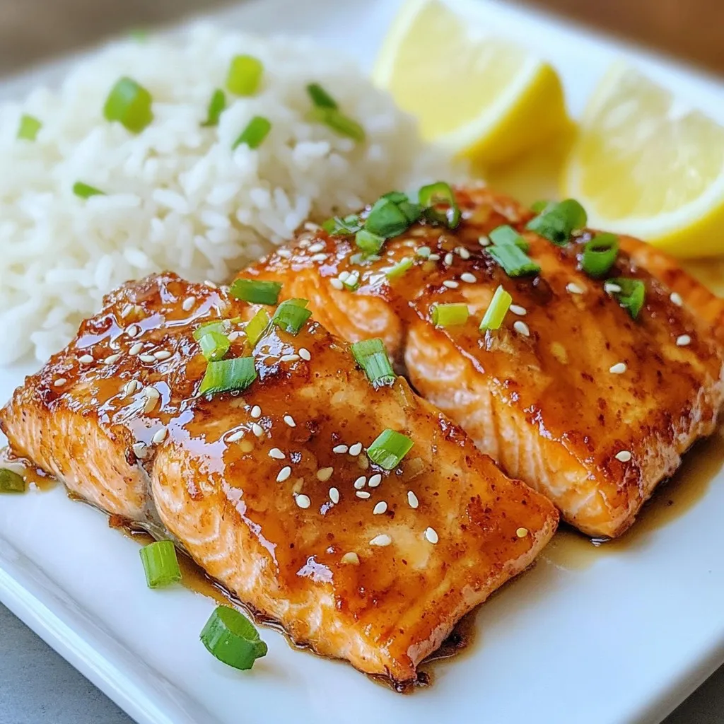 - 4 salmon fillets (about 6 oz each) - 1/4 cup low sodium soy sauce - 2 tablespoons fresh ginger, grated - 2 tablespoons honey or maple syrup - 1 tablespoon rice vinegar - 2 cloves garlic, minced - 1 tablespoon sesame oil - 1 teaspoon cornstarch mixed with 2 tablespoons water (for thickening) - 2 green onions, finely chopped - Sesame seeds - Salt and pepper, to taste When I create ginger soy glazed salmon, I start with the main ingredients. The salmon fillets are the star here. They should weigh about 6 ounces each for even cooking. I use low sodium soy sauce. This keeps the dish flavorful without being too salty. Fresh ginger adds a bright kick. Grating it gives the best flavor. I like to use honey or maple syrup for sweetness. It balances the salty soy sauce. Next, I add some extra ingredients. Rice vinegar adds a nice tang. I always use fresh garlic, minced finely, to enhance the flavor. Sesame oil brings a nutty taste that I love. Lastly, I mix cornstarch with water. This thickens the glaze later on. To finish the dish, I use garnishes. Chopped green onions give a fresh crunch. Sesame seeds add a nice touch and flavor. I always season with salt and pepper to taste. This combination of ingredients makes for a quick and tasty meal. {{ingredient_image_1}} Start by making the marinade. In a bowl, whisk together the following ingredients: - 1/4 cup low sodium soy sauce - 2 tablespoons fresh ginger, grated - 2 tablespoons honey or maple syrup - 1 tablespoon rice vinegar - 2 cloves garlic, minced - 1 tablespoon sesame oil Mix well until all the flavors blend together. This marinade adds a sweet and savory taste to the salmon. Next, it's time to marinate the salmon. Take your 4 salmon fillets and place them in a shallow dish or a resealable plastic bag. Pour the marinade over the salmon. Make sure each piece is well coated. Cover the dish or seal the bag, then refrigerate. Let it marinate for at least 30 minutes or up to 2 hours for a richer flavor. Now, preheat your oven to 400°F (200°C). While it heats, line a baking sheet with parchment paper or grease it lightly. Remove the salmon from the marinade, saving the marinade for later. Place the fillets skin-side down on the prepared baking sheet. Add a pinch of salt and pepper on top. In a small saucepan, pour the reserved marinade and bring it to a boil over medium heat. Once it boils, reduce the heat and stir in 1 teaspoon of cornstarch mixed with 2 tablespoons of water. Let it simmer for 2-3 minutes until it thickens. Brush some of the thickened marinade over the salmon fillets. Bake the salmon for 12-15 minutes, or until it easily flakes with a fork. After baking, drizzle any remaining marinade over the salmon. Enjoy your delicious meal! For the best flavor, marinate the salmon for at least 30 minutes. This allows the soy sauce and ginger to soak in. If you have time, marinate for up to 2 hours. Longer marination gives the salmon more depth. You can bake or grill the salmon. Baking is easy and keeps the fish moist. Preheat your oven to 400°F (200°C) for perfect baking. Grilling adds a smoky flavor but requires more attention. Both methods work well, so choose your favorite! To check if the salmon is done, use a fork. Gently flake the fish at the thickest part. If it flakes easily, it’s ready. The ideal internal temperature is 145°F (63°C). A meat thermometer helps ensure accuracy. Pro Tips Use Fresh Ingredients: Fresh ginger and garlic will enhance the flavor of the glaze significantly. Avoid using pre-minced or powdered versions for the best results. Marinate for Flavor: Allowing the salmon to marinate for at least one hour, or up to two hours, will infuse the fish with rich flavors, making it truly delicious. Check for Doneness: Salmon is perfectly cooked when it flakes easily with a fork and has an internal temperature of 145°F (63°C). Keep an eye on it to avoid overcooking. Experiment with Sides: This ginger soy glazed salmon pairs well with various sides like quinoa, stir-fried vegetables, or a fresh salad. Feel free to get creative! {{image_2}} You can swap salmon for other fish like trout or tilapia. Both fish cook quickly and soak up flavors well. If you prefer a plant-based option, try using tofu. Make sure to press the tofu to remove extra water. Then, cut it into thick slices. Marinade it just like the salmon. Bake until golden and firm. Feel free to add your favorite spices or herbs. A pinch of red pepper flakes gives a nice kick. Fresh cilantro or basil can brighten the dish. You can also try adding a splash of orange juice for a fruity twist. Experiment with flavors to find your perfect mix! Serve your ginger soy glazed salmon over a bed of jasmine rice. The rice absorbs the sauce and tastes great. You can also pair it with steamed vegetables like broccoli or bok choy. For a fresh touch, add lemon wedges on the side. Drizzle a bit of extra sesame oil for added richness. Enjoy your meal with a colorful plate! To store leftover ginger soy glazed salmon, let it cool first. Place the salmon in an airtight container. This keeps it fresh. You can store it in the fridge for up to three days. If you cover it well, it will taste great when you eat it again. For the best reheating method, use the oven. Preheat your oven to 350°F (175°C). Place the salmon on a baking sheet. Cover it with foil to keep moisture in. Heat for about 10-15 minutes or until warm. This method makes sure the salmon does not dry out. You can also reheat it in a microwave. Use a microwave-safe dish and cover it to keep it moist. Heat for short bursts of 30 seconds, checking often. Yes, you can freeze ginger soy glazed salmon. First, let the salmon cool and wrap it tightly in plastic wrap. Then place it in a freezer bag. Press out the air to avoid freezer burn. You can freeze it for up to three months. When ready to eat, thaw it in the fridge overnight before reheating. You can serve many tasty sides with ginger soy glazed salmon. Some great options include: - Steamed jasmine rice - Sautéed bok choy - Roasted asparagus - Grilled zucchini - Quinoa salad - Stir-fried vegetables These dishes add color and flavor to your meal. They also balance the rich taste of the salmon. For the best flavor, I suggest marinating the salmon for at least 30 minutes. However, for more depth, you can marinate it for up to 2 hours. Just remember, the longer you marinate, the stronger the ginger and soy flavor will be. Don’t go past 2 hours, as the fish might become too salty or mushy. Yes, you can make the marinade ahead of time! I often prepare it a day before. Just mix the soy sauce, ginger, honey, rice vinegar, garlic, and sesame oil in a bowl. Store it in the fridge in a sealed jar. This way, when you’re ready to cook, it’s all set to go. Just remember to give it a good shake before using! This blog post covered how to make ginger soy glazed salmon. We explored main ingredients like salmon, soy sauce, and honey. Next, I gave you step-by-step instructions for marinating and cooking. We discussed tips for timing and techniques to ensure perfect doneness. You can also switch proteins or modify flavors for variety. Lastly, I shared storage and reheating tips. Enjoy creating this dish, and feel free to experiment with your own ideas!