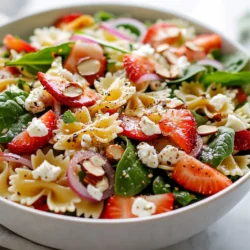 - 8 oz bowtie pasta - 4 cups fresh spinach, roughly chopped - 1 cup strawberries, hulled and sliced - 1/2 cup feta cheese, crumbled - 1/4 cup almonds, toasted and roughly chopped - 1/4 cup red onion, thinly sliced - 1/4 cup balsamic vinaigrette - Salt and pepper to taste Each ingredient plays a key role in the flavor. Bowtie pasta adds texture and shape. Fresh spinach brings a nice crunch and color. Strawberries add sweetness and juiciness. Feta cheese gives a creamy, salty bite. Toasted almonds add a nutty flavor and crunch. Red onion offers a sharp contrast. Balsamic vinaigrette ties it all together with tang. Salt and pepper enhance the taste. You can easily swap ingredients based on what you like. Use rotini or penne instead of bowtie pasta. Kale or arugula can replace spinach. If strawberries arenβt in season, try raspberries or blueberries. Goat cheese works well in place of feta. Walnuts or pecans are tasty alternatives to almonds. For a different dressing, try a honey mustard or ranch. {{ingredient_image_1}} Start with a large pot. Fill it with water and add salt. Bring the water to a boil. Add 8 oz of bowtie pasta to the pot. Cook the pasta for about 8 to 10 minutes. You want it to be al dente. Once cooked, drain the pasta and rinse it under cold water. This stops the cooking. Let it cool in a bowl while you prep the other ingredients. While the pasta cooks, wash and slice the strawberries. You need about 1 cup of sliced strawberries. Next, take 4 cups of fresh spinach and chop it roughly. Crumble 1/2 cup of feta cheese into small pieces. Toast 1/4 cup of almonds in a pan, then chop them roughly. Finally, thinly slice 1/4 cup of red onion. In a large mixing bowl, combine the cooled pasta, chopped spinach, sliced strawberries, crumbled feta, toasted almonds, and red onion. Drizzle 1/4 cup of balsamic vinaigrette over the top. Gently toss the salad to mix everything well. Taste it and add salt and pepper to your liking. Toss again to make sure every bite has flavor. If you have time, chill the salad in the fridge for about 30 minutes before serving. This helps the flavors blend. Enjoy your fresh and colorful salad! Cooking pasta well is key. Use a large pot with plenty of water. Add salt to the water; it should taste like the sea. Once the water boils, add your bowtie pasta. Stir it gently to keep it from sticking. Follow the package instructions for cooking time. Aim for al dente, which gives a nice bite. After cooking, drain the pasta and rinse it under cold water. This stops the cooking and cools it down quickly. To make your salad pop, enhance the flavors. Fresh ingredients will shine in this dish. Use ripe strawberries for the best sweetness. Feta cheese adds a salty note that contrasts nicely. Toasted almonds give crunch and a nutty flavor. For a tangy kick, balsamic vinaigrette is perfect. Drizzle it over the salad just before serving. You can adjust the salt and pepper to fit your taste. First impressions matter, so present your salad well. Use a large bowl to mix all the ingredients. When serving, place the salad in individual plates. Garnish with extra sliced strawberries on top. A sprinkle of feta cheese adds a nice touch. Consider using colorful plates to make the dish stand out. This salad looks as good as it tastes, making it a hit at any summer gathering. Pro Tips Perfect Pasta: To prevent the pasta from becoming mushy, make sure to cook it just until al dente. Rinse with cold water to stop the cooking process. Fresh Ingredients: Use fresh strawberries and spinach for the best flavor and texture. If possible, opt for organic produce. Custom Dressing: Feel free to customize the dressing! A splash of lemon juice or a teaspoon of honey can enhance the flavor of balsamic vinaigrette. Chill for Flavor: Letting the salad chill in the refrigerator for 30 minutes allows the flavors to meld together beautifully. {{image_2}} You can switch up the ingredients based on what you have. In summer, use ripe peaches instead of strawberries. In fall, try adding diced apples or pears. You can also swap spinach for arugula or kale for a different taste. Each fruit and green brings its own flavor, making the salad fun and fresh. This salad is easy to make vegetarian or vegan. Simply leave out the feta cheese for a vegan option. You can replace it with avocado or a vegan cheese. For a creamy touch, try adding a dollop of hummus. The salad will still taste great without cheese. If you want to boost the protein, add grilled chicken or shrimp. Tofu works well for a vegetarian choice. You could also sprinkle on chickpeas or cannellini beans for a hearty touch. These protein additions make the salad filling and satisfying, perfect for a meal. Store any leftover Strawberry Spinach Pasta Salad in an airtight container. Place it in the fridge. The salad will taste best if eaten within three days. Keep the salad cool. If you have extra dressing, store it separately. This helps keep the salad fresh and prevents it from getting soggy. When youβre ready to eat, just drizzle the dressing on top and toss. I donβt recommend freezing this salad. The fresh ingredients will lose their texture. Itβs best to enjoy it fresh. If you want a make-ahead option, prepare the salad, but leave out the dressing. Then, store it in the fridge. Add the dressing right before serving for the best taste. Yes, you can make this salad ahead of time. I suggest preparing it a few hours before you serve it. This allows the flavors to blend well. Just be sure to keep it in the fridge until you are ready to eat. If you want it fresher, add the dressing right before serving. The best dressing for this salad is balsamic vinaigrette. It adds a nice tang and sweetness. You can also try a honey mustard dressing or a light citrus dressing. Both options will give the salad a tasty twist. Choose a dressing that complements the strawberries and spinach. This salad lasts about 2 to 3 days in the fridge. Make sure to store it in an airtight container. If you added dressing, the salad might get soggy over time. If you plan to keep it longer, store the dressing separately. This way, the salad stays fresh and crunchy. This blog post guided you through making a delicious pasta salad. We covered essential ingredients, step-by-step cooking, and helpful tips. You learned about ingredient swaps and ways to store leftovers. For best results, enjoy the freedom to get creative. Remember, fresh flavors and colorful veggies make the best salads. Experiment and make it your own! This salad is great for any meal or gathering you have planned.