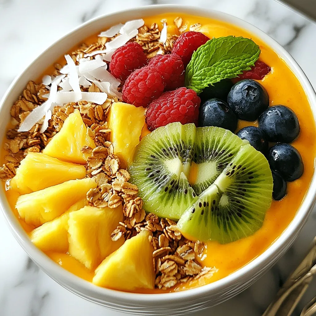- 1 ripe mango, chopped - 1 cup fresh pineapple chunks - 1 banana - 1 cup coconut milk (or almond milk) You need ripe mango for sweetness. The fresh pineapple adds a tangy kick. A banana makes it creamy and smooth. Finally, coconut milk or almond milk is a must for richness. - 1 tablespoon chia seeds - Sweeteners: honey or agave syrup - Various toppings Chia seeds boost nutrition and add texture. If you like it sweeter, try honey or agave syrup. You can customize with fun toppings too. - Sliced kiwi - Granola - Shredded coconut - Fresh berries (strawberries or blueberries) - Mint leaves for garnish Toppings make your smoothie bowl pop. Sliced kiwi adds color and zest. Granola gives a nice crunch. Shredded coconut makes it tropical. Fresh berries add sweetness, while mint leaves give a fresh finish. {{ingredient_image_1}} - Step 1: Blender preparation Start by gathering your blender. Make sure it is clean and ready for use. This tool makes smooth and creamy blends. - Step 2: Blend until smooth Add the chopped mango, pineapple chunks, banana, and coconut milk to the blender. Blend on high until the mix is smooth and creamy. This should take about 30 seconds. You want a thick texture that is easy to pour. - Step 3: Incorporate chia seeds Once your smoothie base is smooth, add one tablespoon of chia seeds. These tiny seeds add great nutrition and a nice texture. - Step 4: Blend with sweetener If you like it sweet, add honey or agave syrup. Blend for another 10-15 seconds to mix everything well. This step is key for a balanced flavor. - Step 5: Pouring into a bowl Carefully pour the smoothie mixture into a bowl. Make sure to leave some space for toppings. - Step 6: Arranging the toppings Now comes the fun part! Start by adding granola for crunch. Then place sliced kiwi, shredded coconut, and fresh berries on top. Finish with a sprig of mint for a pretty look. Enjoy your colorful and tasty creation! To get the best texture for your smoothie bowl, blend your fruits well. Use a high-speed blender. Start with the mango, pineapple, and banana. Add the coconut milk last for a smooth blend. If your smoothie seems too thick, add a splash more coconut milk. For a thicker bowl, add more banana or some ice. Serve your smoothie bowl right after making it. This keeps it fresh and cold. The colors of the fruits look bright and inviting. A smoothie bowl tastes best between 40°F and 50°F. You can chill your bowl in the fridge before serving. This step helps keep your smoothie cold longer. You can prep your ingredients the night before. Cut the mango, pineapple, and banana and store them in the fridge. This saves time in the morning. If you have leftover smoothie, store it in an airtight container. It stays fresh for up to two days. Just give it a quick blend before serving again. Pro Tips Use Frozen Fruits: For a thicker and creamier smoothie bowl, consider using frozen mango and pineapple instead of fresh. This will also keep your smoothie chill without needing ice. Adjust Sweetness: Taste your smoothie base before adding honey or agave syrup. Depending on the ripeness of your fruits, you may not need any additional sweetener. Experiment with Toppings: Feel free to mix and match toppings according to your taste. Try adding nuts, seeds, or different fruits to create your own unique blend. Presentation Matters: Take time to arrange your toppings artistically. A visually appealing bowl can make your smoothie more enjoyable and Instagram-worthy! {{image_2}} You can switch up the fruits in your smoothie bowl. Try adding papaya or passion fruit for a twist. Seasonal fruits like berries or peaches can make your bowl extra special. They add color and taste, making each bite a delight. If you want a different base, consider using almond or oat milk. These plant-based milks offer a creamy feel. You can also add yogurt for a rich texture. Coconut yogurt works great for a tropical vibe, while almond yogurt keeps it light. Spice things up by adding a pinch of cinnamon or a drop of vanilla. These flavors pair well with mango and pineapple. You can also mix in superfoods like spinach for added nutrients or protein powder to boost energy. These small changes can make your smoothie bowl even better! To keep fruits fresh, store them in a cool place. Place mangoes and pineapples in the fridge. This helps them stay sweet and juicy. Avoid washing fruits until you are ready to use them. Water can make them spoil faster. For coconut milk, store it in a cool, dark area. Once opened, keep it in the fridge. Use it within a week for the best taste. Always check for any off smells before using. You can freeze the smoothie base for later use. Pour it into an airtight container and seal it tightly. This keeps air out and helps prevent freezer burn. Smoothie bases can last up to three months in the freezer. When you are ready to eat, thaw the smoothie bowl overnight in the fridge. You can also place it in warm water for a quicker thaw. Blend it again for a smoother texture before serving. If you have leftover smoothie, don’t throw it away! Use it in other recipes. Mix it into yogurt or pour it over oatmeal for added flavor. The shelf life of a smoothie bowl in the fridge is about one to two days. After that, it might lose its taste and texture. Always check for freshness before consuming any leftovers. To make a Mango Pineapple Smoothie Bowl, follow these simple steps: 1. Blend the Fruits: Start by chopping 1 ripe mango, 1 cup of fresh pineapple chunks, and 1 banana. Place these in a blender. Add 1 cup of coconut milk. Blend until you have a smooth and creamy mix. 2. Add Chia Seeds: Next, add 1 tablespoon of chia seeds and, if you like, 1 tablespoon of honey or agave syrup. Blend for another 10-15 seconds. 3. Serve the Smoothie: Pour the smoothie mixture into a bowl. This is your base. 4. Add Toppings: Top it off with your favorite items. I suggest granola, sliced kiwi, shredded coconut, and fresh berries like strawberries or blueberries. 5. Finish with Mint: For a fresh touch, add a sprig of mint on top. Enjoy your colorful bowl! If you want to swap coconut milk, you have great options. Here are a few: - Almond Milk: A light choice with a nutty flavor. - Soy Milk: Creamy and packed with protein. - Oat Milk: Thick and perfect for smoothies. - Rice Milk: A sweet, mild option for those avoiding nuts. These options work well for various diets, so choose what you like best. To achieve a thicker smoothie bowl, consider these tips: - Less Liquid: Reduce the amount of milk you use. Start with half a cup and add more if needed. - Add Frozen Fruit: Use frozen mango or pineapple instead of fresh. This helps thicken the mix. - Include More Chia Seeds: They absorb liquid and add texture. Try adding 2 tablespoons. Experiment with these methods to find your perfect thickness. Yes, you can easily add protein! Here are some suggestions: - Protein Powder: Mix in a scoop of your favorite protein powder, like whey or plant-based. - Greek Yogurt: Add a dollop for creaminess and extra protein. - Nut Butters: A tablespoon of almond or peanut butter gives flavor and protein. Adding protein boosts nutrition and keeps you fuller longer. To make your Mango Pineapple Smoothie Bowl vegan, follow these steps: - Use Plant-Based Milk: Choose almond, soy, or oat milk instead of dairy. - Skip Honey: Instead of honey, use agave syrup or maple syrup for sweetness. - Check Toppings: Ensure granola and other toppings are vegan-friendly. With these changes, you can enjoy a delicious vegan treat! This guide walked you through making a delicious mango pineapple smoothie bowl. You learned about key ingredients, from ripe fruits to coconut milk. Customizing your bowl with toppings adds fun and flavor. Tips for storage and making ahead help keep your smoothies fresh. Exploring variations lets you get creative with your flavors. Overall, making this smoothie bowl can bring joy and health to your day. Enjoy creating your own tasty masterpiece!