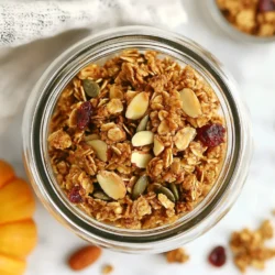 To make Pumpkin Spice Granola, you need a few simple ingredients that come together beautifully. Here’s what you will need: - 3 cups rolled oats - 1 cup pumpkin puree - ½ cup honey or maple syrup - ½ cup nuts (e.g., almonds or pecans), chopped - ½ cup pumpkin seeds (pepitas) - 2 teaspoons pumpkin pie spice - 1 teaspoon vanilla extract - ½ teaspoon salt - ½ cup dried cranberries or raisins (optional) These ingredients work together to create a warm, comforting flavor. The rolled oats serve as the base, while pumpkin puree adds moisture and a rich taste. Honey or maple syrup brings sweetness, and nuts add crunch. Pepitas and pumpkin pie spice give that fall flavor we all love. You can also include dried cranberries or raisins for a sweet twist. Each element plays its part, making this granola not only tasty but also healthy. Enjoy getting creative with these ingredients! {{ingredient_image_1}} 1. First, preheat your oven to 300°F (150°C). This step is key for a nice bake. Line a baking sheet with parchment paper. This makes for easy cleanup later. 2. Next, take a large mixing bowl. Combine the rolled oats, chopped nuts, pumpkin seeds, pumpkin pie spice, and salt. Make sure to mix well. You want the spices to coat each oat evenly. 3. In another bowl, whisk together the pumpkin puree, honey or maple syrup, and vanilla extract. Mix until it is smooth. This will create the sweet base for your granola. 4. Pour the wet mixture over the dry ingredients. Stir until everything is evenly coated. Ensure no dry oats are left. This will help the granola stick together. 5. Spread the granola mixture onto the lined baking sheet. Make sure it is in an even layer. An even layer helps with even baking. 6. Bake in the preheated oven for about 25 to 30 minutes. Stir the mixture every 10 minutes. This step is important for even baking. The granola should turn a nice golden brown. 7. Once baked, remove it from the oven. Let it cool completely on the baking sheet. It will become crunchier as it cools. 8. After cooling, add in the dried cranberries or raisins if you like. Mix them in well for added sweetness. 9. Store your granola in an airtight container. It stays fresh for up to two weeks. - Stirring during baking is key. It helps prevent burning and ensures even browning. Keep an eye on it while it bakes. - The cooling process is just as important. Letting the granola cool completely will give it that perfect crunch. Don't rush this step! - Adjusting sweetness levels: You can change the sweetness to fit your taste. If you want a sweeter granola, add more honey or maple syrup. If you prefer it less sweet, cut back a bit. Start with half a cup and taste as you mix. - Choosing the right nuts and seeds: Use nuts that you love. Almonds and pecans work great in this recipe. You can also try walnuts or hazelnuts for a different taste. Pumpkin seeds add crunch and nutrition. Feel free to mix and match based on what you have at home. - Creative ways to present granola: Use mason jars or clear glass containers. They look nice and let you see the layers. You can create a parfait by layering granola with yogurt and fresh fruit. It makes for a fun breakfast or snack. - Ideas for pairing with yogurt or fruits: This granola pairs well with creamy yogurt. Try it with plain, vanilla, or Greek yogurt. You can also top it with sliced bananas, berries, or apples for added flavor. It’s a great way to start your day! Pro Tips Storage Tip: For maximum freshness, store granola in an airtight container in a cool, dark place. Customization Tip: Feel free to swap out nuts or add different seeds based on your preference or what you have on hand. Sweetness Adjustment: Adjust the amount of honey or maple syrup to achieve your desired sweetness level. Serving Suggestion: Pair your granola with milk, yogurt, or as a topping for smoothie bowls for a nutritious breakfast or snack. {{image_2}} You can tweak your granola with exciting flavors. For a warm twist, add cinnamon or nutmeg. These spices mix well with pumpkin and make each bite cozy. You can also stir in chocolate chips for a sweet touch. If you love tropical vibes, add coconut flakes. They bring a lovely crunch and flavor contrast. If you need gluten-free granola, swap rolled oats for certified gluten-free oats. This small change keeps your granola tasty and safe to eat. For vegan options, replace honey with maple syrup. It keeps the sweetness without using animal products. These easy adjustments help everyone enjoy this fall treat! To keep your pumpkin spice granola fresh, use an airtight container. Glass jars or plastic containers work well. Make sure the container seals tightly to keep out air and moisture. Store the granola in a cool, dry place, like a pantry. It will stay fresh for up to two weeks. If you want it to last longer, you can freeze it. Just place the granola in a freezer-safe bag and seal it tight. It can stay in the freezer for up to three months. If your granola loses its crunch, don't worry! You can easily restore its crispiness. Preheat your oven to 300°F (150°C). Spread the granola evenly on a baking sheet. Bake it for about 5 to 10 minutes. Keep an eye on it, so it doesn’t burn. Let it cool completely before enjoying it again! How to make pumpkin spice granola vegan? To make this granola vegan, replace honey with maple syrup. This keeps the sweetness but makes it plant-based. You can also use agave syrup if you prefer a different sweetener. Can I substitute ingredients? Yes, you can swap nuts based on your taste. Use walnuts, cashews, or sunflower seeds. If you don’t have pumpkin pie spice, mix cinnamon and nutmeg instead. You can also use coconut oil for a richer flavor. How long does homemade granola last? Homemade granola lasts about two weeks when stored in an airtight container. For best freshness, keep it in a cool, dry place. You can also freeze it for up to three months. Recommendations for store-bought options Look for brands that use whole ingredients. Some good choices include Nature Valley or Purely Elizabeth. They offer tasty flavors and healthy options. What to look for in a quality pumpkin spice granola Check the ingredient list. Aim for granola with whole oats, nuts, and seeds. Avoid added sugars and artificial flavors. A good granola should have a nice balance of sweet and spice. Making homemade pumpkin spice granola is simple and fun. We covered all the tasty ingredients you need, like oats, pumpkin puree, and sweeteners. I shared step-by-step instructions, baking tips, and ways to perfect your recipe. You can even customize it with your favorite mix-ins. Store it properly for the best crunch and flavor. Enjoy your granola topped with yogurt or fresh fruits. Try different spices and adjustments for your needs. With these tips, you’ll make the perfect batch every time. Happy baking!