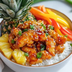 - 2 boneless, skinless chicken breasts - 1 cup teriyaki sauce - 1 tablespoon olive oil - 1 teaspoon garlic powder - 1 teaspoon ginger powder - 1 ripe pineapple, halved and cored - 1 bell pepper (red or yellow), diced - 1 carrot, shredded - 1/2 cup green onions, chopped - 1 tablespoon sesame seeds - Cooked jasmine rice, for serving - Salt and pepper to taste - Large skillet - Baking dish - Knife - Cutting board - Measuring cups and spoons - Spoon for stirring One serving of teriyaki chicken pineapple bowls provides: - Calories: 425 - Protein: 30g - Carbohydrates: 52g - Fat: 12g - Fiber: 3g - Sugar: 15g This meal packs a tasty punch with a mix of protein, carbs, and healthy fats. The pineapple adds natural sweetness, while the teriyaki sauce gives it a savory kick. Enjoy this dish knowing you are fueling your body with good food. {{ingredient_image_1}} Start by putting the chicken breasts in a bowl. Pour in one cup of teriyaki sauce. Add one teaspoon of garlic powder and one teaspoon of ginger powder. Don’t forget to add salt and pepper to taste. Mix it all well. Cover the bowl and let it sit for at least 30 minutes. For a richer taste, marinate it for up to two hours. The longer you marinate, the better the flavor. Preheat your oven to 375°F (190°C). Heat one tablespoon of olive oil in a large skillet over medium-high heat. Take the chicken out of the marinade but keep the marinade. Place the chicken in the skillet and sear it for about five minutes on each side. Look for a nice golden color. Once seared, move the chicken to a baking dish. Pour the reserved marinade over the chicken. Bake it for 20 to 25 minutes. Make sure the chicken reaches an internal temperature of 165°F (75°C). While the chicken is baking, prepare the pineapple bowls. Slice a ripe pineapple in half and remove the core. Leave a thick shell to hold the filling. Chop the pineapple flesh you just scooped out and set it aside. In the same skillet, add a diced bell pepper and shredded carrot. Toss in the chopped pineapple flesh too. Stir-fry this mix for about five minutes until it’s tender. Once the chicken is cooked, take it out of the oven. Slice it into strips. Mix the sliced chicken with your stir-fried vegetables in the skillet. Now, it’s time to assemble! Take each pineapple half and fill it with a scoop of jasmine rice. Top it with the chicken and vegetable mix. For a nice touch, garnish with chopped green onions and sprinkle sesame seeds on top. This adds a lovely crunch and makes it look beautiful! To boost the flavor of your teriyaki chicken, start with a good marinade. Use 1 cup of teriyaki sauce. Add 1 teaspoon of garlic powder and 1 teaspoon of ginger powder. These spices add depth. Let the chicken marinate for at least 30 minutes. For more flavor, you can marinate it for up to 2 hours. Make sure to season with salt and pepper to taste. This simple step makes a big difference in taste. Cooking chicken properly is key for juicy results. After searing the chicken, bake it in the oven at 375°F (190°C). Bake for 20 to 25 minutes. Check that it reaches an internal temperature of 165°F (75°C). This ensures your chicken is safe to eat and moist. Overcooking can lead to dry chicken, so watch the time closely. For a stunning presentation, use ripe pineapples. Cut them in half and scoop out the flesh carefully. Keep the outer shell intact for serving. Fill the hollowed-out pineapple with jasmine rice first. Then, add the chicken and veggie mix on top. Sprinkle with chopped green onions and sesame seeds. This adds color and crunch. Your dish will look great on the table! Pro Tips Marinate for Maximum Flavor: Allow the chicken to marinate for at least 2 hours. This will enhance the flavor and tenderness of the meat. Use a Meat Thermometer: To ensure the chicken is perfectly cooked, use a meat thermometer to check that it reaches 165°F (75°C). Choose Ripe Pineapple: Make sure your pineapple is ripe for the best sweetness and flavor. A slightly soft feel and sweet aroma indicate ripeness. Experiment with Vegetables: Feel free to add or substitute vegetables in the stir-fry. Broccoli, snap peas, or zucchini work great in this dish! {{image_2}} You can swap chicken for many proteins. Try shrimp, beef, or tofu. Each adds unique flavor. Shrimp cooks fast and absorbs teriyaki well. Beef gives a rich taste, while tofu is great for plant-based eaters. Just adjust the cooking time based on what you use. For a vegetarian or vegan option, use mushrooms or tempeh. Both mimic meat's texture nicely. Marinate them just like chicken. You can also add extra veggies like zucchini or broccoli for more nutrients. Serve with rice or quinoa for a filling meal. You can change flavors easily. Use different sauces like hoisin or sweet chili. Add spices like cumin or paprika for a kick. If you want a smoky taste, try adding some smoked paprika. You can also use brown sugar instead of teriyaki sauce for a sweeter dish. Each tweak allows you to create your own unique teriyaki bowl! To keep your teriyaki chicken pineapple bowls fresh, let them cool first. Place the chicken and veggies in an airtight container. You can store the rice separately. This way, it won’t get soggy. Store everything in the fridge for up to three days. When you're ready to eat, reheat the chicken and veggies in a skillet. Add a splash of water or teriyaki sauce to keep it moist. Heat over medium until warm. For the rice, you can microwave it in a bowl with a damp paper towel on top. This helps keep it soft. If you want to save some for later, freezing works great. Allow the chicken and veggies to cool completely before freezing. Use resealable freezer bags or airtight containers. It will keep for up to three months. When you want to eat it, thaw in the fridge overnight and reheat as mentioned above. You can use soy sauce mixed with honey. Combine two tablespoons of soy sauce with one tablespoon of honey. This mix gives a sweet and salty taste similar to teriyaki sauce. You can also use hoisin sauce or make a quick sauce with brown sugar, ginger, and garlic. Yes, fresh pineapple works great! It gives a bright taste and better texture. Just cut the fresh pineapple in half, scoop out the flesh, and use it in your dish. Fresh pineapple adds a nice crunch and flavor. Absolutely! You can grill the chicken on a barbecue. Just marinate it as usual, then grill for about 6-7 minutes per side. You can also roast the pineapple halves on the grill for a smoky taste. To make this dish gluten-free, use gluten-free soy sauce or tamari instead of regular soy sauce. Ensure your teriyaki sauce is gluten-free too. Check labels on all ingredients to be safe. Enjoy a delicious meal without worry! We explored delicious teriyaki chicken, focusing on flavors and presentation. From marinating to serving in pineapple bowls, this dish satisfies cravings. You learned about kitchen tools and nutritional info, plus tips for success. I shared ways to adapt the recipe for different diets and storage methods to keep it fresh. Enjoy experimenting with flavors and making this recipe your own. With these insights, you can impress your friends and family with an unforgettable meal.