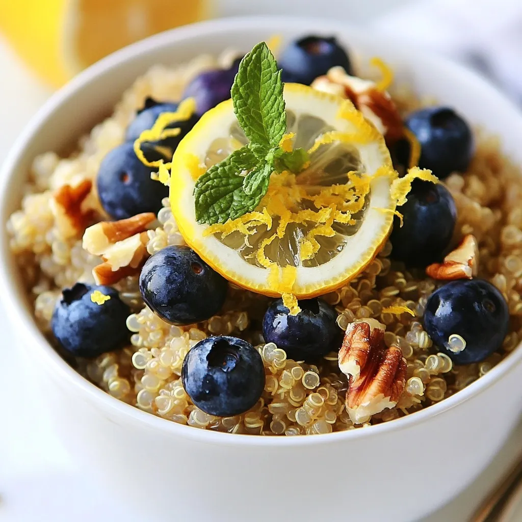 To make Lemon Blueberry Breakfast Quinoa, gather these key ingredients: - 1 cup quinoa, rinsed - 2 cups almond milk (or your preferred milk) - 1 cup fresh blueberries (or frozen, thawed) - Zest of 1 lemon - Juice of 1 lemon - 2 tablespoons maple syrup or honey - 1 teaspoon vanilla extract - 1/2 teaspoon cinnamon - Pinch of salt These ingredients create a tasty and healthy meal that is perfect for breakfast. Each item plays a role in adding flavor and nutrition. Quinoa serves as a great base. The almond milk makes it creamy. Blueberries give sweetness and color. Lemon adds a bright, fresh taste. You can make your quinoa even better with these toppings: - Chopped nuts (like almonds or walnuts) - Fresh mint leaves These toppings add crunch and a pop of color. Nuts bring healthy fats, while mint adds a refreshing touch. Feel free to get creative with your toppings! If you do not have certain ingredients, you can easily swap them. Here are some ideas: - Use any milk, like cow's milk or oat milk. - Change blueberries to other fruits, like strawberries or raspberries. - Swap maple syrup for agave or brown sugar. These substitutions keep the recipe flexible. You can make it work with what you have at home. Enjoy making Lemon Blueberry Breakfast Quinoa your own! {{ingredient_image_1}} To start, gather your ingredients. You need 1 cup of rinsed quinoa and 2 cups of almond milk. In a medium saucepan, mix the quinoa and almond milk. Place it on the stove and turn the heat to medium. Wait until it boils. Once it bubbles, lower the heat to low. Cover the pot and let it simmer for about 15 minutes. This will make the quinoa fluffy and tasty. After 15 minutes, turn off the heat and let it sit, covered, for 5 more minutes. Now, it's time to add flavor. Fluff the quinoa gently with a fork. Next, add the zest and juice of one lemon. This will give a bright taste. You will also add 2 tablespoons of maple syrup or honey for sweetness. Add 1 teaspoon of vanilla extract, 1/2 teaspoon of cinnamon, and a pinch of salt. Stir well to mix all the flavors. Finally, fold in 1 cup of fresh blueberries. Be careful not to mash the berries; we want them whole and juicy. When you are ready to serve, spoon the quinoa into bowls. For a nice crunch, top it with chopped nuts. I recommend almonds or walnuts. They add great texture. For a fresh touch, add a sprig of mint on top. This makes the dish look pretty and taste fresh. Enjoy your Lemon Blueberry Breakfast Quinoa warm! To make fluffy quinoa, rinse it well before cooking. Rinsing removes the bitter coating called saponin. Use a medium saucepan with a lid. Combine one cup of rinsed quinoa with two cups of almond milk. Bring it to a boil over medium heat. Once boiling, reduce the heat to low and cover. Simmer for about 15 minutes. After that, let it sit off the heat for five more minutes. Fluff it gently with a fork. This method makes the quinoa light and airy. You can make Lemon Blueberry Breakfast Quinoa ahead of time. Cook a big batch for easy meals. Store it in an airtight container in the fridge for up to five days. You can reheat it in the microwave or on the stove. Add a splash of almond milk to keep it moist. If you want, divide it into single servings. This saves time and makes breakfast easy. Serve your quinoa warm in a bowl. Top it with chopped nuts for crunch. Almonds or walnuts work great here. Add a sprig of fresh mint for color and flavor. You can also sprinkle a bit more lemon zest on top for a bright touch. This dish pairs well with a cup of yogurt or a splash of extra almond milk. Enjoy it as a filling breakfast or a snack anytime! Pro Tips Use Fresh Ingredients: Whenever possible, opt for fresh blueberries and freshly squeezed lemon juice to enhance the flavor and nutritional value of your breakfast quinoa. Customize Your Sweetness: Adjust the amount of maple syrup or honey based on your personal taste preferences; you can also use a sugar substitute if desired. Try Different Nuts: Experiment with different chopped nuts like pecans or pistachios for a unique flavor and texture addition to your quinoa. Make It Ahead: Prepare a larger batch in advance and store it in the refrigerator. It can be easily reheated for quick breakfasts throughout the week. {{image_2}} You can change the flavor of your quinoa by using different fruits. Try strawberries, raspberries, or peaches. Each fruit adds a unique taste. For example, strawberries will make your dish sweeter. Raspberries add a nice tartness. You can also mix fruits for fun flavors! If you want less sugar, use different sweeteners. You can use agave syrup or stevia instead of maple syrup or honey. Both options keep the flavor while cutting calories. Taste as you mix in sweeteners to find your perfect balance. This recipe is easy to make dairy-free and vegan! Use almond milk or coconut milk for a creamy base. Both choices give a nice flavor without dairy. You can also use plant-based yogurt as a topping for extra creaminess. Enjoy your meal without any dairy! Quinoa is a superfood. It is high in protein, making it great for muscle health. Quinoa is also a complete protein, meaning it has all nine essential amino acids. This grain is rich in fiber, which helps with digestion. Plus, it has minerals like magnesium and iron, which support your body. Eating quinoa can help you feel full longer, which is great for weight management. Lemon adds a fresh zing to your meal. It is high in vitamin C, which boosts your immune system. The juice and zest also help with hydration and digestion. Blueberries are packed with antioxidants. They help fight free radicals in your body. This fruit is low in calories and high in fiber, making it a smart snack. Together, lemon and blueberries create a tasty and healthy combo. This recipe serves four. Each serving has about 200 calories. It contains 7 grams of protein and 5 grams of fiber. You can adjust portion sizes based on your needs. If you want to make it sweeter, you can add more maple syrup or honey. The healthy fats from nuts add more nutrition, too. Enjoy this meal to start your day right! Lemon Blueberry Breakfast Quinoa can last up to five days in the fridge. Store it in an airtight container. The flavors may deepen over time, making it even tastier. Just give it a quick stir before eating. You can warm it in the microwave for a nice breakfast treat. Yes, you can use other grains like rice or millet. However, the cooking time may differ. Make sure to adjust the liquid and cooking time based on the grain you choose. Quinoa is special due to its protein and fiber content, making it a great choice. Absolutely! This recipe is perfect for meal prep. You can make a big batch and store it in individual containers. This way, you have a healthy breakfast ready to go. Just add your favorite toppings before serving to keep it fresh and exciting. You can create a tasty Lemon Blueberry Breakfast Quinoa with simple steps. Remember, fluffy quinoa is key for the best texture. Use different fruits or sweeteners to switch things up. This meal is not only delicious but also packed with health benefits. You can make it ahead for busy mornings. With meal prep tips in mind, enjoying this breakfast can be easy. Trying out this recipe can bring more variety to your mornings. Enjoy this fun and healthy start to your day!
