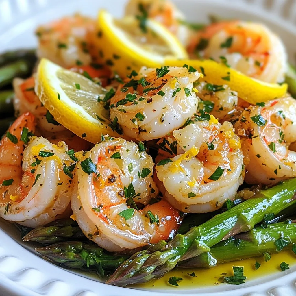 - 1 lb (450g) large shrimp, peeled and deveined - 1 lb (450g) asparagus, trimmed - 4 cloves garlic, minced - 3 tablespoons olive oil - 1 lemon (zested and juiced) - 1 teaspoon red pepper flakes (optional) - Salt and pepper to taste - Fresh parsley, chopped (for garnish) - Red pepper flakes add a nice heat. - Fresh herbs like thyme or dill can enhance flavor. - Large skillet for cooking. - Cutting board for prep. - Sharp knife for chopping. - Measuring spoons for accuracy. - Serving plate for presentation. When I gather these ingredients, I feel excited to create a simple delight. Each item plays an important role in making this dish tasty and fresh. The shrimp provide a lovely protein, while asparagus adds crunch and color. The garlic gives a warm flavor, and lemon brightens everything up. Trust me, this mix will make your meal shine! {{ingredient_image_1}} 1. Start by rinsing the shrimp under cold water. 2. Pat the shrimp dry with paper towels. 3. Trim the woody ends from the asparagus. Set it aside. 4. Mince the garlic using a knife or garlic press. 5. Zest and juice the lemon, keeping both ready. 1. Heat 2 tablespoons of olive oil in a large skillet over medium heat. 2. Add the minced garlic and sauté for 1-2 minutes. Watch it closely; you don’t want it to burn. 3. Increase the heat to medium-high. Add the shrimp to the skillet. 4. Season the shrimp with salt, pepper, and red pepper flakes if you like a kick. 5. Cook the shrimp for 2-3 minutes on each side. They should turn pink and opaque. 6. Remove the shrimp from the skillet and set them aside. 7. In the same skillet, add the last tablespoon of olive oil. 8. Add the asparagus and sauté for about 5-7 minutes. Stir occasionally until bright green and tender. 1. Return the cooked shrimp to the skillet. 2. Add the lemon juice and zest, stirring everything together. 3. Cook for another minute, allowing the flavors to blend. 4. Transfer the mixture to a serving plate. 5. Garnish with chopped parsley for a fresh touch. When picking shrimp, look for a few key signs. Fresh shrimp should smell like the ocean, not fishy. Their shells should be firm and shiny. Check for a slight translucence in the meat. The color can vary, but avoid any that appear dull or have dark spots. If you can, buy shrimp that are wild-caught for the best flavor. To boost the flavor, use fresh lemon juice and zest. The zest gives a bright kick. You can also add herbs like fresh parsley or basil. For a spicy touch, red pepper flakes work great. Just a pinch can make a big difference. Mix and match these flavors to find what you love most. Asparagus cooks quickly, so watch it closely. When you sauté it, aim for 5-7 minutes. You want it tender but still bright green. If you overcook it, it can turn mushy. Try using a fork to check for tenderness. It should be easy to pierce but still crisp. Cooking it just right keeps all the flavors fresh and vibrant. Pro Tips Fresh Shrimp: Always choose fresh, high-quality shrimp for the best flavor. If using frozen shrimp, ensure they are completely thawed before cooking. Asparagus Cooking Time: To maintain the bright green color and tender-crisp texture of asparagus, avoid overcooking. It should be bright and vibrant when ready. Garlic Sautéing: Watch the garlic closely while sautéing, as it can burn quickly. Remove it from the heat as soon as it becomes fragrant to prevent bitterness. Lemon Zest: Use a microplane to zest the lemon for finer zest. This enhances the flavor and aroma in the dish significantly. {{image_2}} You can switch out the asparagus for other veggies. Try broccoli, snap peas, or bell peppers. Each vegetable adds its own taste and texture. Broccoli gives a nice crunch, while bell peppers add sweetness. Just make sure to adjust the cooking time based on the vegetable you choose. Cook them until tender but still bright. You can add different herbs to change the flavor. Fresh basil, thyme, or dill work well. Each herb brings a unique taste. If you want a little kick, try adding more red pepper flakes. You can also use smoked paprika for a deeper flavor. Experiment with what you have on hand! This dish pairs well with many sides. Try serving it over rice or quinoa. You can also serve it with a fresh salad for a lighter meal. Garlic bread or crusty baguette is great for soaking up the sauce. Choose sides based on what you enjoy! To reheat your Lemon Garlic Shrimp and Asparagus, use a skillet. Heat it over low to medium heat. Add a splash of olive oil to prevent sticking. Toss in the leftover dish. Heat until warm, stirring often. You can also use a microwave. Place it in a microwave-safe bowl. Cover it to keep moisture in. Heat for 1-2 minutes, stirring halfway through. If you want to freeze this dish, do it right after cooking. Let it cool completely first. Pack it in airtight containers or freezer bags. Remove as much air as you can before sealing. Label the bags with the date. You can freeze it for up to three months. When ready to eat, thaw it in the fridge overnight. In the fridge, Lemon Garlic Shrimp and Asparagus lasts about 2-3 days. Store it in an airtight container. Keep it away from strong-smelling foods. Check for any changes in smell or color before eating. If it looks or smells off, toss it. Always trust your senses for food safety. Yes, you can use frozen shrimp. Just make sure to thaw them first. Place the shrimp in cold water for about 15-20 minutes. This way, they cook evenly and taste great in your dish. If you don't have asparagus, try green beans or broccoli. These veggies add a nice crunch and flavor. You can also use zucchini, but cook it for a shorter time. To add more heat, increase the red pepper flakes. You can also add chopped jalapeños or a dash of hot sauce. Just remember, start with a little. You can always add more, but you can't take it out once it's in! This blog post covers all you need to know about cooking shrimp and asparagus. We looked at key ingredients, listed necessary equipment, and provided step-by-step cooking instructions. I shared tips for selecting fresh shrimp and enhancing flavors. You can even try fun variations with different veggies and herbs. Finally, I outlined how to store leftovers properly. With these insights, you can make a tasty dish that suits your taste. Happy cooking!