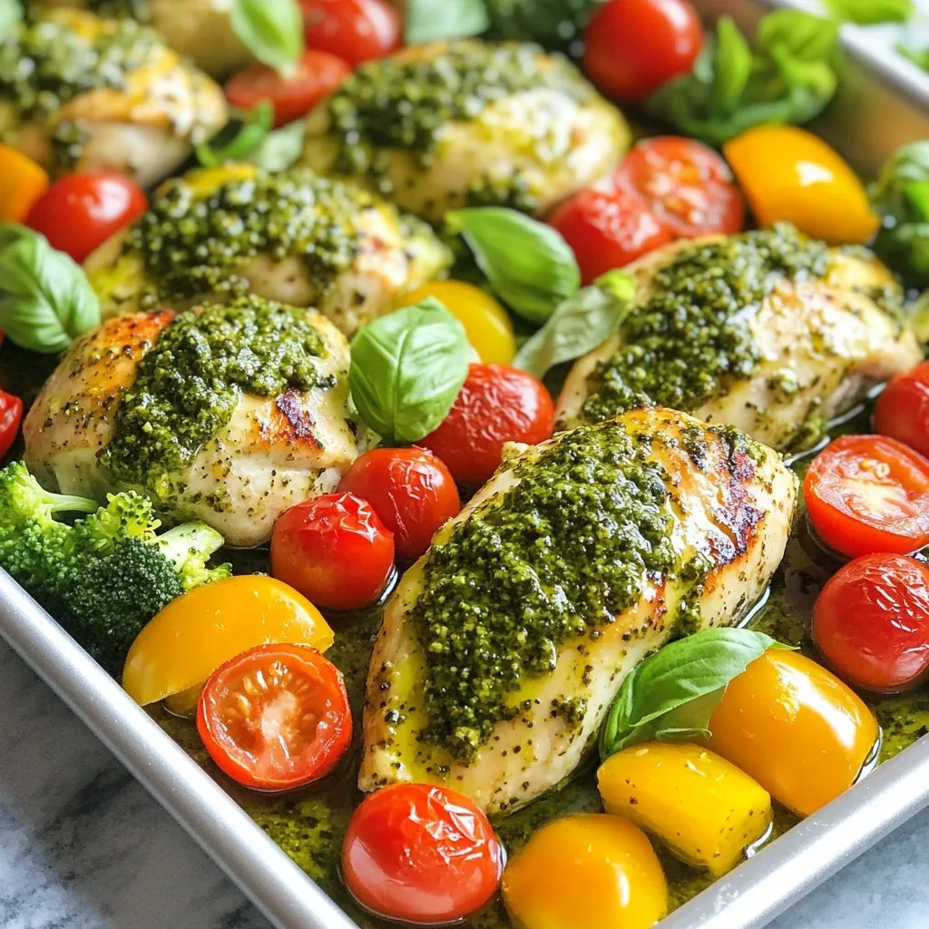 - 4 boneless, skinless chicken breasts - 1 cup basil pesto (store-bought or homemade) - 2 cups cherry tomatoes, halved - 2 cups broccoli florets - 1 bell pepper, sliced (any color) - 1 medium red onion, cut into wedges - 2 tablespoons olive oil - Salt and pepper to taste - Fresh basil leaves for garnish For this dish, I love using fresh and vibrant ingredients. The chicken gives you a nice protein base. The basil pesto adds a rich and herby flavor that really ties everything together. I often use store-bought pesto for ease, but homemade is a fantastic option if you have the time. The cherry tomatoes burst with sweetness when roasted. Broccoli florets add a nice crunch and bright green color. You can pick any bell pepper you like; each one adds its unique flavor. Red onion gives a subtle sweetness when cooked, making the dish even more delicious. I use olive oil to help the veggies roast perfectly. Salt and pepper are key for seasoning, enhancing all the flavors. Finally, fresh basil leaves add a beautiful touch when you serve the dish. This combination creates a healthy and tasty meal that is sure to please everyone. {{ingredient_image_1}} - Preheat the oven to 400°F (200°C). - Marinate the chicken breasts with 1/2 cup of pesto. Make sure the chicken is well coated. Let it sit while you prepare the veggies. - On a large sheet pan, arrange 2 cups of cherry tomatoes, 2 cups of broccoli florets, 1 sliced bell pepper, and 1 medium red onion cut into wedges. - Drizzle 2 tablespoons of olive oil over the veggies. - Add salt and pepper to taste. Toss the veggies to coat them evenly with oil and seasoning. - Create spaces in the center of the veggies for the marinated chicken breasts. Place the chicken on the sheet pan. - Spoon the remaining pesto over the chicken breasts for extra flavor. - Bake in the preheated oven for 25-30 minutes. The chicken should reach an internal temperature of 165°F (75°C). The veggies should be tender. - Once cooked, remove the sheet pan from the oven. Let it rest for 5 minutes before serving. To ensure even cooking of chicken and veggies, cut the vegetables into similar sizes. This way, they cook at the same rate as the chicken. Spread them out on the sheet pan. Don’t overcrowd them. This helps steam escape, allowing everything to roast nicely. The recommended internal temperature for chicken is 165°F (75°C). Use a meat thermometer to check. Insert it into the thickest part of the chicken breast. This way, you can be sure it is safe to eat. You can use store-bought or homemade pesto. Store-bought is quick and easy. Homemade pesto, however, has a fresh taste. If you make your own, you can control the flavors. To make your own pesto, blend fresh basil, garlic, pine nuts, Parmesan cheese, and olive oil. Adjust the ingredients to fit your taste. Add more basil for a stronger flavor or more nuts for a creamier texture. To enhance flavor, use fresh herbs like basil or parsley. Chop them finely and sprinkle on top before serving. This adds freshness and color. For presentation, serve the dish on a large platter. Arrange the chicken and veggies nicely. Add extra basil leaves for a pop of green. This makes the dish look inviting and delicious. Pro Tips Marinate for More Flavor: Allow the chicken to marinate in the pesto for at least 30 minutes before cooking for enhanced flavor. If short on time, even a quick 10-minute marination will still add a nice touch. Use Seasonal Veggies: Feel free to swap in seasonal vegetables for a fresh twist. Zucchini, asparagus, or even carrots can work beautifully with the pesto and chicken. Check Doneness: Always use a meat thermometer to ensure chicken reaches 165°F (75°C). This guarantees juicy and safe-to-eat chicken. Leftovers Storage: Store any leftovers in an airtight container in the fridge for up to 3 days. Reheat gently in the oven to maintain texture. {{image_2}} You can swap vegetables based on what you have. Try using zucchini, asparagus, or carrots. These work well with the pesto. You can also think about seasonal veggies. Fresh peas in spring or squash in fall can brighten your dish. If you want a vegetarian option, use tofu instead of chicken. Just press it to remove excess water. You may need to cook tofu for a bit longer. If you choose fish or pork, adjust the cooking time. Fish cooks faster, while pork might take a few extra minutes. To enhance the pesto flavor, add spices like garlic powder or red pepper flakes. Fresh herbs like thyme or parsley can also lift the taste. Cheese lovers can sprinkle parmesan or feta on top for extra richness. This will make your meal even more satisfying. To store leftovers, let the dish cool first. Place the chicken and veggies in an airtight container. They can stay fresh in your fridge for up to three days. When reheating, use the oven or a microwave. If using the oven, cover the dish with foil to keep moisture in. Heat at a low temperature to avoid drying out the chicken. If using a microwave, add a splash of water to the container to create steam. This helps keep everything juicy. To freeze the dish, let it cool completely. Place chicken and veggies in a freezer-safe bag or container. Be sure to remove as much air as possible to prevent freezer burn. You can freeze the dish for up to three months. When ready to eat, thaw it overnight in the fridge. For reheating, use the oven at 350°F (175°C) for about 30 minutes, or until heated through. This method gives you nicely cooked chicken and tender veggies again. How long does it take to bake Sheet Pan Pesto Chicken & Veggies? Baking this dish takes about 25 to 30 minutes. You want the chicken to reach 165°F inside. The veggies should be tender and juicy, too. Can I prepare this recipe ahead of time? Yes, you can prepare it ahead. Marinate the chicken and chop the veggies. Store them in the fridge until you are ready to bake. What should I serve with Sheet Pan Pesto Chicken & Veggies? This dish goes well with rice, quinoa, or crusty bread. A light salad can also add a nice touch. Is this dish suitable for meal prepping? Absolutely! This recipe works great for meal prep. You can store leftovers in airtight containers for up to four days. Can I use a different type of pesto? Yes, feel free to swap out the pesto. You can try sun-dried tomato pesto or even a vegan version. Each choice adds a unique twist to the meal. This blog post covered a simple and tasty recipe for Sheet Pan Pesto Chicken & Veggies. You learned about the key ingredients, preparation steps, and how to bake everything perfectly. I also shared tips for different vegetables and protein options. You can make this dish your own by mixing in fresh herbs or using different pestos. It’s an easy meal for busy nights. Enjoy your cooking and remember, simple meals can be delicious too!