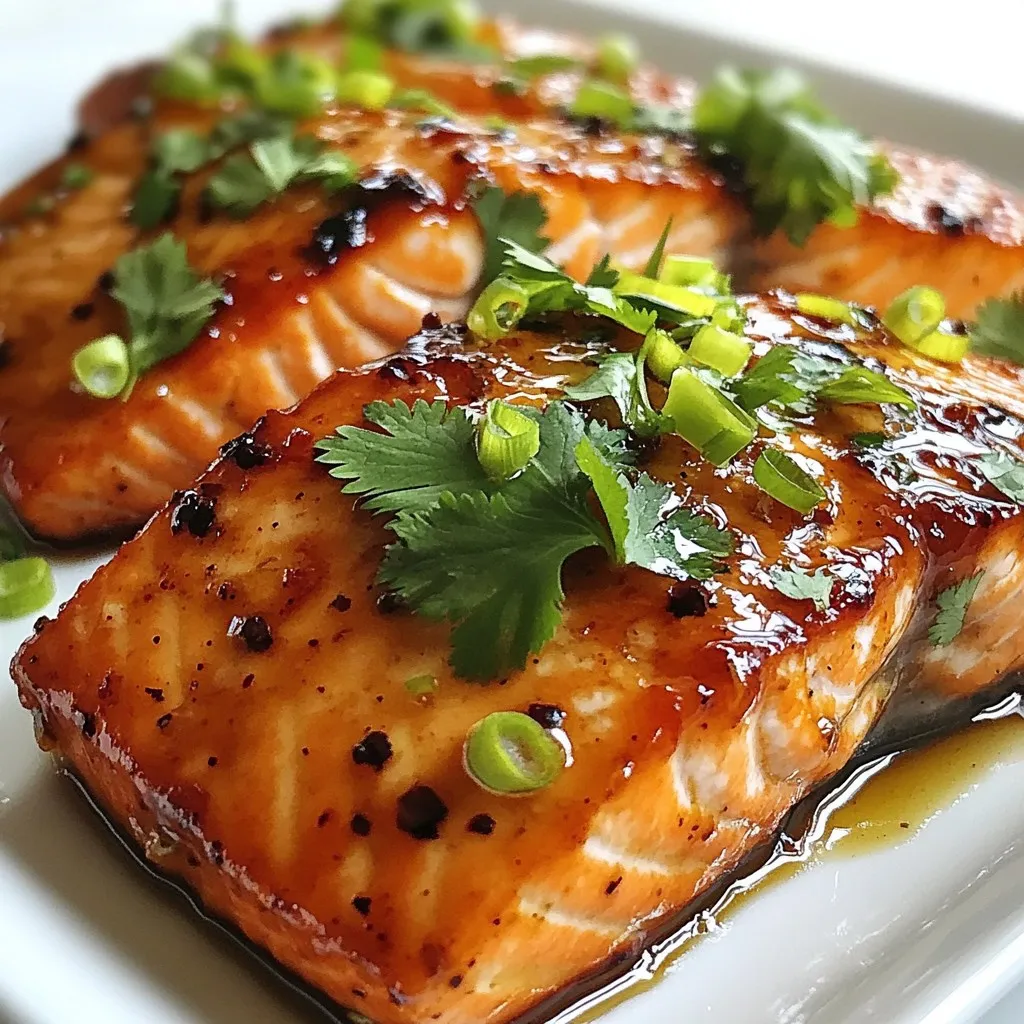 - 4 salmon fillets (approximately 6 oz each) - 1/4 cup brown sugar - 2 tablespoons soy sauce (low sodium) - 2 tablespoons Dijon mustard - 2 tablespoons olive oil - 1 tablespoon fresh ginger, grated - 3 cloves garlic, minced - Juice of 1 lime - Salt and pepper to taste - Fresh cilantro or green onions for garnish You can swap salmon for other fish like trout or tilapia. If you want a sweeter glaze, use honey instead of brown sugar. For a gluten-free option, choose tamari sauce. If you lack Dijon mustard, use yellow mustard or even a bit of mayonnaise. Fresh ginger can be replaced with ground ginger, but use less. You will need a baking sheet lined with parchment paper or a non-stick spray. A whisk helps mix the glaze well. A small bowl works for combining the glaze ingredients. Make sure to have a sharp knife for slicing green onions or cilantro. An oven thermometer ensures your oven is at the right temperature. {{ingredient_image_1}} Start by gathering your ingredients. You will need: - 4 salmon fillets (about 6 oz each) - 1/4 cup brown sugar - 2 tablespoons soy sauce (low sodium) - 2 tablespoons Dijon mustard - 2 tablespoons olive oil - 1 tablespoon fresh ginger, grated - 3 cloves garlic, minced - Juice of 1 lime - Salt and pepper to taste - Fresh cilantro or green onions for garnish In a small bowl, whisk together the brown sugar, soy sauce, Dijon mustard, olive oil, ginger, garlic, and lime juice. Mix until smooth. This glaze adds a sweet and savory touch to the salmon. Preheat your oven to 400°F (200°C). While the oven heats, line a baking sheet with parchment paper. You can also lightly grease it with non-stick spray. Place the salmon fillets on the baking sheet, skin-side down. Sprinkle salt and pepper over the fillets. Use a brush to apply the brown sugar glaze generously. Make sure to coat them well. Bake the salmon in the preheated oven for 12-15 minutes. It is done when it flakes easily with a fork. If you want a nice caramelized finish, broil the salmon for the last 2 minutes. Watch it closely to avoid burning. After baking, take the salmon out of the oven. Let it rest for a few minutes. This helps the juices stay in the fish. Before serving, add fresh cilantro or sliced green onions on top for a pop of color. To cook salmon just right, aim for a medium temperature. Cook it until it reaches 145°F (63°C). This ensures it is safe to eat. Another tip is to use a good glaze. The brown sugar mix will help keep the fish moist and add flavor. Lastly, let the salmon rest after cooking. This keeps it tender and flavorful. To make your brown sugar glazed salmon stand out, think about adding extra flavors. A dash of chili flakes can give it some heat. A splash of orange juice can add brightness. You might also try adding herbs like thyme or rosemary for a fresh twist. These small changes can elevate your dish and surprise your taste buds. The key to a great glaze is balance. Mix the brown sugar, soy sauce, and Dijon mustard well. Make sure the sugar dissolves fully to avoid graininess. Use fresh ginger and garlic to boost flavor depth. Brush the glaze on generously. This ensures that every bite is sweet and savory. If you want a caramelized look, broil the salmon for the last two minutes. Watch it carefully to avoid burning. Many people under-season their salmon. Don’t skip the salt and pepper. They enhance the natural flavors. Another mistake is not using enough glaze. Make sure to cover the salmon well before baking. Lastly, avoid overcooking the fish. Salmon should flake easily with a fork but remain moist. Check it a few minutes early to ensure perfect doneness. Following these tips will lead to a delicious result every time. Pro Tips Fresh Ingredients: Always use fresh ginger and garlic for a more vibrant flavor in your glaze. Marinating Time: For an even deeper flavor, allow the salmon to marinate in the glaze for 30 minutes before baking. Cooking Method: If you like your salmon with a crispy top, finish it under the broiler for the last couple of minutes. Garnish Ideas: Experiment with different garnishes like sesame seeds or sliced radishes for added texture and flavor. {{image_2}} You can change the flavor of your salmon with different glazes. Try maple syrup for a sweet twist. Honey works well for a natural sweetness. If you like spice, add some chili flakes to the glaze. You can mix in sesame oil for a nutty flavor too. Each option brings a new taste to the dish. You can cook salmon in many ways. Grilling adds a nice smoky flavor. Just brush the glaze on before placing it on the grill. Pan-searing gives a crispy skin; heat some oil in a skillet and cook skin-side down first. Baking is easy and keeps the fish moist. You can also use an air fryer for a quick meal with a crisp finish. Pair this salmon with rice or quinoa for a filling meal. Fresh veggies like asparagus or steamed broccoli add color and crunch. A simple salad with lime dressing is a great side. You can also serve it with a fruity salsa for extra brightness. Enjoy the salmon with a glass of white wine or sparkling water for a refreshing touch. You can store leftover brown sugar glazed salmon in the fridge. Place it in an airtight container. It stays fresh for up to three days. If you want to keep it longer, consider freezing it instead. To freeze salmon, wrap each piece tightly in plastic wrap. Place the wrapped salmon in a freezer bag. Remove as much air as you can before sealing. It will keep well for up to three months. When ready to eat, thaw it in the fridge overnight. To reheat the salmon, preheat your oven to 350°F (175°C). Place the salmon on a baking sheet. Cover it with foil to keep it moist. Heat for about 10-15 minutes, or until warmed through. You can also reheat it in the microwave, but be careful not to overcook it. You can tell salmon is done when it flakes easily with a fork. The fish should look opaque and have a light pink color. A good rule is to cook it for 12-15 minutes at 400°F. For extra crispiness, broil it for 2 minutes at the end. Always check the thickest part of the fillet for doneness. Yes, you can use other fish like trout or tilapia. These fish cook similarly and will soak up the glaze well. Just watch the cooking time, as thinner fillets may need less time. Always check for doneness as you would with salmon. To adjust the sweetness of the glaze, simply change the brown sugar amount. Add more sugar for a sweeter taste. If you want it less sweet, cut back on the sugar. You can also add more lime juice for a tart balance. Taste as you go for the best results. This blog post covered everything you need to know about cooking salmon. We looked at key ingredients, step-by-step instructions, and helpful tips. I shared methods to enhance flavor and avoid common mistakes. We also explored variations, cooking methods, and storage tips. Remember, the right glaze can make a big difference in taste. With these insights, you can create a delicious salmon dish every time. Enjoy your cooking journey and experiment with the tips and tricks provided!
