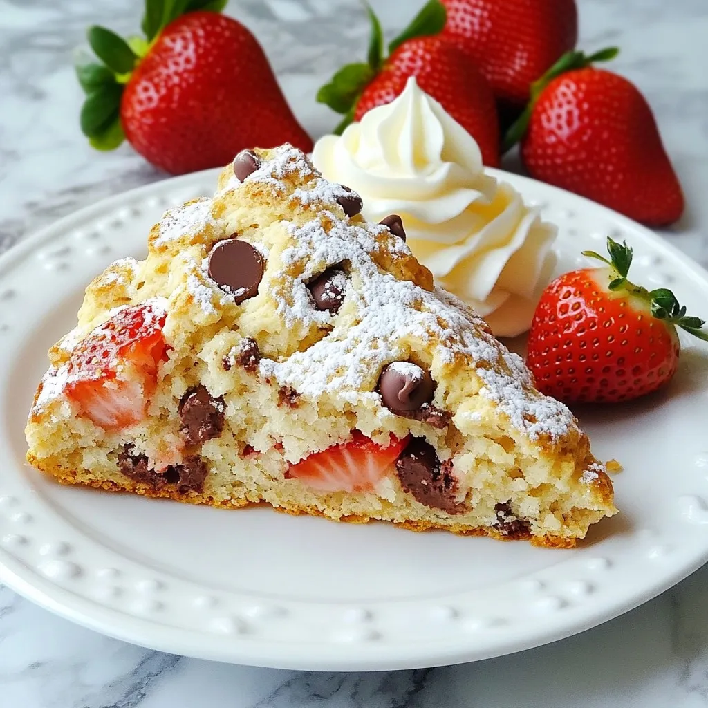 - 2 cups all-purpose flour - 1/4 cup granulated sugar - 1 tablespoon baking powder - 1/2 teaspoon salt - 1/2 cup unsalted butter, cold and cubed - 1/2 cup heavy cream - 1 large egg - 1 teaspoon vanilla extract - 1 cup fresh strawberries, hulled and chopped - 1/2 cup semi-sweet chocolate chips Fresh strawberries work best for this recipe. They add flavor and moisture. If you want to swap strawberries, try raspberries or blueberries. Use cold butter for a flaky texture. You can replace heavy cream with whole milk, but the scones may be less rich. For a dairy-free option, use plant-based butter and cream. You need a large mixing bowl for dry ingredients. A separate bowl is for wet ingredients. A pastry cutter or your hands helps mix butter into the flour. You also need a lightly floured surface for shaping the scones. Finally, a baking sheet lined with parchment paper makes cleanup easy. {{ingredient_image_1}} Start by preheating your oven to 400°F (200°C). Line a baking sheet with parchment paper. In a large bowl, mix together the flour, sugar, baking powder, and salt. Use a whisk to blend these dry ingredients well. Next, add the cold, cubed butter to the bowl. Use a pastry cutter or your fingers to cut the butter into the flour. You want the mix to look like coarse crumbs. In another bowl, whisk together the heavy cream, egg, and vanilla extract. Mix until smooth. Pour this cream mixture into the dry mix. Gently fold the two together. Be careful not to overmix; it’s okay if it’s a bit lumpy. Now, fold in the chopped strawberries and chocolate chips. Make sure they are evenly spread throughout the dough. Turn the dough out onto a lightly floured surface. Shape it into a circle about 1 inch thick. Use a sharp knife to cut the dough into 8 equal wedges. Transfer the scones to the prepared baking sheet. Space them evenly apart so they have room to rise. Bake the scones in your preheated oven for 15-20 minutes. Watch for them to turn golden brown on top. Once they are done, let them cool slightly on the baking sheet. This helps them set and makes them easier to move. Serve warm with a dusting of powdered sugar. You can also add whipped cream or clotted cream. For a pop of color, place fresh strawberries on the plate. Enjoy! To make your scones fluffy, use cold butter. Cold butter makes layers. Cut it into the flour until it looks like crumbs. Don't overmix the dough. Gently fold in strawberries and chocolate chips. This keeps the scones light. Also, bake them right away. Scones like the heat! One big mistake is overworking the dough. If you mix too much, scones get tough. Another mistake is using warm butter. Warm butter melts too much, which ruins the fluffiness. Lastly, don’t skip the baking powder. It is key for rise and softness. Let the scones cool on the baking sheet for a few minutes. This helps them set. After that, move them to a wire rack. Serve them warm for the best taste. Dust with powdered sugar for a nice touch. Pair them with whipped cream or clotted cream for extra delight. Add fresh strawberries to your plate for color! Pro Tips Use Cold Ingredients: Ensure your butter and cream are cold to achieve a flaky texture in your scones. Don’t Overmix: Gently fold in the ingredients to keep the scones light and tender. Fresh Strawberries: Use ripe, fresh strawberries for the best flavor and natural sweetness in your scones. Storage Tips: Store any leftover scones in an airtight container at room temperature for up to 2 days. {{image_2}} You can swap strawberries for other fruits. Blueberries work great. They add a burst of flavor. Raspberries give a nice tartness. If you love peaches, try diced fresh peaches. Each fruit brings a unique taste to the scones. For added crunch, consider nuts. Chopped walnuts or pecans add texture. You can also mix different chocolate types. Use dark chocolate for a rich flavor. White chocolate gives a sweet twist. Mix and match to find your favorite combo. You can make this recipe gluten-free easily. Use a gluten-free flour blend instead of all-purpose flour. For a vegan version, swap butter for coconut oil. Replace heavy cream with almond milk or coconut cream. These changes keep the scones tasty and fun! To keep scones fresh, place them in an airtight container. Line the container with paper towels. This will help absorb moisture. Store at room temperature for up to 2 days. For longer storage, move them to the fridge. They can last up to a week in the fridge. Just remember to seal them well to avoid drying out. When you want to enjoy warm scones, preheat your oven to 350°F (175°C). Place the scones on a baking sheet. Heat them for about 5 to 10 minutes. This will make them warm and soft again. You can also use a microwave. Heat them for about 10 to 15 seconds. Be careful not to overheat, as they can become tough. If you want to save scones for later, freezing is a great option. Wrap each scone tightly in plastic wrap. Then, place them in a freezer-safe bag or container. They can last up to 3 months in the freezer. When you're ready to eat, thaw them in the fridge overnight. For a quick option, you can heat them straight from the freezer. Just add a few extra minutes to the reheating time. Enjoy your scones anytime! Yes, you can use frozen strawberries. Make sure to thaw them first. Drain any excess moisture. This way, your scones won’t get soggy. The flavor will still be great. Just chop them into small pieces before adding them to the dough. You can prepare the dough and shape it a day before. Wrap it tightly in plastic wrap. Keep it in the fridge overnight. When you are ready, just bake them straight from the fridge. This saves time and still gives you fresh scones. The dough should be slightly sticky but manageable. It should hold together without being too wet. You want it to be soft and a bit shaggy. Avoid overmixing, as this can make the scones tough. Gently folding in the ingredients helps keep the texture light. In this post, we explored the key ingredients and tools for making scones. We discussed step-by-step instructions, helpful tips, and tasty variations. You now know how to avoid common mistakes and store leftover scones properly. Remember, practice makes perfect with baking. With these tips, you can create delicious scones every time. Enjoy experimenting with flavors and sharing your treats!