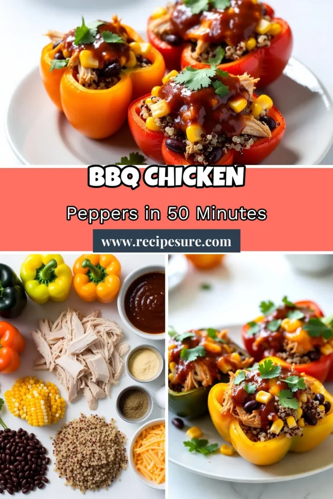 Savor the deliciousness of BBQ chicken stuffed peppers with this easy stuffed bell pepper recipe! Packed with shredded chicken, quinoa, and zesty BBQ sauce, these healthy stuffed peppers are perfect for a quick dinner. Enjoy a great BBQ recipe with quinoa that the whole family will love. Get ready to impress with this flavorful dish! Don't forget to save this recipe for later! #BBQChickenStuffedPeppers #HealthyRecipes #StuffedPeppers #EasyDinnerIdeas