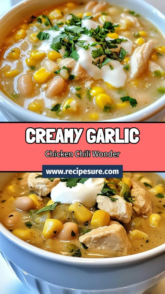 Discover the ultimate Creamy Garlic White Chicken Chili with this easy chicken chili recipe! Packed with flavors, this healthy chicken chili can easily be made dairy-free using coconut cream. Perfect for cozy nights, it's a wholesome meal the whole family will love. Don't miss out—save this creamy garlic chicken chili recipe for your next dinner! #ChickenChili #HealthyRecipes #DairyFree #ComfortFood