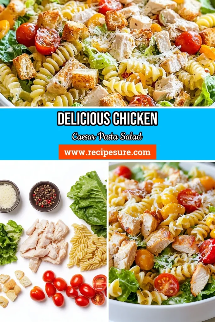Discover the perfect Chicken Caesar Pasta Salad for your next meal! This easy pasta salad recipe features tender rotini pasta, juicy chicken, and romaine lettuce, all coated in a creamy Caesar dressing. With quick preparation and delicious flavors, it's a must-try quick chicken salad. Chill it for a refreshing dish that everyone will love. Try this creamy Caesar dressing pasta today. Click to save! #ChickenCaesarPastaSalad #EasyPastaSaladRecipe #QuickChickenSalad #RotiniPastaSalad
