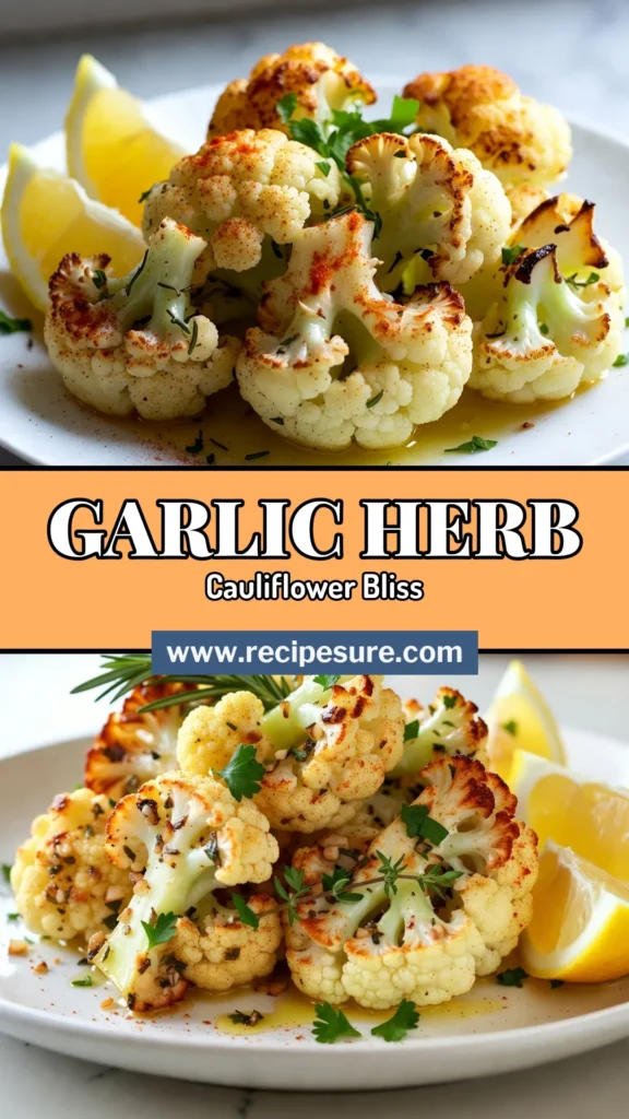 Discover the deliciousness of garlic herb roasted cauliflower with this easy roasted cauliflower recipe! Perfect as a healthy cauliflower side dish, this vegetarian cauliflower dish is packed with flavor thanks to garlic cauliflower florets and fragrant herbs. Ready in just 40 minutes, it's ideal for any meal. Try it today and impress your family! Save for later and elevate your veggie game! #GarlicHerbCauliflower #HealthySideDish #VegetarianRecipe #RoastedCauliflower