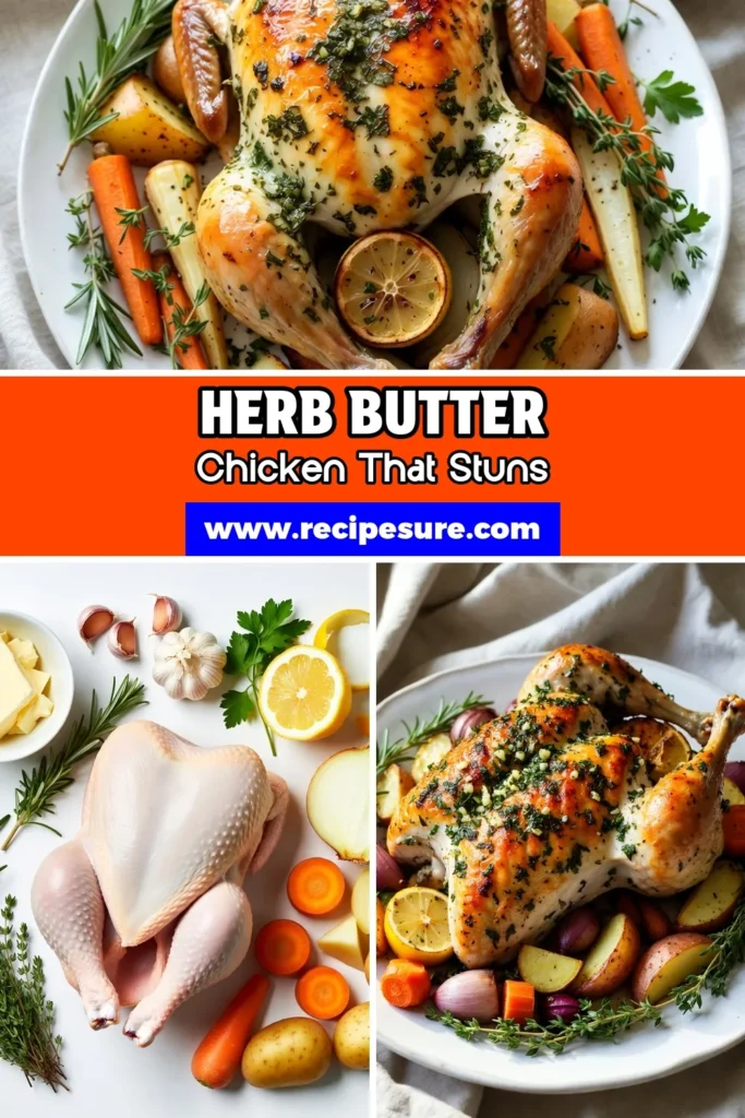 Savor the flavors of this Herb Butter Roasted Chicken, a delectable roasted chicken recipe that elevates any family dinner. With juicy garlic herb chicken, tender vegetables, and simple steps, this easy roast chicken dinner will be a hit. Perfect for gatherings, this whole chicken with vegetables not only tastes amazing but looks stunning too. Try this recipe and impress your guests! Save this for your next meal! #HerbButterRoastedChicken #RoastedChickenRecipe #EasyDinner #GarlicHerbChicken