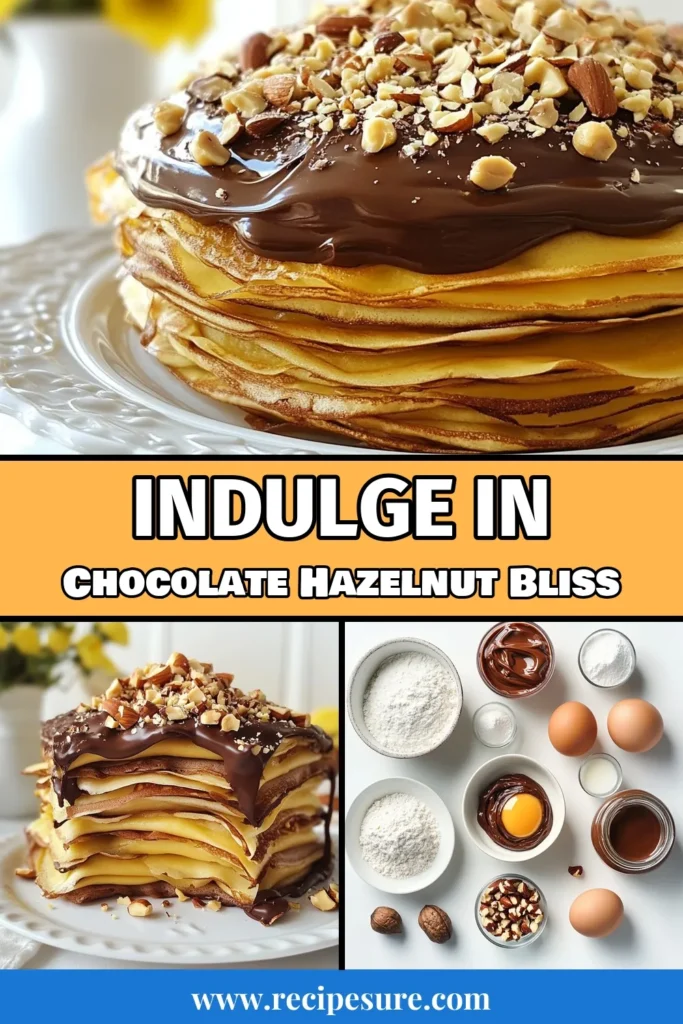 Indulge in this easy crepe cake recipe featuring a deliciously decadent Chocolate Hazelnut Crepe Cake! Layers of soft crepes and creamy Nutella crepe cake delight awaits. Made with a simple chocolate hazelnut cream recipe, this dessert is perfect for any occasion. Impress your guests and satisfy your sweet tooth with this layered treat. Click to discover the full recipe and save it for later! #ChocolateHazelnutCrepeCake #DecadentDessertRecipes #NutellaCrepeCake #EasyCrepeCakeRecipe