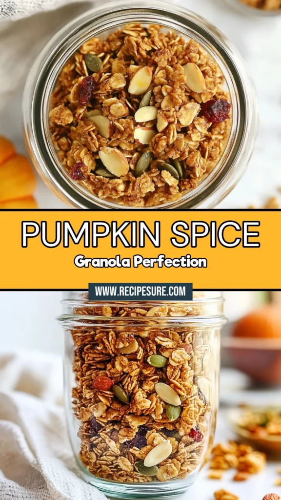 Discover the ultimate pumpkin spice granola recipe that combines fall flavors in a healthy and delicious way! This homemade pumpkin granola is the perfect easy granola recipe for nutritious fall snacks. Packed with oats, nuts, and pumpkin seeds, this gluten-free granola will satisfy your cravings. Get ready to enjoy a crunchy treat that's great for breakfast or snacking! Save this recipe now and delight in autumn's goodness! #PumpkinSpiceGranola #HealthySnacks #GlutenFreeGranola #FallRecipes