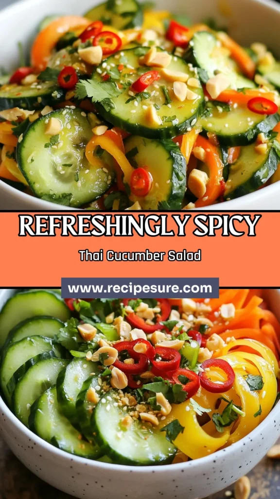 Discover the perfect balance of spice and freshness with this Spicy Thai Cucumber Salad. This easy spicy salad recipe features crisp cucumbers, vibrant veggies, and a zesty dressing, making it a delightful Thai salad recipe for your next meal. Enjoy a healthy Thai cucumber salad that's bursting with flavor! Ready in just 25 minutes, it's perfect for any occasion. Try it today and elevate your salad game! #CucumberSaladWithChili #HealthyEating #ThaiCuisine #EasyRecipes