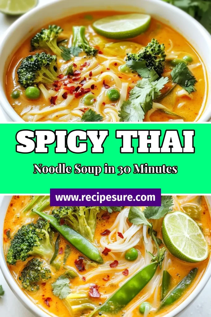Discover the delightful flavors of Spicy Thai Curry Noodle Soup, a perfect weeknight meal that warms the soul. This easy Thai Curry Soup recipe brings together rich coconut milk and vibrant veggies like broccoli, bell peppers, and snap peas for a gluten-free Thai noodle soup that's full of taste. Try these easy coconut curry noodles today for a satisfying dish you'll crave. Save this recipe for a delicious dinner! #SpicyThaiCurryNoodleSoup #ThaiCurrySoupRecipe #GlutenFreeNoodleSoup #CoconutCurryNoodles