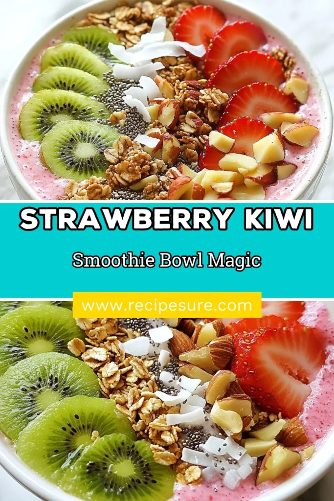 Looking for a delicious and nutritious start to your day? Try this strawberry kiwi smoothie bowl! Packed with fresh strawberries, ripe kiwis, and creamy almond milk, it’s a perfect choice for anyone exploring healthy smoothie bowl recipes. The addition of chia seeds gives it a delightful texture, making it a refreshing smoothie bowl you’ll love. Quick to prepare in just 10 minutes! Save this recipe for your next breakfast or snack! #SmoothieBowl #StrawberryKiwi #HealthyRecipes #ChiaSeeds