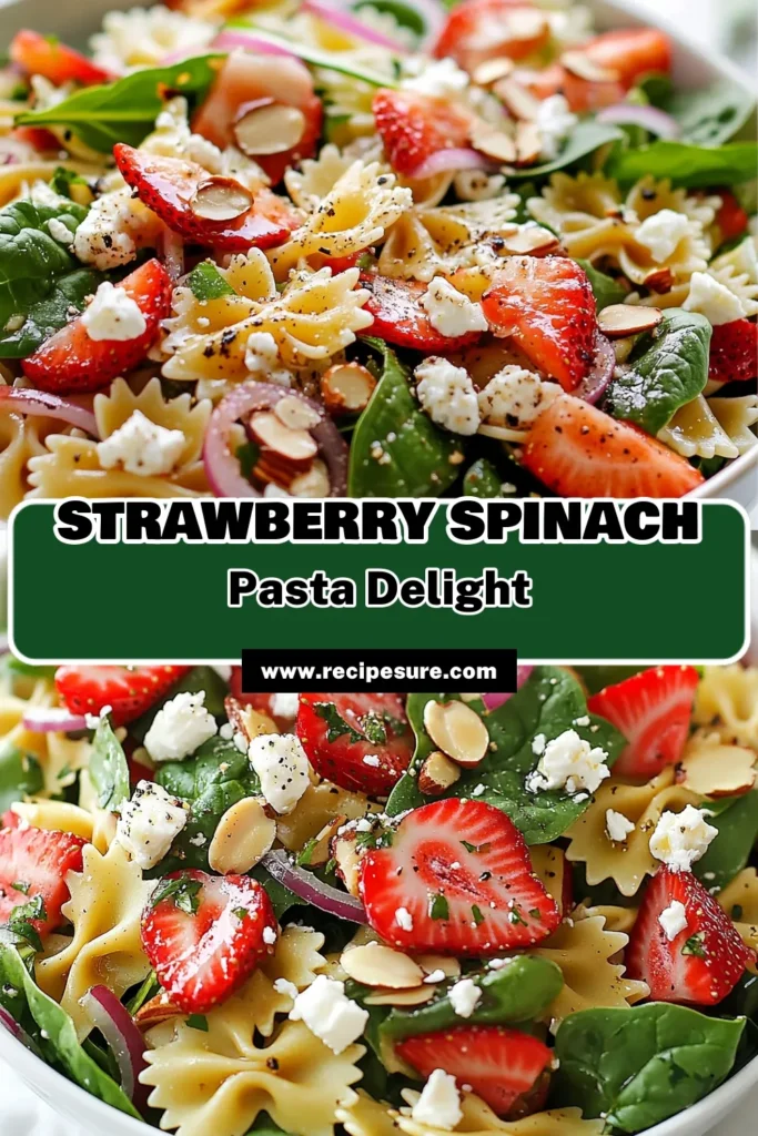 Refresh your summer meals with this delicious Strawberry Spinach Pasta Salad! Bursting with flavor, this summer pasta salad recipe combines bowtie pasta, fresh spinach, juicy strawberries, and creamy feta for a healthy pasta salad with feta that everyone will love. Perfect for picnics or quick lunches, this easy salad recipe with fruit is a must-try. Save this recipe for a delightful and nutritious dish! #SummerRecipes #PastaSalad #HealthyEating #EasySalads
