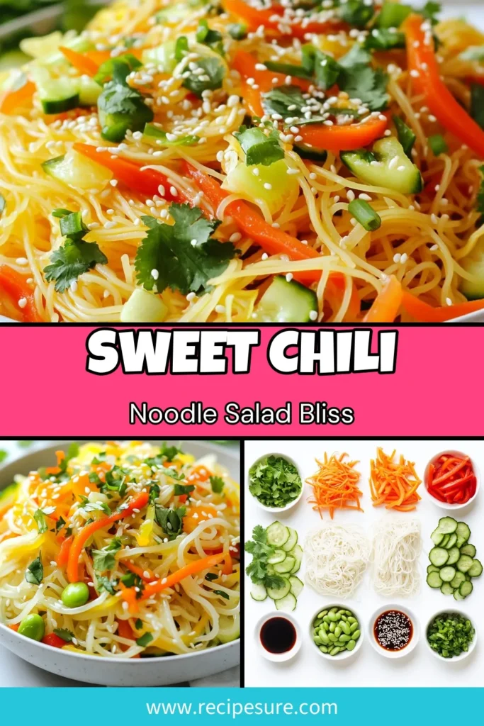 Discover the delicious Sweet Chili Sesame Noodle Salad, a vibrant Rice Noodle Salad Recipe perfect for a healthy meal! This Healthy Asian Salad features colorful veggies like shredded carrots and cucumbers, combined with edamame for a nutritious twist. Tossed in a luscious creamy dressing, this Sesame Noodle Salad is a must-try. Ideal for a light lunch or dinner! Save this Edamame Salad Recipe now and bring fresh flavors to your table! #SweetChiliNoodleSalad #HealthyAsianSalad #RiceNoodleSaladRecipe #SesameNoodleSalad