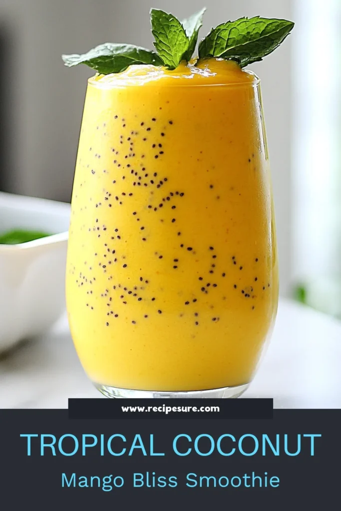Quench your thirst with this refreshing Coconut Mango Chia Smoothie! This vegan mango chia smoothie is packed with tropical flavors, combining ripe mango, creamy coconut milk, and nutritious chia seeds for a healthy chia seed smoothie that delights your taste buds. Perfect as a quick breakfast or snack, this mango smoothie recipe is easy to make in just 10 minutes. Try it today and enjoy a taste of paradise! Save and share! #CoconutMangoChiaSmoothie #MangoSmoothieRecipe #TropicalSmoothie #VeganSmoothie