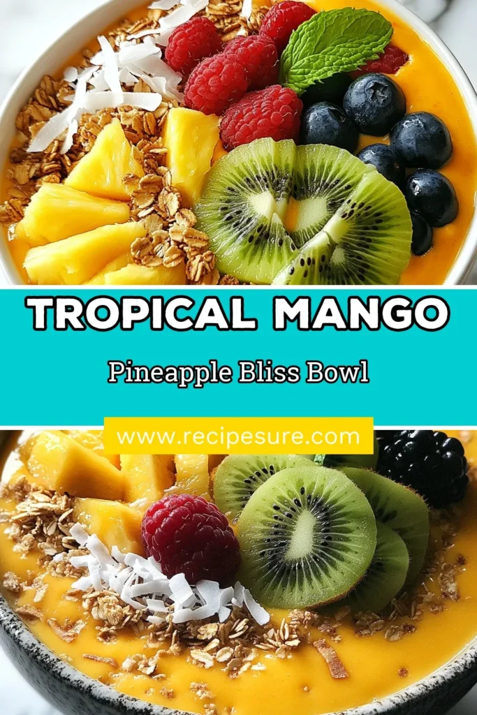 Kickstart your day with this vibrant Tropical Bliss Mango Pineapple Smoothie Bowl! Packed with juicy mango and refreshing pineapple, this healthy smoothie recipe is a perfect tropical breakfast idea. Enjoy the crunch of chia seeds in this delicious chia seed smoothie bowl, loaded with toppings like kiwi and berries. Blend your way to a nutritious start and indulge in this delightful treat. Try it now and save for later! #TropicalSmoothieBowl #MangoPineappleSmoothie #HealthySmoothieRecipes #TropicalBreakfastIdeas