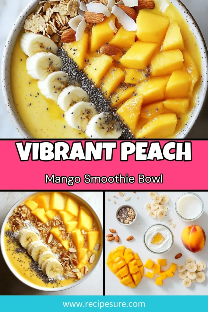 Indulge in a refreshing peach mango smoothie bowl that blends ripe peaches and mangoes with creamy Greek yogurt and coconut milk. This healthy smoothie bowl is perfect for an easy breakfast or a tropical treat. Explore more healthy smoothie bowl recipes that delight your taste buds! Whip up this delicious peach mango smoothie bowl today and enjoy ultimate flavor and nutrition. Save this recipe for your next smoothie inspiration! #SmoothieBowl #HealthyRecipes #BreakfastIdeas #TropicalSmoothies