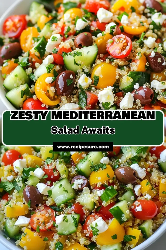Discover the delightful Lemon Herb Mediterranean Salad, a perfect blend of flavors in this Mediterranean quinoa salad. This easy lemon herb salad recipe features quinoa with feta, mixed veggies, and Kalamata olives, making it a standout among healthy Mediterranean recipes. Refresh your meal rotation with this delicious Greek salad with olives. Save this recipe for a nutritious and vibrant dish! #QuinoaSalad #HealthyRecipes #MediterraneanDiet #SaladRecipe