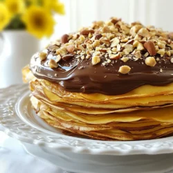 - 1 cup all-purpose flour - 2 large eggs - 2 cups milk - 2 tablespoons melted butter - 1 tablespoon sugar - 1/2 teaspoon vanilla extract - Pinch of salt - 1 cup heavy cream - 1/2 cup chocolate hazelnut spread - 1/4 cup powdered sugar - 1 teaspoon vanilla extract - 1/2 cup crushed hazelnuts The crepes form the base of this delightful cake. The light texture makes each layer melt in your mouth. The chocolate hazelnut cream adds richness and sweetness. You need simple ingredients to make this treat. For the crepes, you mix flour, eggs, milk, butter, sugar, vanilla, and salt. This mix creates a smooth batter. Let it rest for thirty minutes to help the crepes cook evenly. The chocolate hazelnut cream is easy to make. You beat the heavy cream until soft peaks form. Then, you gently fold in the chocolate hazelnut spread, powdered sugar, and vanilla. This cream brings the cake to life. The crushed hazelnuts add a nice crunch. Gathering these ingredients sets you up for success. Each element plays a key role in making this cake special. {{ingredient_image_1}} To make the crepe batter, start by mixing these ingredients in a bowl: - 1 cup all-purpose flour - 2 large eggs - 2 cups milk - 2 tablespoons melted butter - 1 tablespoon sugar - 1/2 teaspoon vanilla extract - Pinch of salt Whisk everything together until smooth. It should look like a thin pancake batter. Let the batter rest for about 30 minutes. This helps the flour absorb the liquid and makes your crepes tender. Next, heat a non-stick skillet over medium heat. Lightly grease it with butter. Pour about 1/4 cup of batter into the skillet. Quickly swirl it to cover the bottom evenly. Cook for about 1-2 minutes until the edges lift and the bottom is golden. Flip the crepe and cook for another minute. Once done, stack the cooked crepes on a plate. This keeps them warm and ready for layering. In another bowl, beat 1 cup of heavy cream until soft peaks form. This means the cream holds its shape but is still soft. Now, gently fold in 1/2 cup of chocolate hazelnut spread, 1/4 cup of powdered sugar, and 1 teaspoon of vanilla extract. Mix until everything is well combined. This cream will be rich and smooth, perfect for your layers. To assemble, take one crepe and place it on a serving plate. Spread a generous layer of chocolate hazelnut cream on top. Then, sprinkle a layer of crushed hazelnuts. Repeat this process, adding crepes and cream until you use all the crepes. Finish with a layer of cream on top. This creates a beautiful layered look. Once your cake is fully assembled, cover it with plastic wrap. Refrigerate it for at least 2 hours, or overnight if you can wait. This chilling time helps the flavors meld together. Before serving, sprinkle more crushed hazelnuts on top for garnish. Slice into wedges and enjoy your delightful Chocolate Hazelnut Crepe Cake! - Use a non-stick pan: A non-stick pan makes cooking easier. It helps the crepes slide out without sticking. This way, they keep their shape and look great. - Ensure batter is rested: Let the batter rest for at least 30 minutes. This helps the flour absorb the liquid. A rested batter makes soft and tender crepes. - Add liqueur to the cream: You can add a splash of liqueur to the cream. This gives a unique twist to the flavor. Hazelnut liqueur works great with chocolate. - Experiment with additional fillings: Don't be afraid to try new flavors. You can add fresh fruit, like strawberries or bananas, between the layers. This adds freshness and color. - How to garnish with hazelnuts: After assembling your cake, sprinkle crushed hazelnuts on top. This adds a nice crunch and looks pretty. You can also add whole hazelnuts for extra flair. - Proper slicing techniques: To slice the cake, use a sharp knife. Wipe the knife between cuts for clean slices. This keeps the layers neat and beautiful. Pro Tips Rest the Batter: Allowing the crepe batter to rest for at least 30 minutes helps to relax the gluten, resulting in more tender and delicate crepes. Consistent Heat: Maintain a steady medium heat when cooking crepes. If your skillet is too hot, the crepes may burn before cooking through. Layering Technique: When assembling the cake, spread the chocolate hazelnut cream evenly and generously between each crepe for optimal flavor and texture. Chill Time: Refrigerating the cake overnight allows the flavors to meld beautifully, enhancing the overall taste of the crepe cake. {{image_2}} If you want a nut-free version, you can swap the chocolate hazelnut spread. Use a chocolate spread that has no nuts. Look for options labeled as nut-free. They work well in this recipe and taste great. You can add layers of fresh fruit to your cake. Bananas and strawberries are my favorites. They bring a nice sweetness and freshness. You can also use different flavored extracts. Try almond or orange extract for a new twist. Each adds a unique taste to the layers. If you need a gluten-free option, you can make a gluten-free crepe batter. Use gluten-free flour in place of all-purpose flour. This keeps the cake tasty and safe for those with gluten issues. For a vegan version, replace the heavy cream with a plant-based cream. Coconut cream works nicely and gives a rich flavor. These swaps let everyone enjoy this treat! To keep your Chocolate Hazelnut Crepe Cake fresh, cover it well. Use plastic wrap or a cake dome. This helps keep moisture in and odors out. Refrigerate the cake after you assemble it. It stays fresh for about three days. Enjoy the best flavor within this time. You can freeze your crepes before you put the cake together. Layer them with parchment paper to keep them separate. They can freeze well for up to two months. If you want to freeze the assembled cake, ensure it is completely chilled first. Cover it tightly with plastic wrap. It can stay in the freezer for about one month. When ready to eat, thaw it overnight in the fridge. This keeps the texture nice and creamy. The Chocolate Hazelnut Crepe Cake lasts about 3 days in the fridge. If you keep it at room temperature, it’s best to eat it within a day. The cream may spoil if left out too long. Always cover it well to keep it fresh. Yes, you can make the crepes a day ahead. Just stack them with parchment paper between each crepe. Store them in an airtight container in the fridge. This saves time when you are ready to assemble the cake. You can use almond butter, peanut butter, or any nut spread you like. For a homemade option, mix cocoa powder with sugar and nut butter. This keeps the flavor rich and tasty without using store-bought spreads. Yes, you can use whole wheat flour for a nutty taste. You can also try gluten-free flour blends. Each flour may change the texture a bit, but the cake will still be delicious. Just remember to adjust the liquid as needed. In this blog post, we explored the simple steps to create a delicious Chocolate Hazelnut Crepe Cake. We covered ingredients for both crepes and the hazelnut cream. I shared tips for perfecting your crepes and ideas for variations. Remember, you can customize your cake to fit dietary needs or preferences. With proper storage, you can enjoy this treat for days. Dive into this sweet project and impress your friends and family. Happy baking!