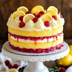 - 2 cups all-purpose flour - 1 ½ cups granulated sugar - 1 tbsp baking powder - ½ tsp salt - ½ cup unsalted butter, softened - 1 cup whole milk - 4 large eggs - Zest of 2 lemons - ¼ cup freshly squeezed lemon juice - 2 cups fresh raspberries - ½ cup granulated sugar - 1 tbsp cornstarch - 1 tbsp lemon juice - 1 cup unsalted butter, softened - 4 cups powdered sugar - 2 tbsp lemon juice - 1 tbsp lemon zest - 1-2 tbsp milk (for consistency) For this Lemon Raspberry Layer Cake, I choose fresh ingredients for the best taste. The cake needs all-purpose flour, sugar, baking powder, salt, and butter. Zesty lemons and creamy milk make the batter bright and rich. Four eggs bind it all together. For the raspberry filling, fresh raspberries add a sweet-tart burst. I mix them with sugar, cornstarch, and lemon juice to thicken and enhance the flavor. The lemon buttercream frosting is a treat of its own. Softened butter blends with powdered sugar, lemon juice, and zest to create a fluffy topping. A bit of milk adjusts the texture as needed. Gathering these ingredients sets you up for a delicious adventure in baking! {{ingredient_image_1}} - Preheat the oven to 350°F (175°C). - Grease and flour three 8-inch round cake pans. This helps the cakes release easily after baking. - In a large bowl, whisk together the flour, sugar, baking powder, and salt. Mix until well combined. - In a separate bowl, cream the softened butter. It should be light and fluffy. - Gradually add the dry mixture to the butter, alternating with the milk. Mix until just combined. - Next, add the eggs one at a time. Mix well after each addition. - Stir in the lemon zest and lemon juice. This creates a smooth and flavorful batter. - Divide the batter evenly among the three prepared pans. Make sure they are level. - Bake for 25-30 minutes. The cakes are done when golden brown and a toothpick comes out clean. - Allow the cakes to cool in the pans for about 10 minutes. Then, transfer them to a wire rack to cool completely. This step is key for a perfect layered cake. To make your Lemon Raspberry Layer Cake shine, start with fresh raspberries. Look for plump, firm berries with a bright color. Avoid any that are mushy or have mold. The flavor is best when they are ripe and in season. When it comes to lemons, choose ones that feel heavy for their size. They should have a bright, shiny skin. The best lemons for zest and juice are also juicy and aromatic. Fresh juice gives your cake a zingy taste, while the zest adds depth. Even baking is key to a great cake. Make sure your oven is preheated to 350°F (175°C) before adding the cake pans. Place the pans in the center of the oven for even heat. Rotate the pans halfway through baking to avoid hot spots. Cooling the cakes properly is just as important. Let them cool in the pans for 10 minutes. Then, transfer them to a wire rack. This step helps prevent soggy bottoms and keeps the texture light. For a perfect lemon buttercream, start with softened butter. Beat it until creamy, then slowly add powdered sugar. Mix in lemon juice, but be careful not to make it too runny. If it feels too thick, add milk one tablespoon at a time. The goal is a spreadable frosting that holds its shape. If it is too soft, add a bit more sugar. If too thick, a little milk will help. Aim for a smooth, fluffy texture that spreads easily on your cake layers. Pro Tips Room Temperature Ingredients: Make sure your butter, eggs, and milk are at room temperature before you begin. This helps create a smoother batter and a lighter cake. Don’t Overmix: When combining the wet and dry ingredients, mix until just combined. Overmixing can lead to a dense cake texture. Check for Doneness: Use a toothpick to check if the cakes are done. If it comes out clean or with a few crumbs, the cakes are ready to be taken out of the oven. Chill the Cake Layers: Allow the cake layers to cool completely before frosting. If you frost warm layers, the frosting can melt and slide off. {{image_2}} You can switch up the flavor of your Lemon Raspberry Layer Cake. Try using different fruits for the filling. Strawberries or blueberries work well. Their sweet and tart notes pair nicely with lemon. You can also experiment with extracts. Vanilla can add warmth. Almond extract adds a nutty twist. Just a few drops can change the cake’s flavor profile. If you need a gluten-free option, use almond or coconut flour instead of all-purpose flour. They give a nice texture while keeping it light. For a vegan version, swap the eggs with flax eggs or applesauce. Use plant-based butter and a non-dairy milk for the frosting. You still get a delicious cake without animal products. Presentation matters! You can use different garnishing techniques. Consider drizzling extra raspberry sauce on the plate. Add edible flowers for a pop of color. For themed decorations, think about the season. In spring or summer, fresh berries and lemon slices look great. You can also use colorful sprinkles for a fun birthday cake. To keep your Lemon Raspberry Layer Cake fresh, store it in the fridge. Wrap the cake slices in plastic wrap. This helps keep the cake moist. You can also place the cake in an airtight container. If you have leftover cake layers, wrap them tightly in plastic wrap. Then, place them in a freezer bag. This way, you can enjoy the cake later without losing flavor. You should eat the leftover cake within three to four days. After this time, the cake may start to lose its taste. Look for signs that the cake has gone bad. If you notice an off smell or mold, it's time to toss it. The cake should always look fresh and smell sweet. If it does not, do not eat it. To keep your cake flat, start by leveling the batter. Use a spatula to spread the batter evenly in the pans. Bake one pan at a time if you have an uneven oven. You can also use baking strips. Soak them in water and wrap them around the pans. This helps cakes bake more evenly. Lastly, don’t open the oven door often. It lets heat escape and can cause doming. Yes, you can use frozen raspberries. Just make sure they are thawed and drained well. Frozen berries may have extra moisture, so you might need to adjust the sugar or cornstarch slightly. This helps keep your filling thick and tasty. Remember, they may not hold their shape as well as fresh ones, but they still taste great! If you need a butter substitute, try using coconut oil or margarine. These options work well for a creamy texture. You can also use shortening if you want a stable frosting. Just remember, the flavor may change a bit. You can add a touch of vanilla or lemon zest to make it taste great! This post covered everything you need to make a delicious lemon raspberry cake. We explored the key ingredients for the cake, filling, and frosting. You learned step-by-step instructions to bake it perfectly and got helpful tips to ensure success. Plus, we discussed fun variations and safe storage methods. Baking is both fun and rewarding. Experiment with flavors and enjoy the process. I hope you create a cake that brings joy to your table!